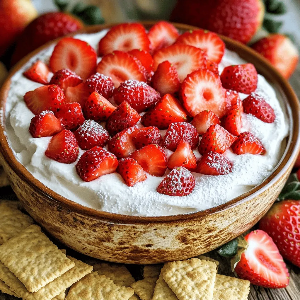 To make this tasty dip, you need these key items: - 8 oz cream cheese, softened - 1 cup powdered sugar - 1 tsp vanilla extract - 1/2 cup sour cream - 1 cup fresh strawberries, hulled and diced These ingredients create a rich and creamy base. Cream cheese adds a smooth texture. Powdered sugar gives it sweetness. Vanilla extract adds a warm flavor. Sour cream makes it tangy and creamy. The fresh strawberries bring a fruity burst. You have many fun choices for dipping: - Graham crackers - Vanilla wafers - Fresh fruit Graham crackers offer a crunchy contrast. Vanilla wafers add a sweet flavor. Fresh fruit like apple slices or banana pieces can make it fresh and healthy. For a pretty finish, consider these garnishes: - Sliced strawberries - Whipped cream Sliced strawberries on top look great and taste fresh. A dollop of whipped cream adds extra creaminess and fun. These garnishes make your dip look as good as it tastes. 1. Start by mixing the cream cheese. Use a bowl and an electric mixer. Beat until it is smooth and creamy. This step is key for a fluffy dip. 2. Next, add the powdered sugar. Sprinkle it in slowly while mixing. This keeps your dip light and airy. Then, mix until everything is fluffy. 3. Now, stir in the vanilla extract and sour cream. Mix until fully combined. This adds flavor and creaminess to your dip. 4. Gently fold in the diced strawberries. Use a spatula to combine them evenly. This gives the dip a fresh, fruity taste. 5. For presentation, transfer your dip to a serving bowl. Top it with sliced strawberries. This makes it look bright and inviting. - The best snacks for dipping are graham crackers or vanilla wafers. Fresh fruit also pairs well. Each option adds a nice crunch. - For gatherings, plate the dip with style. Use a colorful bowl and arrange the snacks around it. This will catch everyone’s eye and invite them to dig in! You can make this dip even better with some swaps. For a healthier option, use Greek yogurt instead of cream cheese. It gives you a nice tang and cuts fat. You can also use light cream cheese if you want to keep it simple. If you want to cut down on sugar, try using honey or maple syrup instead of powdered sugar. Just remember, these sweeteners can change the dip's texture a bit. Adjust the amounts to keep it sweet but smooth. Serving is part of the fun! Use creative bowls like glass jars or colorful plates. These can make your dip stand out. You can also layer the dip in a clear bowl to show off the pretty colors. Garnishing can elevate your dip. Use sliced strawberries on top for a fresh look. A sprinkle of crushed graham crackers adds texture and fun. You can also add a mint leaf for a pop of color. Watch out for over-mixing the dip. If you mix too long, it can become runny. Mix just until everything is combined and fluffy. Also, choose the right strawberries. Fresh, ripe strawberries taste best. Avoid overripe or mushy ones. They can make your dip watery and less tasty. Always check for firm berries to get that perfect flavor. {{image_2}} You can change the taste of your dip with fun flavors. For a chocolate twist, add cocoa powder or melted chocolate. This gives you a rich Chocolate Strawberry Cheesecake Dip. You will love the mix of sweet chocolate and fresh strawberries. For a zesty kick, try a Lemon Strawberry Variation. Just mix in some lemon juice and lemon zest. This brightens the dip and makes it perfect for spring. In spring, you can make a Spring Fruit Dip. Add berries like blueberries and raspberries for a colorful treat. Serve it at picnics or garden parties. It looks great and tastes even better. For holidays, think about a Holiday-themed version. You can mix in crushed peppermint for winter or pumpkin spice for fall. These add warmth and cheer to your gatherings. If you want a vegan option, use dairy-free cream cheese. You can also swap out the sour cream for coconut cream. This Vegan Strawberry Cheesecake Dip will satisfy everyone, even those who avoid dairy. For gluten-free options, use gluten-free graham crackers or fruit for dipping. This way, all your guests can enjoy this tasty treat without worry. To keep your strawberry cheesecake dip fresh, use an airtight container. Glass or plastic containers work well. Make sure to seal the lid tightly. This keeps air out and helps maintain flavor. Store the dip in the fridge for up to three days. You can freeze the dip if you have extra. Use a freezer-safe container. Leave some space at the top, as the dip may expand. It can stay in the freezer for up to two months. To thaw, move it to the fridge overnight. Stir it well before serving to restore its creamy texture. For the best taste, enjoy the dip within three days. After that, it may lose flavor and texture. Watch for signs that the dip has gone bad. If you see any mold or if it smells off, throw it away. Your health is important, so always check before eating. To make this dip, follow these steps: 1. Beat 8 oz of softened cream cheese until it is smooth. 2. Gradually add 1 cup of powdered sugar and mix well. 3. Stir in 1 tsp of vanilla extract and 1/2 cup of sour cream. 4. Fold in 1 cup of hulled and diced strawberries. 5. Transfer to a bowl and top with 1/4 cup of sliced strawberries. 6. Serve with graham crackers, vanilla wafers, or fresh fruit. This dip takes just 15 minutes to prep and is perfect for sharing. Yes, you can prepare this dip in advance. Store it in an airtight container. Keep it in the fridge for up to 2 days. This helps the flavors blend well. Just give it a quick stir before serving. If you want to switch it up, try using other fruits. Blueberries, raspberries, or diced peaches work great. You can also mix different fruits for a fun twist. Just ensure the fruit is fresh and chopped small. This keeps the dip smooth and yummy. This blog post covered how to make a delicious Strawberry Cheesecake Dip. We explored key ingredients like cream cheese and fresh strawberries. You learned step-by-step instructions and tips for serving and storing. We also shared variations and potential mistakes to avoid. In closing, this dip is versatile and fun for gatherings. Try different flavors and enjoy your creation!