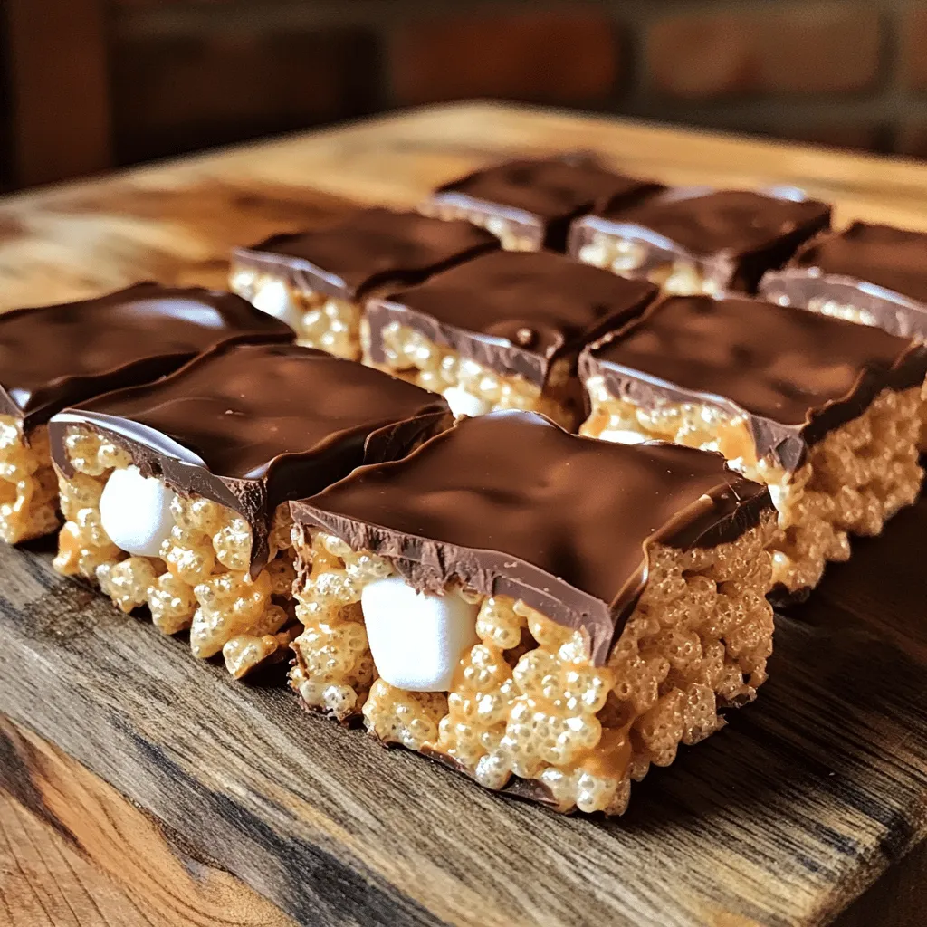 - 4 cups Rice Krispies cereal - 1 cup creamy peanut butter - 1 cup semi-sweet chocolate chips - 1/2 cup unsalted butter - 1 cup mini marshmallows - 1 teaspoon vanilla extract - Pinch of salt Can you swap ingredients? Yes, you can. Here are some great options: - Alternative nut butters: If you have a nut allergy, use sun butter or soy nut butter. They work well with the recipe. - Types of chocolate chips: Dark chocolate or white chocolate chips add fun flavors. You can choose what you like best. - Marshmallow substitutes: If you want a vegan option, try vegan marshmallows. They taste great and keep the treats sweet. Using these swaps can help you find the perfect flavor for your treats. Enjoy mixing and matching! How to prepare the baking dish First, take your 9x13 inch baking dish. You can grease it with butter. Alternatively, use parchment paper for easy removal later. Melting the butter and chocolate In a medium saucepan, add the unsalted butter and the semi-sweet chocolate chips. Heat them on low. Stir often until the mixture becomes smooth and glossy. This step is key for a rich flavor. Incorporating peanut butter and marshmallows After the chocolate mixture melts, remove the saucepan from heat. Stir in the creamy peanut butter. Mix well until it's fully blended. Then, add the mini marshmallows. Stir gently until they start to soften. They should not fully melt yet. Combining with Rice Krispies In a large bowl, place the Rice Krispies cereal. Pour the warm chocolate-peanut butter-marshmallow mixture over the cereal. Use a spatula to fold gently. Ensure every piece of cereal gets coated with the gooey mixture. Pressing the mixture into the pan Transfer the mixture into your prepared baking dish. With a spatula or your clean hands, press it down firmly into an even layer. This helps the treats hold together. Cooling and cutting the treats Let the treats cool at room temperature for about 30 minutes. Once they are set, cut them into squares or rectangles. Now your delicious chocolate peanut butter rice krispie treats are ready to enjoy! To get the best texture in your treats, focus on marshmallow use. You need one cup of mini marshmallows. This amount helps the mixture hold together. If you add too few, your treats can fall apart. If you add too many, they may become too sticky. Pressing the mixture firmly into the pan is very important. Use a spatula or your hands to make it even. This step helps the treats set well. If you skip it, they may not hold their shape. This makes serving your treats easier and more fun. You can add a pinch of cinnamon or sea salt to boost flavor. This small step makes a big difference in taste. It adds depth and balances the sweetness. You can also try optional toppings. Consider crushed nuts or colorful sprinkles for a fun twist. If your treats become too sticky, try these tips. First, make sure to grease your pan well. You can also use parchment paper. This helps with removal and keeps them from sticking. If they are still sticky, you can chill them in the fridge for a short time. If your treats turn out too dry, don’t worry. You can fix this by adding a bit of melted butter or peanut butter. This extra moisture can help bring them back to life. Just mix it in gently to avoid breaking them apart. {{image_2}} You can boost the taste of your treats in fun ways. Try adding shredded coconut or dried fruit. These will add new flavors and textures. You can also use flavored marshmallows, like strawberry or caramel. This simple swap can make your treats special and exciting. Many people have different diets. You can make gluten-free treats by using gluten-free Rice Krispies. This is an easy way to keep everyone happy. If you want vegan options, use coconut oil instead of butter. Substitute regular marshmallows with vegan ones to keep it tasty and plant-based. Get creative for special events! For holidays, use colored chocolate to match the theme. For example, red and green for Christmas or orange and black for Halloween. You can also make mini versions for parties. These bite-sized treats are perfect for sharing and fun to eat. To keep your Chocolate Peanut Butter Rice Krispie Treats fresh, store them properly. I recommend placing them in an airtight container. This helps keep them soft and tasty. You can also wrap them tightly in plastic wrap before putting them in the container. - Use a glass or plastic container with a lid. - Make sure the container is completely sealed to avoid air exposure. When stored at room temperature, these treats last about a week. Keep them in a cool place, away from direct sunlight. If you want to save them longer, you can freeze them. Just wrap each treat individually in plastic wrap, then place them in a freezer bag. - At room temperature: last about 7 days. - In the freezer: can last up to 3 months. When it's time to enjoy your treats again, you might want them soft. To reheat, place them in the microwave for about 10-15 seconds. This warms them up without making them hard. For a fun twist, consider adding toppings after reheating. - Drizzle melted chocolate on top for extra taste. - Sprinkle some sea salt or crushed nuts for a crunchy finish. Yes, you can make these treats ahead of time. To do this, let them cool completely. Once cool, cut them into squares. Place them in an airtight container. Store them at room temperature for up to 3 days. If you want them fresh, you can freeze them. Just wrap each square in plastic wrap and put them in a freezer-safe bag. When you're ready to enjoy, let them thaw at room temperature. If you need nut-free options, you can use sun butter or soy nut butter. Both have a similar texture to peanut butter. They add great flavor without nuts. Make sure to check labels to avoid any cross-contamination. You can also use seed butters like pumpkin seed butter for a fun twist. Yes, you can! If you want to switch cereals, try using Corn Pops or Cheerios. Both will give you a different taste and texture. You can even mix cereals for added fun. Just keep the same amount to ensure the treats hold together. This allows for a new experience every time you make them! This blog post provided a clear guide on making delicious Rice Krispies treats. We covered essential ingredients, substitutions, and step-by-step instructions for prep. You learned tips for perfect texture and flavor, along with creative variations and proper storage. Remember, making these treats should be fun and easy. Experiment with flavors and enjoy the process. With a little practice, you'll master this classic recipe and impress friends and family. Enjoy making your treats!