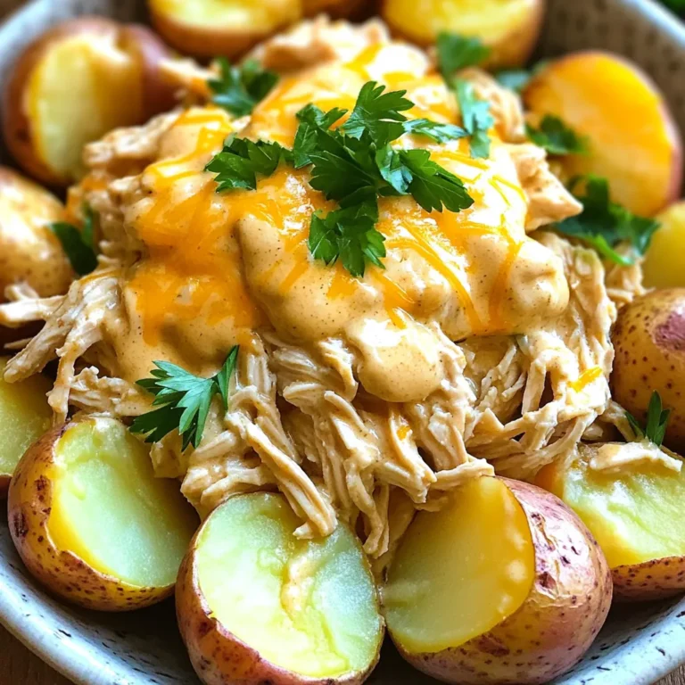 - 4 boneless, skinless chicken breasts - 1 packet (1 oz) ranch seasoning mix - 1 can (10.5 oz) cream of chicken soup - 1 cup chicken broth - ½ cup sour cream - 1 cup shredded cheddar cheese - 1 cup baby potatoes, halved - 1 teaspoon garlic powder - 1 teaspoon onion powder - Salt and pepper to taste In this recipe, the chicken breasts form the base of our dish. They soak up all the rich flavors as they cook. The ranch seasoning mix brings a zesty kick to the creamy sauce. The cream of chicken soup adds a smooth texture. Next, we have the chicken broth, which keeps the chicken moist and tender. Sour cream enhances the creaminess and gives depth to the flavor. Shredded cheddar cheese melts beautifully, adding a sharp taste that everyone loves. The baby potatoes round out the meal, soaking up all the delicious sauce. For seasonings, garlic powder and onion powder boost the flavor profile without overpowering the dish. Salt and pepper are essential to balance everything out and make each bite delightful. With these ingredients, you’ll create a meal that is not only easy but also full of flavor. Enjoy the process of making this comforting dish! - First, place the chicken breasts at the bottom of the slow cooker. Make sure they are spread out evenly. This helps them cook well and stay juicy. - Next, mix the creamy ranch sauce in a medium bowl. Combine the ranch seasoning mix, cream of chicken soup, chicken broth, sour cream, garlic powder, onion powder, salt, and pepper. Stir until everything is smooth and well-blended. - Now, pour the creamy ranch mixture over the chicken. Make sure each piece is coated well. This is what makes the chicken so flavorful! - Then, add the halved baby potatoes on top of the chicken. This way, they soak up all the tasty sauce while cooking. - Cover the slow cooker. Cook on low for 6-8 hours or on high for 3-4 hours. The chicken should be tender and fully cooked. - About 30 minutes before you serve, sprinkle the shredded cheddar cheese over the chicken and potatoes. Cover the cooker again and let the cheese melt. - Once everything is done, shred the chicken using two forks right in the slow cooker. Stir it all together to mix the flavors. - Serve hot, and don’t forget to garnish with fresh parsley. It adds color and a nice touch! To get the best results with chicken in a slow cooker, follow these tips: - Start with thawed chicken. Frozen chicken can cook unevenly. - Layer smartly. Place chicken at the bottom for even cooking. - Don’t peek. Each time you open the lid, you lose heat and cooking time. To prevent overcooking, use these strategies: - Choose the right setting. Low is best for tenderness. High cooks faster but may dry out the meat. - Check doneness. Chicken is done when it reaches 165°F. A meat thermometer helps! To enhance the creamy ranch chicken flavor, try adding: - Extra spices like smoked paprika or cayenne for heat. - Fresh herbs like thyme or rosemary for a fresh twist. For garnish, use fresh parsley. It adds color and a touch of brightness. Pair this dish with simple side dishes: - Steamed vegetables like green beans or broccoli for color and crunch. - Rice or mashed potatoes to soak up the creamy sauce. When serving, use a large platter. Shred the chicken and mix in the baby potatoes. This makes for a beautiful, inviting presentation. Garnish with parsley before serving for a pop of color. {{image_2}} - Alternatives for chicken: You can use turkey breasts or thighs. For a plant-based option, try chickpeas or tofu. - Cream soup options: If you want a lighter choice, use cream of mushroom soup or a homemade white sauce. Both will add great flavor. - Gluten-free version: Ensure your ranch seasoning and cream soup are gluten-free. Many brands offer safe options for gluten-free diets. - Dairy-free adaptations: Swap out sour cream with coconut yogurt. Use dairy-free cheese to keep it creamy without dairy. - Adding vegetables or herbs: Toss in diced carrots, bell peppers, or spinach for extra nutrition. Fresh herbs like thyme or rosemary will enhance the flavor. - Adjusting spice levels: If you like it spicy, add crushed red pepper flakes. For a milder taste, stick to just the ranch seasoning. To keep your Slow Cooker Creamy Ranch Chicken fresh, store leftovers properly. First, let the dish cool down to room temperature. Then, divide it into smaller portions. This helps cool it faster and makes it easy to reheat later. Use airtight containers for storage. Glass containers work great since they do not stain. You can also use plastic containers. Ensure they are freezer-safe if you plan to freeze the dish. When it comes to reheating, you have two good options: the oven or microwave. The oven keeps the chicken juicy and the potatoes soft. Heat it at 350°F (175°C) for about 20-25 minutes. Cover it with foil to keep moisture in. The microwave is quicker. Place your portion on a microwave-safe plate. Heat it for 1-2 minutes, checking every 30 seconds. Stir to ensure even heating. Keep in mind that the microwave might dry it out a bit. Freezing is a great way to save your Slow Cooker Creamy Ranch Chicken. To freeze, let the dish cool completely. Then, transfer it to a freezer-safe container. Remove as much air as possible to prevent freezer burn. For best results, use it within 3 months. To thaw, move the container from the freezer to the fridge. Let it sit overnight. If you're in a hurry, you can use the microwave’s defrost setting. Just be careful not to cook it while thawing. It takes about 6-8 hours on low or 3-4 hours on high. The chicken needs time to cook slowly until it is tender and juicy. The longer cooking time allows the flavors to blend, creating a rich taste. Yes, you can use frozen chicken breasts. However, you must adjust the cooking time. It may take an extra hour on low or about 30 minutes on high. Always ensure the chicken is fully cooked before serving. Here are some great sides to complement the recipe: - Rice or quinoa for a hearty base - Steamed vegetables like broccoli or green beans - A fresh salad with light dressing - Garlic bread for a fun twist Yes, you can adapt this recipe for an Instant Pot. First, use the sauté function to brown the chicken. Then, add the creamy ranch mixture and potatoes. Cook on high pressure for about 10-12 minutes. Allow it to naturally release pressure for 10 minutes before serving. This method gives you a quicker, yet still delicious, meal. This blog post shared a simple way to make Slow Cooker Creamy Ranch Chicken. We covered key ingredients, cooking steps, and tips for flavor. You learned how to customize the dish and store leftovers. Remember, this recipe is flexible and allows for dietary changes. Simple adjustments can make it uniquely yours. Enjoy cooking this dish, and don't hesitate to get creative. Cooking should be fun and rewarding. Try it out, and enjoy the delicious results!