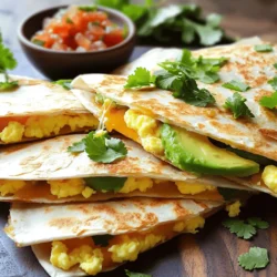 - 4 large eggs - 1 ripe avocado, sliced - 1 cup shredded cheese (cheddar or pepper jack) - 4 flour tortillas (8-inch) - 1 tablespoon olive oil - 1/2 teaspoon garlic powder - Salt and pepper to taste - Fresh cilantro, chopped (for garnish) - Salsa or hot sauce (for serving) When I make these quesadillas, I keep it simple yet delicious. The main ingredients are eggs, avocado, cheese, and tortillas. You want ripe avocados; they add creaminess and flavor. Choose fresh flour tortillas. They hold everything together. For seasonings, I use olive oil to cook the eggs. Garlic powder gives a nice kick. Salt and pepper are key too. You can adjust these to match your taste. Fresh cilantro adds color and freshness. Salsa or hot sauce makes the dish even better. These ingredients blend well. They create a tasty and filling breakfast. You can enjoy them on busy mornings or lazy weekends. Start by cracking the eggs into a medium bowl. Next, whisk them well. Add garlic powder, salt, and pepper to taste. Whisk again. This mix will add flavor to your eggs. Heat a non-stick skillet over medium heat. Add one tablespoon of olive oil. Once hot, pour in the eggs. Stir gently as they cook. It takes about 2-3 minutes. You want them just set, not dry. Remove the skillet from heat when done. On a clean surface, lay out two flour tortillas. Sprinkle half of the shredded cheese on each tortilla. Next, add the scrambled eggs evenly over the cheese. Then, layer the avocado slices on top. Finally, sprinkle the rest of the cheese over the avocado. Place the remaining tortillas on top. Put the quesadillas in the same skillet. Cook each side over medium-low heat. Toast them for about 3-4 minutes. You want them golden brown and the cheese melted. Once done, remove from the skillet. Let them sit for a minute before cutting into quarters. To prevent sticking, always use a non-stick skillet. Heat your skillet on medium before adding oil. This helps the oil spread evenly. When cooking the eggs, stir gently. This keeps them from sticking and cooks them evenly. Don’t rush the cooking; slow and steady is the key. For creamy scrambled eggs, whisk them well. This adds air and helps them cook fluffy. Cook them until just set, not dry. When making the quesadillas, use medium-low heat. This lets the tortillas crisp up while the cheese melts. Flip the quesadillas carefully with a spatula to avoid spills. Serve your quesadillas with salsa or hot sauce for a kick. Fresh fruit on the side makes a great contrast. You can also add a dollop of sour cream or Greek yogurt. Pair with a simple salad for extra greens. Enjoy your meal with a refreshing drink, like juice or iced tea. {{image_2}} You can switch up the cheese for a different taste. Try mozzarella or feta cheese. Use corn tortillas for a gluten-free option. If you want more protein, add cooked bacon or sausage. You can also skip the cheese and add more avocado for a creamy texture. Spice things up with a pinch of cayenne or chili powder. You can also add diced bell peppers, onions, or spinach. Cook these veggies in the skillet before adding the eggs. For meat lovers, try adding chorizo or shredded chicken for a heartier meal. To make these quesadillas vegan, replace the eggs with tofu scramble. Use a plant-based cheese to keep it dairy-free. For a low-calorie version, use less cheese and add more veggies. You can also choose whole wheat tortillas for added fiber. To keep your quesadillas fresh in the fridge, place them in an airtight container. Make sure to let them cool first. They can stay good for up to three days. If you stack them, place parchment paper between each one. This step prevents sticking and keeps them intact for later. The best way to reheat quesadillas is on the stovetop. Heat a skillet over medium heat. Place the quesadilla in the skillet for about 2-3 minutes on each side. This method helps restore that crispy texture. You can also use a microwave, but it may make them a bit soggy. If you use the microwave, place a paper towel over the quesadilla to absorb moisture. To freeze quesadillas for quick breakfasts later, let them cool completely first. Wrap each quesadilla tightly in plastic wrap. Then, place them in a freezer bag or airtight container. They can last up to two months in the freezer. When you’re ready to enjoy them, thaw in the fridge overnight and reheat in the skillet. This way, you can savor that fresh taste anytime! You can prep the filling early. Cook the eggs and let them cool. Slice the avocado, too. Store them in separate containers in the fridge. When you're ready to eat, just assemble the quesadillas. This saves time on busy mornings. You can also cook the quesadillas in advance. Store them in the fridge or freezer. Reheat in a skillet or microwave when needed. Yes, you can! Cheddar and pepper jack are great choices. You can also try mozzarella for a milder taste. If you want more flavor, use gouda or feta. Experimenting with cheese gives your quesadillas a fun twist. Just make sure it melts well for that gooey texture. Several quick sides work well. Fresh fruit like berries or sliced apples adds sweetness. A side of yogurt with honey is tasty, too. You can also serve a simple green salad. Salsa or hot sauce is a must for dipping. These sides make your meal complete and colorful. Absolutely! Air fryers cook quesadillas quickly and evenly. Preheat your air fryer to 375°F. Assemble the quesadillas as usual. Place them in the air fryer basket. Cook for about 5-7 minutes per side. Check for a golden-brown color and melted cheese. Air frying keeps them crispy without extra oil. The Avocado Egg Breakfast Quesadillas are easy and tasty. We covered key ingredients, including eggs, cheese, and tortillas. I walked you through each step, from scrambling eggs to toasting the quesadillas. I also shared tips to get the best texture and prevent sticking. Plus, we explored fun variations and storage ideas. In the end, this recipe is simple and flexible. Try different ingredients to fit your taste. Enjoy your next breakfast with this fun meal!