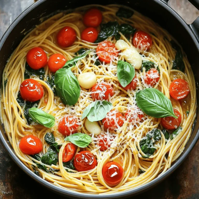 - 12 oz spaghetti or fettuccine - 1 head of garlic - 3 tablespoons olive oil For this dish, I love using spaghetti or fettuccine. Both types work great. The garlic is the star here, giving a rich flavor. Olive oil adds a nice touch and helps with cooking. - 4 cups vegetable broth - 1 teaspoon red pepper flakes (optional) - 1 teaspoon dried Italian herbs Vegetable broth is perfect for a flavorful base. I often add red pepper flakes for a kick. Dried Italian herbs mix in well, enhancing the dish's taste. - 1 cup cherry tomatoes, halved - 1 cup baby spinach - Fresh basil leaves Cherry tomatoes add sweetness and color. Baby spinach wilts nicely, adding nutrition. Fresh basil leaves give a lovely aroma and finish to the dish. - ¼ cup grated Parmesan cheese - Salt and black pepper I suggest adding Parmesan cheese for creaminess. Don’t forget to season with salt and black pepper to taste. These final touches make the dish feel special. To roast the garlic, first, preheat your oven to 400°F (200°C). Take a head of garlic and slice off the top. Drizzle 1 tablespoon of olive oil on it. Wrap the garlic in aluminum foil. Place it in the oven for about 30 to 35 minutes. You want it to become soft and caramelized. This step adds a sweet, rich flavor to your dish. While the garlic roasts, grab a large pot. Combine the uncooked spaghetti or fettuccine with 4 cups of vegetable broth. Add 2 tablespoons of olive oil, 1 teaspoon of red pepper flakes (if you like some heat), and 1 teaspoon of dried Italian herbs. Bring the pot to a boil over medium-high heat. Make sure the pasta is fully submerged in the broth. Once the water is boiling, lower the heat to medium-low. Cover the pot and let it simmer for about 10 to 12 minutes. Stir it occasionally to keep it from sticking. The pasta should be al dente, and most of the broth will be absorbed. Now it’s time to add the roasted garlic. Unwrap it and squeeze the cloves into the pasta. Next, toss in 1 cup of halved cherry tomatoes and 1 cup of baby spinach. Stir everything together until the spinach wilts and the tomatoes soften. Taste your pasta and season with salt and black pepper as needed. For an extra creamy touch, mix in some grated Parmesan cheese. To get the best pasta, cook it al dente. This means it should be firm but not hard. How can I ensure al dente pasta? Start by checking the pasta a minute or two before the time on the package. If it’s just a bit firm, it's ready. The pasta will keep cooking after you take it off the heat. Adjust flavors to suit your taste. How can I adjust flavors and seasonings? You can add more salt or black pepper to enhance the dish. If you like heat, toss in more red pepper flakes. Taste the pasta as you cook. This helps you find the perfect balance. Serve the pasta in a way that looks nice. What are some serving methods for visual appeal? You can serve it straight from the pot for a cozy look. Or, put it in bowls for a more elegant touch. Drizzle a bit of olive oil on top for shine. Add garnishes to make it pretty. What are some garnishing suggestions? Fresh basil leaves add color and flavor. A sprinkle of Parmesan cheese also looks great and adds taste. You can even toss in a few cherry tomato halves on top for a pop of color. Using the right tools makes cooking easier. What are the ideal pots and utensils for the recipe? A large pot is best for cooking pasta and broth together. Choose a pot with a lid to help it simmer well. A wooden spoon works great for stirring. Roasting garlic needs some special tools. What are helpful tools for roasting garlic? You need aluminum foil to wrap the garlic. A small baking dish or tray helps keep it steady in the oven. A sharp knife cuts the top off the garlic easily. {{image_2}} If you need gluten-free pasta options, use rice or quinoa pasta. These types work well in this dish. They cook a bit faster, so check them often while cooking. For a vegan alternative, skip the cheese. Instead, try nutritional yeast. It gives a cheesy flavor without dairy. You can also add more veggies for texture and taste. To add protein, mix in cooked chicken or shrimp. Both options raise the dish's heartiness. If you prefer plant-based protein, try chickpeas or lentils. They blend smoothly with pasta. You can also change up the veggies. Zucchini, bell peppers, or mushrooms add color and flavor. Just sauté them lightly before adding them to the pasta. For a spicy kick, increase the red pepper flakes. Add them to your taste. If you want a milder version, leave them out or use just a pinch. Experiment with different herbs. Fresh parsley or thyme can change the flavor profile. Basil is great for a classic taste, while oregano adds warmth. Adjust herbs based on your mood or season! Store your leftover One-Pot Roasted Garlic Pasta in an airtight container. This keeps it fresh. You can refrigerate it for up to 3 days. Make sure it cools down to room temperature before you seal it. To reheat, use a skillet over medium heat. Add a splash of olive oil or vegetable broth. This helps keep the pasta moist and tasty. Stir gently until heated through. Avoid high heat, as it can dry out the pasta. You can freeze this pasta dish if you have extra. Place it in a freezer-safe container. It stays good for up to 2 months. To thaw, move it to the fridge overnight. Reheat on the stove with a splash of vegetable broth for best results. This method keeps the flavors and texture intact. To boost the flavor of your pasta, use a rich broth. Start with vegetable broth. You can add more spices too. Red pepper flakes give a nice kick. Dried Italian herbs like basil, oregano, and thyme enhance the taste. You can also add salt and black pepper to fit your taste. Fresh ingredients, like cherry tomatoes and spinach, bring extra flavor. Lastly, finish with grated Parmesan cheese for creaminess. Yes, but the taste will change. Whole garlic is sharp and pungent. Roasting garlic makes it sweet and soft. The roasted garlic adds a rich depth to the dish. If you use whole garlic, you might want less. Roasted garlic blends well with the pasta. It creates a creamy texture that whole garlic cannot. If you don’t have vegetable broth, you can use chicken broth. Water with added herbs also works. Try using a mix of both for a lighter flavor. If you want a richer taste, add a splash of white wine. This adds depth without overpowering the dish. Just remember, the broth you choose affects the overall flavor. To keep pasta from sticking, stir it while it cooks. Use a large pot with enough broth. This helps the pasta move freely. Start stirring once it begins to boil. Cover the pot to keep the heat in but stir every few minutes. If you notice it sticking, add a bit more broth. This keeps the pasta from clumping. This blog post covered every step to make a flavorful pasta dish. From key ingredients to cooking tips, you now have a complete guide. Remember to roast garlic for a rich taste. Adjust seasonings to match your flavor needs. Experiment with variations for dietary preferences. Proper storage and reheating keep your leftovers delicious. Enjoy the process, and don’t hesitate to try new ideas. Your cooking skills will grow with each dish you make. Dive in and create something amazing!
