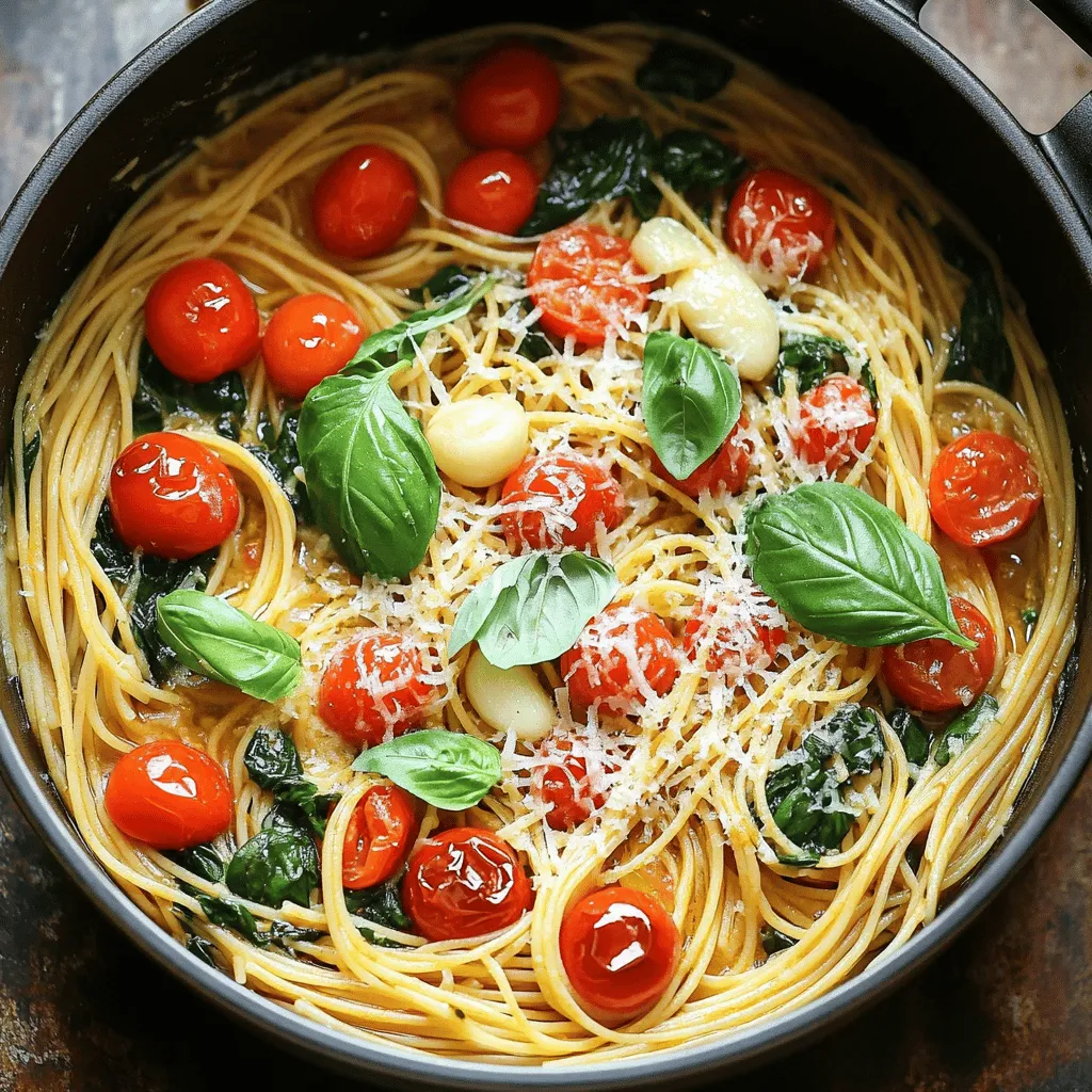 - 12 oz spaghetti or fettuccine - 1 head of garlic - 3 tablespoons olive oil For this dish, I love using spaghetti or fettuccine. Both types work great. The garlic is the star here, giving a rich flavor. Olive oil adds a nice touch and helps with cooking. - 4 cups vegetable broth - 1 teaspoon red pepper flakes (optional) - 1 teaspoon dried Italian herbs Vegetable broth is perfect for a flavorful base. I often add red pepper flakes for a kick. Dried Italian herbs mix in well, enhancing the dish's taste. - 1 cup cherry tomatoes, halved - 1 cup baby spinach - Fresh basil leaves Cherry tomatoes add sweetness and color. Baby spinach wilts nicely, adding nutrition. Fresh basil leaves give a lovely aroma and finish to the dish. - ¼ cup grated Parmesan cheese - Salt and black pepper I suggest adding Parmesan cheese for creaminess. Don’t forget to season with salt and black pepper to taste. These final touches make the dish feel special. To roast the garlic, first, preheat your oven to 400°F (200°C). Take a head of garlic and slice off the top. Drizzle 1 tablespoon of olive oil on it. Wrap the garlic in aluminum foil. Place it in the oven for about 30 to 35 minutes. You want it to become soft and caramelized. This step adds a sweet, rich flavor to your dish. While the garlic roasts, grab a large pot. Combine the uncooked spaghetti or fettuccine with 4 cups of vegetable broth. Add 2 tablespoons of olive oil, 1 teaspoon of red pepper flakes (if you like some heat), and 1 teaspoon of dried Italian herbs. Bring the pot to a boil over medium-high heat. Make sure the pasta is fully submerged in the broth. Once the water is boiling, lower the heat to medium-low. Cover the pot and let it simmer for about 10 to 12 minutes. Stir it occasionally to keep it from sticking. The pasta should be al dente, and most of the broth will be absorbed. Now it’s time to add the roasted garlic. Unwrap it and squeeze the cloves into the pasta. Next, toss in 1 cup of halved cherry tomatoes and 1 cup of baby spinach. Stir everything together until the spinach wilts and the tomatoes soften. Taste your pasta and season with salt and black pepper as needed. For an extra creamy touch, mix in some grated Parmesan cheese. To get the best pasta, cook it al dente. This means it should be firm but not hard. How can I ensure al dente pasta? Start by checking the pasta a minute or two before the time on the package. If it’s just a bit firm, it's ready. The pasta will keep cooking after you take it off the heat. Adjust flavors to suit your taste. How can I adjust flavors and seasonings? You can add more salt or black pepper to enhance the dish. If you like heat, toss in more red pepper flakes. Taste the pasta as you cook. This helps you find the perfect balance. Serve the pasta in a way that looks nice. What are some serving methods for visual appeal? You can serve it straight from the pot for a cozy look. Or, put it in bowls for a more elegant touch. Drizzle a bit of olive oil on top for shine. Add garnishes to make it pretty. What are some garnishing suggestions? Fresh basil leaves add color and flavor. A sprinkle of Parmesan cheese also looks great and adds taste. You can even toss in a few cherry tomato halves on top for a pop of color. Using the right tools makes cooking easier. What are the ideal pots and utensils for the recipe? A large pot is best for cooking pasta and broth together. Choose a pot with a lid to help it simmer well. A wooden spoon works great for stirring. Roasting garlic needs some special tools. What are helpful tools for roasting garlic? You need aluminum foil to wrap the garlic. A small baking dish or tray helps keep it steady in the oven. A sharp knife cuts the top off the garlic easily. {{image_2}} If you need gluten-free pasta options, use rice or quinoa pasta. These types work well in this dish. They cook a bit faster, so check them often while cooking. For a vegan alternative, skip the cheese. Instead, try nutritional yeast. It gives a cheesy flavor without dairy. You can also add more veggies for texture and taste. To add protein, mix in cooked chicken or shrimp. Both options raise the dish's heartiness. If you prefer plant-based protein, try chickpeas or lentils. They blend smoothly with pasta. You can also change up the veggies. Zucchini, bell peppers, or mushrooms add color and flavor. Just sauté them lightly before adding them to the pasta. For a spicy kick, increase the red pepper flakes. Add them to your taste. If you want a milder version, leave them out or use just a pinch. Experiment with different herbs. Fresh parsley or thyme can change the flavor profile. Basil is great for a classic taste, while oregano adds warmth. Adjust herbs based on your mood or season! Store your leftover One-Pot Roasted Garlic Pasta in an airtight container. This keeps it fresh. You can refrigerate it for up to 3 days. Make sure it cools down to room temperature before you seal it. To reheat, use a skillet over medium heat. Add a splash of olive oil or vegetable broth. This helps keep the pasta moist and tasty. Stir gently until heated through. Avoid high heat, as it can dry out the pasta. You can freeze this pasta dish if you have extra. Place it in a freezer-safe container. It stays good for up to 2 months. To thaw, move it to the fridge overnight. Reheat on the stove with a splash of vegetable broth for best results. This method keeps the flavors and texture intact. To boost the flavor of your pasta, use a rich broth. Start with vegetable broth. You can add more spices too. Red pepper flakes give a nice kick. Dried Italian herbs like basil, oregano, and thyme enhance the taste. You can also add salt and black pepper to fit your taste. Fresh ingredients, like cherry tomatoes and spinach, bring extra flavor. Lastly, finish with grated Parmesan cheese for creaminess. Yes, but the taste will change. Whole garlic is sharp and pungent. Roasting garlic makes it sweet and soft. The roasted garlic adds a rich depth to the dish. If you use whole garlic, you might want less. Roasted garlic blends well with the pasta. It creates a creamy texture that whole garlic cannot. If you don’t have vegetable broth, you can use chicken broth. Water with added herbs also works. Try using a mix of both for a lighter flavor. If you want a richer taste, add a splash of white wine. This adds depth without overpowering the dish. Just remember, the broth you choose affects the overall flavor. To keep pasta from sticking, stir it while it cooks. Use a large pot with enough broth. This helps the pasta move freely. Start stirring once it begins to boil. Cover the pot to keep the heat in but stir every few minutes. If you notice it sticking, add a bit more broth. This keeps the pasta from clumping. This blog post covered every step to make a flavorful pasta dish. From key ingredients to cooking tips, you now have a complete guide. Remember to roast garlic for a rich taste. Adjust seasonings to match your flavor needs. Experiment with variations for dietary preferences. Proper storage and reheating keep your leftovers delicious. Enjoy the process, and don’t hesitate to try new ideas. Your cooking skills will grow with each dish you make. Dive in and create something amazing!