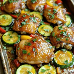 - 4 boneless, skinless chicken thighs - 2 medium zucchinis, sliced into rounds - 1 red bell pepper, sliced - 1 yellow bell pepper, sliced - 1/4 cup honey - 4 cloves garlic, minced - 2 tablespoons soy sauce - 2 tablespoons olive oil - 1 teaspoon ground ginger - 1 teaspoon paprika - Salt and pepper to taste When I make this dish, I love using boneless, skinless chicken thighs. They stay juicy and tender. The zucchinis and bell peppers add color and crunch. For the marinade, honey and garlic create a sweet and savory mix. Soy sauce adds depth, while olive oil keeps everything moist. Seasonings like ground ginger and paprika bring warmth. A little salt and pepper balance the flavors. These simple ingredients combine to create a dish full of taste. Start by preheating your oven to 400°F (200°C). This ensures everything cooks evenly and perfectly. Next, prepare the marinade. In a small bowl, whisk together: - 1/4 cup honey - 4 cloves garlic, minced - 2 tablespoons soy sauce - 1 teaspoon ground ginger - 1 teaspoon paprika - Salt and pepper to taste Mix until smooth. This mix will add flavor to your chicken and veggies. Now it's time to marinate the chicken. Take 4 boneless, skinless chicken thighs and place them in a large bowl. Pour half of the honey garlic marinade over the chicken. Toss the chicken thighs to coat them evenly. Let them rest while you prepare the vegetables. This helps the flavors soak in. Grab a large sheet pan and arrange your sliced vegetables. You need: - 2 medium zucchinis, sliced into rounds - 1 red bell pepper, sliced - 1 yellow bell pepper, sliced Place the veggies in a single layer on the pan. Drizzle with 2 tablespoons of olive oil, and season with salt and pepper. Toss the veggies to combine. Next, remove the chicken from the marinade and place it in the center of the sheet pan. Surround the chicken with the veggies. Brush the remaining marinade over the chicken for extra flavor. Now it's time to bake! Place the sheet pan in your preheated oven. Bake for 25-30 minutes. The chicken should cook until it reaches an internal temperature of 165°F (75°C). The veggies should be tender and slightly caramelized. After baking, take the pan out and let it rest for a few minutes. This helps the juices settle. Finally, garnish with chopped fresh parsley for a pop of color and flavor. Enjoy your meal! - To keep chicken juicy, marinate for at least 30 minutes. This allows the flavors to soak in well. - Use a meat thermometer to check doneness. Chicken should reach 165°F (75°C). - For perfectly cooked vegetables, cut them evenly. This helps them cook at the same rate. - Toss veggies in olive oil, salt, and pepper. This enhances their natural sweetness. - Serve directly from the sheet pan for a fun, rustic look. - For a fancier touch, plate chicken and veggies separately. Drizzle extra marinade for added flavor. - Pair this dish with rice or quinoa for a hearty meal. A side salad adds a fresh crunch. - Use a rimmed sheet pan. It holds juices and prevents spills. - A good set of tongs helps with flipping and serving. - A meat thermometer ensures your chicken is cooked just right. {{image_2}} You can swap out chicken for other proteins. Try using shrimp or tofu for a fun twist. Both options soak up flavors well and cook quickly. For the veggies, zucchini shines, but you can use other greens. Consider broccoli, asparagus, or carrots. These add crunch and color to your dish. Boost the taste by adding spices or herbs. Try thyme or rosemary for a fresh kick. A dash of cayenne pepper can add some heat if you like spice. To change the marinade, add orange juice or sesame oil. These can give a sweet or nutty flavor. Play around with the amounts for your perfect blend. This dish makes meal prep easy. You can marinate the chicken a day ahead. Chop the veggies and store them in the fridge. For freezing, place the cooked meal in an airtight container. It stays good for about three months. To reheat, just warm it in the oven or microwave. Enjoy your tasty meal anytime! To store leftovers, let them cool down first. Place the chicken and veggies in an airtight container. This keeps them fresh and tasty. You can refrigerate leftovers for up to three days. Make sure to label the container with the date. To freeze this dish, follow these easy steps: - Allow the chicken and vegetables to cool completely. - Portion them into freezer-safe bags or containers. - Remove as much air as possible before sealing. You can freeze it for up to three months. For best quality, try to eat it sooner. To thaw, move the container to the fridge overnight. This keeps the food safe and tasty. If you need it faster, you can use the microwave's defrost setting. When reheating, the best methods are the oven or microwave. For the oven, preheat to 350°F (175°C). Place the chicken and veggies in a baking dish, cover with foil, and heat for about 15-20 minutes. This keeps the meal juicy and flavorful. If using the microwave, heat in short bursts. Start with one minute, then check. Stir to avoid hot spots. This way, you won't overcook the chicken or veggies. Enjoy your delicious Honey Garlic Chicken Zucchini Sheet Pan again! Cooking honey garlic chicken takes about 25-30 minutes. The chicken should reach an internal temperature of 165°F (75°C). This ensures the chicken is safe to eat and stays juicy. Yes, you can use other proteins. Try boneless pork chops or tofu for a tasty twist. Both options work well with the honey garlic marinade. Just adjust the cooking time based on the protein you choose. You can serve this dish with rice or quinoa. A simple salad also pairs nicely. Try roasted potatoes or a side of steamed broccoli for extra veggies. Each option balances the sweet and savory flavors of the chicken. Yes, this recipe is great for meal prepping. You can cook it in advance and store it in the fridge. It stays fresh for 3-4 days. Just reheat in the oven or microwave before serving. This blog post showed you how to make a tasty honey garlic chicken dish in a sheet pan. You learned about the main ingredients: chicken thighs, zucchini, and bell peppers. You know how to make the marinade and properly cook the chicken. I've shared tips for juicy meat and veggie perfection, plus fun variations. Don't forget to store leftovers right and reheat them well! This dish is easy and perfect for any meal. Enjoy your cooking adventure and make it your own!