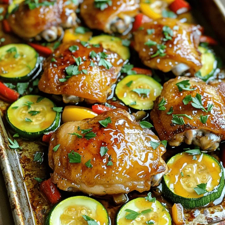 - 4 boneless, skinless chicken thighs - 2 medium zucchinis, sliced into rounds - 1 red bell pepper, sliced - 1 yellow bell pepper, sliced - 1/4 cup honey - 4 cloves garlic, minced - 2 tablespoons soy sauce - 2 tablespoons olive oil - 1 teaspoon ground ginger - 1 teaspoon paprika - Salt and pepper to taste When I make this dish, I love using boneless, skinless chicken thighs. They stay juicy and tender. The zucchinis and bell peppers add color and crunch. For the marinade, honey and garlic create a sweet and savory mix. Soy sauce adds depth, while olive oil keeps everything moist. Seasonings like ground ginger and paprika bring warmth. A little salt and pepper balance the flavors. These simple ingredients combine to create a dish full of taste. Start by preheating your oven to 400°F (200°C). This ensures everything cooks evenly and perfectly. Next, prepare the marinade. In a small bowl, whisk together: - 1/4 cup honey - 4 cloves garlic, minced - 2 tablespoons soy sauce - 1 teaspoon ground ginger - 1 teaspoon paprika - Salt and pepper to taste Mix until smooth. This mix will add flavor to your chicken and veggies. Now it's time to marinate the chicken. Take 4 boneless, skinless chicken thighs and place them in a large bowl. Pour half of the honey garlic marinade over the chicken. Toss the chicken thighs to coat them evenly. Let them rest while you prepare the vegetables. This helps the flavors soak in. Grab a large sheet pan and arrange your sliced vegetables. You need: - 2 medium zucchinis, sliced into rounds - 1 red bell pepper, sliced - 1 yellow bell pepper, sliced Place the veggies in a single layer on the pan. Drizzle with 2 tablespoons of olive oil, and season with salt and pepper. Toss the veggies to combine. Next, remove the chicken from the marinade and place it in the center of the sheet pan. Surround the chicken with the veggies. Brush the remaining marinade over the chicken for extra flavor. Now it's time to bake! Place the sheet pan in your preheated oven. Bake for 25-30 minutes. The chicken should cook until it reaches an internal temperature of 165°F (75°C). The veggies should be tender and slightly caramelized. After baking, take the pan out and let it rest for a few minutes. This helps the juices settle. Finally, garnish with chopped fresh parsley for a pop of color and flavor. Enjoy your meal! - To keep chicken juicy, marinate for at least 30 minutes. This allows the flavors to soak in well. - Use a meat thermometer to check doneness. Chicken should reach 165°F (75°C). - For perfectly cooked vegetables, cut them evenly. This helps them cook at the same rate. - Toss veggies in olive oil, salt, and pepper. This enhances their natural sweetness. - Serve directly from the sheet pan for a fun, rustic look. - For a fancier touch, plate chicken and veggies separately. Drizzle extra marinade for added flavor. - Pair this dish with rice or quinoa for a hearty meal. A side salad adds a fresh crunch. - Use a rimmed sheet pan. It holds juices and prevents spills. - A good set of tongs helps with flipping and serving. - A meat thermometer ensures your chicken is cooked just right. {{image_2}} You can swap out chicken for other proteins. Try using shrimp or tofu for a fun twist. Both options soak up flavors well and cook quickly. For the veggies, zucchini shines, but you can use other greens. Consider broccoli, asparagus, or carrots. These add crunch and color to your dish. Boost the taste by adding spices or herbs. Try thyme or rosemary for a fresh kick. A dash of cayenne pepper can add some heat if you like spice. To change the marinade, add orange juice or sesame oil. These can give a sweet or nutty flavor. Play around with the amounts for your perfect blend. This dish makes meal prep easy. You can marinate the chicken a day ahead. Chop the veggies and store them in the fridge. For freezing, place the cooked meal in an airtight container. It stays good for about three months. To reheat, just warm it in the oven or microwave. Enjoy your tasty meal anytime! To store leftovers, let them cool down first. Place the chicken and veggies in an airtight container. This keeps them fresh and tasty. You can refrigerate leftovers for up to three days. Make sure to label the container with the date. To freeze this dish, follow these easy steps: - Allow the chicken and vegetables to cool completely. - Portion them into freezer-safe bags or containers. - Remove as much air as possible before sealing. You can freeze it for up to three months. For best quality, try to eat it sooner. To thaw, move the container to the fridge overnight. This keeps the food safe and tasty. If you need it faster, you can use the microwave's defrost setting. When reheating, the best methods are the oven or microwave. For the oven, preheat to 350°F (175°C). Place the chicken and veggies in a baking dish, cover with foil, and heat for about 15-20 minutes. This keeps the meal juicy and flavorful. If using the microwave, heat in short bursts. Start with one minute, then check. Stir to avoid hot spots. This way, you won't overcook the chicken or veggies. Enjoy your delicious Honey Garlic Chicken Zucchini Sheet Pan again! Cooking honey garlic chicken takes about 25-30 minutes. The chicken should reach an internal temperature of 165°F (75°C). This ensures the chicken is safe to eat and stays juicy. Yes, you can use other proteins. Try boneless pork chops or tofu for a tasty twist. Both options work well with the honey garlic marinade. Just adjust the cooking time based on the protein you choose. You can serve this dish with rice or quinoa. A simple salad also pairs nicely. Try roasted potatoes or a side of steamed broccoli for extra veggies. Each option balances the sweet and savory flavors of the chicken. Yes, this recipe is great for meal prepping. You can cook it in advance and store it in the fridge. It stays fresh for 3-4 days. Just reheat in the oven or microwave before serving. This blog post showed you how to make a tasty honey garlic chicken dish in a sheet pan. You learned about the main ingredients: chicken thighs, zucchini, and bell peppers. You know how to make the marinade and properly cook the chicken. I've shared tips for juicy meat and veggie perfection, plus fun variations. Don't forget to store leftovers right and reheat them well! This dish is easy and perfect for any meal. Enjoy your cooking adventure and make it your own!