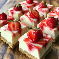 - 2 cups graham cracker crumbs - 1/2 cup unsalted butter, melted - 1/4 cup powdered sugar - 16 oz cream cheese, softened - 1 cup granulated sugar - 1 teaspoon vanilla extract - 1 cup heavy whipping cream - 2 cups fresh strawberries, chopped - 1/4 cup strawberry puree (fresh or store-bought) - Fresh strawberries for garnish Each ingredient plays a special role in making these bars. The graham cracker crumbs create a crunchy base. Melted butter binds the crumbs, making a sturdy crust. Powdered sugar sweetens the crust without making it grainy. Cream cheese gives the bars their rich, creamy texture. Granulated sugar adds sweetness to the filling. Vanilla extract enhances the flavor, making each bite delicious. Heavy whipping cream is key for lightness, making the mixture fluffy. Fresh strawberries provide a burst of flavor. The strawberry puree adds extra sweetness and color. Finally, fresh strawberries on top make the bars look beautiful and inviting. You can swap graham crackers for digestive biscuits for a different taste. If you need a dairy-free option, use vegan cream cheese. Coconut cream can replace heavy cream for a lighter version. You can also use frozen strawberries if fresh ones are not available. Just make sure to thaw and drain them first. To start, grab a medium bowl. Mix together 2 cups of graham cracker crumbs, 1/2 cup of melted unsalted butter, and 1/4 cup of powdered sugar. Stir until everything is well combined. This mixture should feel like wet sand. Next, take a 9x9-inch baking dish and press the crust firmly into the bottom. Make sure it is even. Once you have done this, chill the crust in the refrigerator while you prepare the filling. This helps the crust set and hold its shape later. Now, let’s make the filling. In a large mixing bowl, add 16 oz of softened cream cheese, 1 cup of granulated sugar, and 1 teaspoon of vanilla extract. Beat these together until the mixture is smooth and creamy. It’s important that there are no lumps. In another bowl, whip 1 cup of heavy whipping cream until stiff peaks form. This step gives the cheesecake its light texture. Carefully fold this whipped cream into the cream cheese mixture. Do this gently to keep the air in the whipped cream. Next, you’ll want to add 2 cups of chopped fresh strawberries and 1/4 cup of strawberry puree. Fold these in too, making sure the strawberries are evenly mixed throughout the cream mixture. This adds a burst of flavor and color to the filling. With the crust and filling ready, it's time to assemble. Pour the strawberry cheesecake mixture over the chilled crust. Use a spatula to spread it evenly across the top. Make sure it reaches all corners of the dish. After that, cover the dish with plastic wrap. Place it back in the refrigerator. Let it chill for at least 4 hours. This helps the bars firm up nicely. Once firm, lift the cheesecake out using the edges of the plastic wrap. Carefully cut it into bars. For a nice finish, garnish each bar with fresh strawberries on top. Enjoy your delicious no-bake strawberry cheesecake bars! To get that smooth and creamy texture, start with softened cream cheese. Cold cream cheese won’t mix well. Beat it well with sugar and vanilla until it's fluffy. Then, whip the heavy cream until it forms stiff peaks. Gently fold this whipped cream into the cheese mix. This keeps your bars light and airy. Be careful not to overmix; this can deflate the whipped cream. You can easily make these bars a day ahead. Prepare the crust and filling, then chill them overnight. This helps the flavors blend well. Just remember to cover the dish tightly with plastic wrap. When you're ready to serve, simply lift them out and slice. This saves time on busy days. Serve these bars cold for the best taste. Garnish with fresh strawberries for a pop of color. For extra flair, drizzle some strawberry puree on top. You can even sprinkle crushed graham crackers for added crunch. These little touches make your dessert look great and taste even better. {{image_2}} You can change the fruit in the recipe. Use blueberries, raspberries, or peaches. Each fruit gives a new taste. Just chop the fruit into small pieces like strawberries. Fold them into the filling just like the strawberries. This keeps the bars fresh and fruity. You can also add some fruit puree for more flavor. Try mixing a little mango or passion fruit for a tropical twist. The options are endless! If you love chocolate, try adding a drizzle. Melt some dark or milk chocolate. Once your bars chill, drizzle the melted chocolate over the top. This gives a nice contrast to the fresh fruit. You can also add chocolate chips to the filling for a richer taste. The chocolate adds a fun twist that makes these bars even more special. If you need a gluten-free option, switch the graham cracker crumbs. Use gluten-free cookie crumbs or ground almonds. Just make sure the butter and other ingredients are also gluten-free. This way, everyone can enjoy these tasty bars. With these changes, you won't lose any flavor. They will still taste just as good! To keep your strawberry cheesecake bars fresh, store them in the fridge. Place the bars in an airtight container to avoid moisture. If you have leftovers, make sure they are covered well. This keeps them from drying out and losing flavor. Always use a clean utensil when serving to avoid cross-contamination. These no-bake cheesecake bars will last for about 5 days in the fridge. After that, they may lose their creamy texture and taste. Always check for any signs of spoilage before eating. If they start to smell or look odd, it’s best to toss them out. You can freeze these bars if you want to save some for later. Cut them into squares first and place them in a single layer on a baking sheet. Freeze for about 2 hours. Then, wrap each piece tightly in plastic wrap and place them in a freezer bag. They can last for up to 3 months in the freezer. To enjoy, simply thaw them in the fridge overnight before serving. These bars need to chill for at least 4 hours. This time helps them set properly. If you can wait longer, they taste even better. I often leave them overnight for a firmer texture. Yes, you can use frozen strawberries! Just make sure to thaw and drain them first. This step keeps the bars from becoming too watery. Chopped frozen strawberries work well, but fresh ones taste best. If you want a cream cheese substitute, use Greek yogurt. It gives a nice tangy flavor. You can also try mascarpone for a creamier texture. Both options keep the bars delicious and smooth. We covered key ingredients, step-by-step instructions, and helpful tips for no-bake cheesecake bars. You learned about variations and how to store them best. Remember to experiment with flavors and make it your own. With these simple methods, you can create a tasty treat for any occasion. Enjoy the fun of making these bars, and impress your friends and family with your skills.