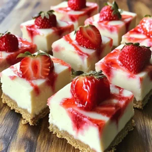 - 2 cups graham cracker crumbs - 1/2 cup unsalted butter, melted - 1/4 cup powdered sugar - 16 oz cream cheese, softened - 1 cup granulated sugar - 1 teaspoon vanilla extract - 1 cup heavy whipping cream - 2 cups fresh strawberries, chopped - 1/4 cup strawberry puree (fresh or store-bought) - Fresh strawberries for garnish Each ingredient plays a special role in making these bars. The graham cracker crumbs create a crunchy base. Melted butter binds the crumbs, making a sturdy crust. Powdered sugar sweetens the crust without making it grainy. Cream cheese gives the bars their rich, creamy texture. Granulated sugar adds sweetness to the filling. Vanilla extract enhances the flavor, making each bite delicious. Heavy whipping cream is key for lightness, making the mixture fluffy. Fresh strawberries provide a burst of flavor. The strawberry puree adds extra sweetness and color. Finally, fresh strawberries on top make the bars look beautiful and inviting. You can swap graham crackers for digestive biscuits for a different taste. If you need a dairy-free option, use vegan cream cheese. Coconut cream can replace heavy cream for a lighter version. You can also use frozen strawberries if fresh ones are not available. Just make sure to thaw and drain them first. To start, grab a medium bowl. Mix together 2 cups of graham cracker crumbs, 1/2 cup of melted unsalted butter, and 1/4 cup of powdered sugar. Stir until everything is well combined. This mixture should feel like wet sand. Next, take a 9x9-inch baking dish and press the crust firmly into the bottom. Make sure it is even. Once you have done this, chill the crust in the refrigerator while you prepare the filling. This helps the crust set and hold its shape later. Now, let’s make the filling. In a large mixing bowl, add 16 oz of softened cream cheese, 1 cup of granulated sugar, and 1 teaspoon of vanilla extract. Beat these together until the mixture is smooth and creamy. It’s important that there are no lumps. In another bowl, whip 1 cup of heavy whipping cream until stiff peaks form. This step gives the cheesecake its light texture. Carefully fold this whipped cream into the cream cheese mixture. Do this gently to keep the air in the whipped cream. Next, you’ll want to add 2 cups of chopped fresh strawberries and 1/4 cup of strawberry puree. Fold these in too, making sure the strawberries are evenly mixed throughout the cream mixture. This adds a burst of flavor and color to the filling. With the crust and filling ready, it's time to assemble. Pour the strawberry cheesecake mixture over the chilled crust. Use a spatula to spread it evenly across the top. Make sure it reaches all corners of the dish. After that, cover the dish with plastic wrap. Place it back in the refrigerator. Let it chill for at least 4 hours. This helps the bars firm up nicely. Once firm, lift the cheesecake out using the edges of the plastic wrap. Carefully cut it into bars. For a nice finish, garnish each bar with fresh strawberries on top. Enjoy your delicious no-bake strawberry cheesecake bars! To get that smooth and creamy texture, start with softened cream cheese. Cold cream cheese won’t mix well. Beat it well with sugar and vanilla until it's fluffy. Then, whip the heavy cream until it forms stiff peaks. Gently fold this whipped cream into the cheese mix. This keeps your bars light and airy. Be careful not to overmix; this can deflate the whipped cream. You can easily make these bars a day ahead. Prepare the crust and filling, then chill them overnight. This helps the flavors blend well. Just remember to cover the dish tightly with plastic wrap. When you're ready to serve, simply lift them out and slice. This saves time on busy days. Serve these bars cold for the best taste. Garnish with fresh strawberries for a pop of color. For extra flair, drizzle some strawberry puree on top. You can even sprinkle crushed graham crackers for added crunch. These little touches make your dessert look great and taste even better. {{image_2}} You can change the fruit in the recipe. Use blueberries, raspberries, or peaches. Each fruit gives a new taste. Just chop the fruit into small pieces like strawberries. Fold them into the filling just like the strawberries. This keeps the bars fresh and fruity. You can also add some fruit puree for more flavor. Try mixing a little mango or passion fruit for a tropical twist. The options are endless! If you love chocolate, try adding a drizzle. Melt some dark or milk chocolate. Once your bars chill, drizzle the melted chocolate over the top. This gives a nice contrast to the fresh fruit. You can also add chocolate chips to the filling for a richer taste. The chocolate adds a fun twist that makes these bars even more special. If you need a gluten-free option, switch the graham cracker crumbs. Use gluten-free cookie crumbs or ground almonds. Just make sure the butter and other ingredients are also gluten-free. This way, everyone can enjoy these tasty bars. With these changes, you won't lose any flavor. They will still taste just as good! To keep your strawberry cheesecake bars fresh, store them in the fridge. Place the bars in an airtight container to avoid moisture. If you have leftovers, make sure they are covered well. This keeps them from drying out and losing flavor. Always use a clean utensil when serving to avoid cross-contamination. These no-bake cheesecake bars will last for about 5 days in the fridge. After that, they may lose their creamy texture and taste. Always check for any signs of spoilage before eating. If they start to smell or look odd, it’s best to toss them out. You can freeze these bars if you want to save some for later. Cut them into squares first and place them in a single layer on a baking sheet. Freeze for about 2 hours. Then, wrap each piece tightly in plastic wrap and place them in a freezer bag. They can last for up to 3 months in the freezer. To enjoy, simply thaw them in the fridge overnight before serving. These bars need to chill for at least 4 hours. This time helps them set properly. If you can wait longer, they taste even better. I often leave them overnight for a firmer texture. Yes, you can use frozen strawberries! Just make sure to thaw and drain them first. This step keeps the bars from becoming too watery. Chopped frozen strawberries work well, but fresh ones taste best. If you want a cream cheese substitute, use Greek yogurt. It gives a nice tangy flavor. You can also try mascarpone for a creamier texture. Both options keep the bars delicious and smooth. We covered key ingredients, step-by-step instructions, and helpful tips for no-bake cheesecake bars. You learned about variations and how to store them best. Remember to experiment with flavors and make it your own. With these simple methods, you can create a tasty treat for any occasion. Enjoy the fun of making these bars, and impress your friends and family with your skills.