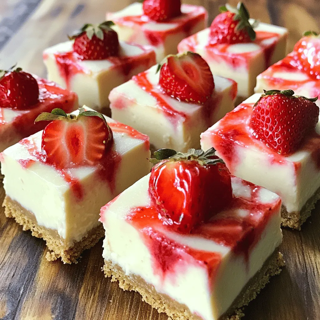 - 2 cups graham cracker crumbs - 1/2 cup unsalted butter, melted - 1/4 cup powdered sugar - 16 oz cream cheese, softened - 1 cup granulated sugar - 1 teaspoon vanilla extract - 1 cup heavy whipping cream - 2 cups fresh strawberries, chopped - 1/4 cup strawberry puree (fresh or store-bought) - Fresh strawberries for garnish Each ingredient plays a special role in making these bars. The graham cracker crumbs create a crunchy base. Melted butter binds the crumbs, making a sturdy crust. Powdered sugar sweetens the crust without making it grainy. Cream cheese gives the bars their rich, creamy texture. Granulated sugar adds sweetness to the filling. Vanilla extract enhances the flavor, making each bite delicious. Heavy whipping cream is key for lightness, making the mixture fluffy. Fresh strawberries provide a burst of flavor. The strawberry puree adds extra sweetness and color. Finally, fresh strawberries on top make the bars look beautiful and inviting. You can swap graham crackers for digestive biscuits for a different taste. If you need a dairy-free option, use vegan cream cheese. Coconut cream can replace heavy cream for a lighter version. You can also use frozen strawberries if fresh ones are not available. Just make sure to thaw and drain them first. To start, grab a medium bowl. Mix together 2 cups of graham cracker crumbs, 1/2 cup of melted unsalted butter, and 1/4 cup of powdered sugar. Stir until everything is well combined. This mixture should feel like wet sand. Next, take a 9x9-inch baking dish and press the crust firmly into the bottom. Make sure it is even. Once you have done this, chill the crust in the refrigerator while you prepare the filling. This helps the crust set and hold its shape later. Now, let’s make the filling. In a large mixing bowl, add 16 oz of softened cream cheese, 1 cup of granulated sugar, and 1 teaspoon of vanilla extract. Beat these together until the mixture is smooth and creamy. It’s important that there are no lumps. In another bowl, whip 1 cup of heavy whipping cream until stiff peaks form. This step gives the cheesecake its light texture. Carefully fold this whipped cream into the cream cheese mixture. Do this gently to keep the air in the whipped cream. Next, you’ll want to add 2 cups of chopped fresh strawberries and 1/4 cup of strawberry puree. Fold these in too, making sure the strawberries are evenly mixed throughout the cream mixture. This adds a burst of flavor and color to the filling. With the crust and filling ready, it's time to assemble. Pour the strawberry cheesecake mixture over the chilled crust. Use a spatula to spread it evenly across the top. Make sure it reaches all corners of the dish. After that, cover the dish with plastic wrap. Place it back in the refrigerator. Let it chill for at least 4 hours. This helps the bars firm up nicely. Once firm, lift the cheesecake out using the edges of the plastic wrap. Carefully cut it into bars. For a nice finish, garnish each bar with fresh strawberries on top. Enjoy your delicious no-bake strawberry cheesecake bars! To get that smooth and creamy texture, start with softened cream cheese. Cold cream cheese won’t mix well. Beat it well with sugar and vanilla until it's fluffy. Then, whip the heavy cream until it forms stiff peaks. Gently fold this whipped cream into the cheese mix. This keeps your bars light and airy. Be careful not to overmix; this can deflate the whipped cream. You can easily make these bars a day ahead. Prepare the crust and filling, then chill them overnight. This helps the flavors blend well. Just remember to cover the dish tightly with plastic wrap. When you're ready to serve, simply lift them out and slice. This saves time on busy days. Serve these bars cold for the best taste. Garnish with fresh strawberries for a pop of color. For extra flair, drizzle some strawberry puree on top. You can even sprinkle crushed graham crackers for added crunch. These little touches make your dessert look great and taste even better. {{image_2}} You can change the fruit in the recipe. Use blueberries, raspberries, or peaches. Each fruit gives a new taste. Just chop the fruit into small pieces like strawberries. Fold them into the filling just like the strawberries. This keeps the bars fresh and fruity. You can also add some fruit puree for more flavor. Try mixing a little mango or passion fruit for a tropical twist. The options are endless! If you love chocolate, try adding a drizzle. Melt some dark or milk chocolate. Once your bars chill, drizzle the melted chocolate over the top. This gives a nice contrast to the fresh fruit. You can also add chocolate chips to the filling for a richer taste. The chocolate adds a fun twist that makes these bars even more special. If you need a gluten-free option, switch the graham cracker crumbs. Use gluten-free cookie crumbs or ground almonds. Just make sure the butter and other ingredients are also gluten-free. This way, everyone can enjoy these tasty bars. With these changes, you won't lose any flavor. They will still taste just as good! To keep your strawberry cheesecake bars fresh, store them in the fridge. Place the bars in an airtight container to avoid moisture. If you have leftovers, make sure they are covered well. This keeps them from drying out and losing flavor. Always use a clean utensil when serving to avoid cross-contamination. These no-bake cheesecake bars will last for about 5 days in the fridge. After that, they may lose their creamy texture and taste. Always check for any signs of spoilage before eating. If they start to smell or look odd, it’s best to toss them out. You can freeze these bars if you want to save some for later. Cut them into squares first and place them in a single layer on a baking sheet. Freeze for about 2 hours. Then, wrap each piece tightly in plastic wrap and place them in a freezer bag. They can last for up to 3 months in the freezer. To enjoy, simply thaw them in the fridge overnight before serving. These bars need to chill for at least 4 hours. This time helps them set properly. If you can wait longer, they taste even better. I often leave them overnight for a firmer texture. Yes, you can use frozen strawberries! Just make sure to thaw and drain them first. This step keeps the bars from becoming too watery. Chopped frozen strawberries work well, but fresh ones taste best. If you want a cream cheese substitute, use Greek yogurt. It gives a nice tangy flavor. You can also try mascarpone for a creamier texture. Both options keep the bars delicious and smooth. We covered key ingredients, step-by-step instructions, and helpful tips for no-bake cheesecake bars. You learned about variations and how to store them best. Remember to experiment with flavors and make it your own. With these simple methods, you can create a tasty treat for any occasion. Enjoy the fun of making these bars, and impress your friends and family with your skills.