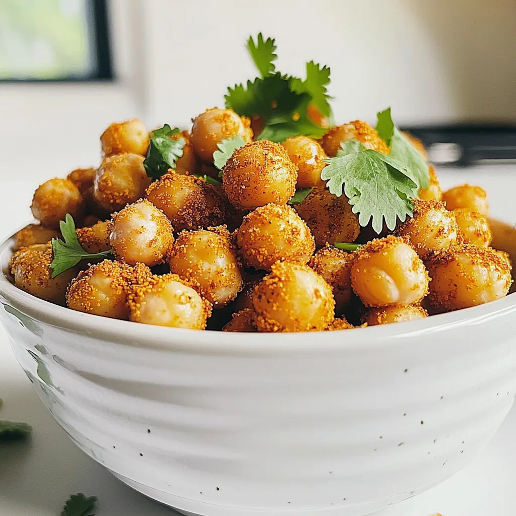 - 1 can (15 oz) chickpeas - 2 tablespoons olive oil - 1 teaspoon smoked paprika - 1 teaspoon garlic powder - 1/2 teaspoon cayenne pepper (adjust to taste) - 1/2 teaspoon ground cumin - 1/2 teaspoon salt - 1/2 teaspoon black pepper - 1 tablespoon nutritional yeast (optional, for a cheesy flavor) - Fresh cilantro or parsley for garnish (optional) I love using chickpeas for a healthy snack. They are high in protein and fiber. For this recipe, you need one can of chickpeas. Drain and rinse them well. This helps remove excess salt and keeps the flavor fresh. Next, you will need olive oil. It adds richness and helps the spices stick. For spices, I use smoked paprika, garlic powder, cayenne pepper, and ground cumin. They blend perfectly to create a spicy kick. Salt and black pepper enhance the taste. If you want a cheesy flavor, add nutritional yeast. It’s optional but adds a nice twist. Finally, fresh cilantro or parsley makes a great garnish. It adds color and freshness. Now, let’s get cooking! 1. Preheating the air fryer: Start by setting your air fryer to 400°F (200°C) for about 5 minutes. This makes sure it’s hot when you add the chickpeas. 2. Draining and rinsing chickpeas: Open a can of chickpeas. Drain the liquid and rinse the chickpeas well under cold water. This helps remove excess salt and improves taste. 3. Patting chickpeas dry for crispiness: Use a clean kitchen towel to dry the chickpeas. Removing moisture is key for that crunchy texture. 1. Mixing chickpeas with olive oil and spices: In a large bowl, add the dried chickpeas. Pour in 2 tablespoons of olive oil. Then, add 1 teaspoon of smoked paprika, 1 teaspoon of garlic powder, 1/2 teaspoon of cayenne pepper, 1/2 teaspoon of ground cumin, 1/2 teaspoon of salt, and 1/2 teaspoon of black pepper. Stir well until all the chickpeas are coated evenly. 2. Adding nutritional yeast (if using): If you want a cheesy flavor, add 1 tablespoon of nutritional yeast to the bowl. Mix again to combine. 1. Arranging chickpeas in the air fryer basket: Spread the seasoned chickpeas in a single layer in the air fryer basket. Avoid stacking them to ensure they cook evenly and get crispy. 2. Cooking time and tips for checking doneness: Cook the chickpeas for about 15-20 minutes. Shake the basket halfway through to help them cook evenly. Watch them closely as they cook. They should turn golden brown and crispy. When done, take them out and let them cool slightly. The cooling time helps them become even crunchier. To get crispy chickpeas, start by drying them well. After draining and rinsing, use a clean towel to pat them dry. This step is key. Moisture makes them soggy. Once dry, toss them in a bowl with olive oil and spices. The right oil helps them crisp. Cook them in your air fryer at 400°F for 15-20 minutes. Shake the basket halfway through. This ensures even cooking. Keep an eye on them towards the end. You want golden brown, not burnt. You can change the spice levels easily. If you love heat, add more cayenne pepper. For a milder snack, use less. You can also mix in other spices. Try adding curry powder for an Indian twist. Or use Italian herbs for a different flavor. Nutritional yeast gives a cheesy taste, so add it if you like. Experiment with flavors to find your favorite. These chickpeas are great on their own. You can also pair them with dips like hummus or guacamole. They add crunch to salads too. Just sprinkle them on top for a tasty snack. You can even use them in bowls with grains and veggies. They make every meal exciting! {{image_2}} You can switch up the flavors of your chickpeas. For a sweet and spicy version, add honey or maple syrup. Mix this with cayenne pepper for a fun twist. If you want a Mediterranean flair, try using oregano and lemon zest. This gives your chickpeas a bright taste. Feel free to use different beans if you want. Black beans or kidney beans work well too. They will still be crunchy and tasty. You can also swap olive oil with avocado oil. This change keeps the dish healthy and flavorful. You can serve crispy chickpeas in many ways. They make a great snack on their own. Toss them on a salad for some crunch. You can also create a chickpeas bowl. Add grains like quinoa, some veggies, and a tasty dressing. This makes a complete meal that is both filling and fun! To keep your leftover chickpeas fresh, let them cool completely. Once they are cool, store them in an airtight container. You can use glass or plastic containers with tight-fitting lids. Make sure they are dry to avoid sogginess. If you want to keep them for a longer time, you can freeze them. Just place them in a freezer-safe bag and remove as much air as possible. To reheat your chickpeas and keep them crispy, use the air fryer again. Set it to 350°F (175°C) and heat for 5-7 minutes. This will help restore their crunch. You can also use an oven. Spread them on a baking sheet and heat at 350°F (175°C) for about 10 minutes. Avoid using the microwave, as it makes them soft. Enjoy your snack fresh and crispy! To make chickpeas crispy, start by drying them well. After draining and rinsing, pat them with a clean towel. This step removes extra moisture. Then, coat them with olive oil. Use just enough to cover every chickpea. Spices add flavor and help with crispiness. My go-to mix includes smoked paprika, garlic powder, and cayenne pepper. Make sure to shake the basket halfway through cooking. This helps them crisp evenly. Yes, you can use dried chickpeas! First, soak them overnight in water. This helps them soften. Next, boil the soaked chickpeas for about 1 hour. Drain them and let them cool. Once cool, follow the same steps as with canned chickpeas. This method gives you a fresh taste, but it requires more time. Air-fried chickpeas last about 3 to 5 days. Store them in an airtight container at room temperature. Keep them away from moisture to maintain their crispiness. If you want them crunchy again, reheat in the air fryer for a few minutes. Enjoy these tasty snacks anytime! You now have everything you need to make crispy air-fried chickpeas. Remember the key ingredients: chickpeas, olive oil, and your favorite spices. Prepping them well ensures great crunch. Feel free to explore different flavors and variations to suit your taste. Store any leftovers properly to keep them fresh. Whether as a snack, salad topping, or dip, air-fried chickpeas are versatile and delicious. Enjoy experimenting and finding your perfect combo!