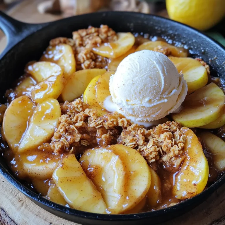 - 4 medium-sized apples (Granny Smith or Honeycrisp), peeled and sliced - 1 tablespoon lemon juice - 1 teaspoon cinnamon - 1/2 cup brown sugar - 1/3 cup rolled oats - 1/3 cup all-purpose flour - 1/4 cup unsalted butter, melted - 1/4 teaspoon salt - 1/4 teaspoon nutmeg - Optional: vanilla ice cream for serving I often choose Granny Smith or Honeycrisp apples for this recipe. Granny Smith apples have a tart flavor that balances the sweetness of the brown sugar. Honeycrisp apples bring a juicy, sweet taste that makes each bite a delight. You can mix and match these apples for a unique flavor. You can add nuts like pecans or walnuts for a crunchy texture. Dried fruits such as raisins or cranberries can add natural sweetness. Some people enjoy a splash of vanilla extract or a drizzle of caramel sauce for extra flavor. You can also use gluten-free oats and flour if you need a gluten-free option. First, you need to preheat your oven to 350°F (175°C). This step helps the apples cook evenly. Next, take your apples and peel them. I like to use Granny Smith or Honeycrisp apples for their tartness. Slice the apples and place them in a large skillet. Drizzle the lemon juice over the apples to keep them fresh. Then, sprinkle the cinnamon and brown sugar on top. Stir the apples well so they are coated in the sweet mix. This makes the apples soft and tasty when baked. Now, let’s make the oat topping. In a separate bowl, combine the rolled oats, all-purpose flour, melted butter, salt, and nutmeg. Mix these ingredients until they become crumbly. This topping adds a nice crunch to your crisp. You can use your hands to mix, which makes it more fun! Once it’s mixed well, set it aside for a moment. Next, sprinkle the oat mixture evenly over the apples in the skillet. Make sure every apple gets some topping. Bake the skillet in your preheated oven for 30 to 35 minutes. You want the apples to be bubbly and the topping to be golden brown. For a crispier topping, you can broil it for an extra 2 to 3 minutes. Just watch it closely so it doesn’t burn. Once done, let it cool for a few minutes. This step helps the flavors settle. Now, your Skillet Cinnamon Apple Crisp is ready to serve! For a great apple crisp, I like to use Granny Smith or Honeycrisp apples. Granny Smith offers a nice tartness that balances the sweetness. Honeycrisp gives you a juicy and sweet flavor. Look for apples that feel firm and have no bruises. Fresh apples make the best crisp. You can change the sweetness by adjusting the brown sugar. If you want it sweeter, add a little more brown sugar. If you prefer it less sweet, cut back on the sugar. For spice, I love adding nutmeg. You can add more cinnamon too if you like a stronger flavor. Taste the apples before baking to find your perfect mix. The topping should be crumbly and crisp. Use rolled oats and flour together for the best texture. When mixing, make sure the butter is melted and evenly distributed. This helps create that nice crunch. If you want it even crunchier, broil it for a few minutes at the end. Just watch it closely so it doesn’t burn. {{image_2}} I love to serve Skillet Cinnamon Apple Crisp warm from the skillet. The warm apples and crispy topping create a cozy dish. It feels like a hug on a plate. You can scoop it directly from the skillet for a fun touch. This makes it easy for everyone to enjoy. One of my favorite pairings is a scoop of vanilla ice cream. The cold ice cream melts into the warm crisp. This mix of hot and cold is pure magic. You could also try whipped cream for a lighter option. For something different, use caramel sauce on top. That adds a sweet twist. To impress your guests, serve the crisp in the skillet. It looks rustic and inviting. Top it with a sprinkle of cinnamon for a beautiful finish. You can also add a sprig of mint for a pop of color. A scoop of ice cream on top makes it look fancy. Using colorful apples, like red and green, also adds visual appeal. You can easily make this crisp gluten-free. Just swap the all-purpose flour for a gluten-free blend. Look for blends made from almond flour or oat flour. These options will keep the crisp tasty and safe for those with gluten sensitivities. For added crunch and flavor, toss in some nuts or dried fruits. Chopped walnuts or pecans make a great choice. You can also add raisins or dried cranberries for a chewy texture. Mix them into the oat topping or sprinkle them on top of the apples. To boost the flavor, add a splash of vanilla extract to the apple mixture. It adds a warm note that pairs well with cinnamon. For a sweet twist, drizzle some caramel sauce on top before serving. This makes your dish even more indulgent and delightful. Yes, you can prepare Skillet Cinnamon Apple Crisp in advance. Slice the apples and mix them with lemon juice, cinnamon, and brown sugar. You can store this mixture in the fridge for up to two days. When you're ready to bake, just mix the topping and assemble everything in the skillet. Bake it fresh for the best taste. If you have leftovers, let the crisp cool first. Then, cover it tightly with plastic wrap or foil. You can store it in the fridge for about three to four days. To reheat, place it back in the oven at 350°F (175°C) for 10-15 minutes. This will warm it up and keep the topping crisp. Yes, frozen apples can work in this recipe. However, they may release more juice while baking. If using frozen apples, do not thaw them before adding to the skillet. You might want to add a little more flour to the topping to help absorb the extra liquid. This will keep your crisp from becoming too soggy. This blog post has covered how to make a delicious Skillet Cinnamon Apple Crisp. We explored the best apple types, optional ingredients, and step-by-step instructions for baking. I shared tips for choosing apples and adjusting flavors to suit your taste. You also learned great serving ideas and fun variations, like gluten-free options. Enjoying this dessert is simple and satisfying. With your new skills, impress your friends and family. Make this crisp your own, and savor every bite!