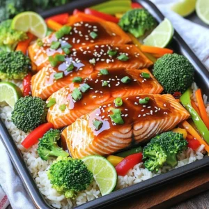 - 4 salmon fillets - 1/3 cup teriyaki sauce - 2 cups cooked jasmine rice - 1 cup broccoli florets - 1 red bell pepper, sliced - 1 carrot, julienned - 2 green onions, sliced - 1 tablespoon sesame seeds - 1 tablespoon olive oil - Salt and pepper to taste - For garnishing, top with sliced green onions and sesame seeds. - Serve with lime wedges for a fresh twist. - Each bowl is perfect for one serving, making four bowls total. This recipe is simple and quick. You get a healthy meal, full of flavor, all in one pan. The salmon cooks perfectly, and the veggies stay crisp. Enjoy these rice bowls any night of the week! - Preheating the oven Start by preheating your oven to 400&deg;F (200&deg;C). This temperature helps cook the salmon and veggies just right. Line a large baking sheet with parchment paper. It makes for easy cleanup later. - Marinating the salmon In a mixing bowl, combine 1/3 cup of teriyaki sauce with 1 tablespoon of olive oil, salt, and pepper. Add 4 salmon fillets to this mixture. Make sure to coat them well. Let them marinate for 10-15 minutes. This step makes the salmon flavorful and tender. - Preparing the vegetables While the salmon marinates, grab a bowl. Toss 1 cup of broccoli florets, 1 sliced red bell pepper, and 1 julienned carrot in a drizzle of olive oil, salt, and pepper. This will season the veggies and enhance their taste. - Arranging ingredients on the sheet pan Once the salmon has marinated, arrange the fillets in the center of the baking sheet. Spread the seasoned veggies around the salmon. This layout helps everything cook evenly and makes a pretty presentation. - Baking time and temperature Slide the baking sheet into the preheated oven. Bake for 15-20 minutes. The salmon is done when it flakes easily with a fork. The veggies should be tender but still crisp. - Final assembly of the rice bowls If you haven't cooked the jasmine rice yet, do that while the salmon and veggies bake. Divide 2 cups of cooked rice among serving bowls. Once the salmon and veggies are ready, place a salmon fillet on top of each rice bowl. Spoon some of the pan juices over the salmon for extra flavor. - How to plate the dish Serve the rice bowls in colorful dishes. This adds visual appeal. Make sure each bowl has salmon and veggies on top of the rice. - Drizzling pan juices Carefully spoon some of the pan juices over the salmon. This adds moisture and enhances the overall flavor of the dish. - Adding toppings Finish each bowl with sliced green onions and a sprinkle of sesame seeds. These toppings add crunch and flavor. For a zesty touch, consider adding a lime wedge on the side for your guests to squeeze over the dish. - Ensuring perfect salmon texture: Bake the salmon until it flakes easily with a fork. This usually takes 15 to 20 minutes at 400&deg;F. Overcooking will make it dry, so check it early. - Vegetable cooking time adjustment: Cut veggies into similar sizes for even cooking. Broccoli florets, bell pepper slices, and julienned carrots should all be tender and bright. If you like them softer, add them to the pan a few minutes early. - Utilizing pan juices effectively: After baking, pour those tasty pan juices over the salmon. They add flavor and moisture. Don&rsquo;t waste them! - Optimal marination time: Marinate the salmon for 10 to 15 minutes. This allows the teriyaki sauce to soak in, enhancing the flavor. If you have more time, longer marination can deepen the taste. - Enhancing teriyaki flavor: Add some ginger or garlic to the marinade for extra zest. A splash of lime juice can brighten the dish too. - Creative serving ideas: Serve your rice bowls in colorful bowls for a fun look. Layer the rice, salmon, and veggies for a nice view. - Using colorful bowls and garnishes: Top with sliced green onions and sesame seeds for crunch. A lime wedge adds color and flavor. Use chopsticks to serve for a fun experience! {{image_2}} You can switch up the protein in this dish. Try chicken or tofu for a new twist. Both options cook well with teriyaki sauce. For vegetables, feel free to get creative. Snow peas, asparagus, or zucchini can add great flavor. You can even use frozen veggies for quick prep. If you need a gluten-free option, look for gluten-free teriyaki sauce. Many brands offer tasty versions without soy sauce. You can also make your own with coconut aminos and honey. Baking is easy, but grilling adds a nice char. Just marinate the salmon and veggies, then grill them on medium heat. You can also use an air fryer. Cook the salmon and veggies at 375&deg;F for about 10-15 minutes. This method keeps them crispy. For stovetop cooking, pan-sear the salmon in a hot skillet. Cook the veggies in another pan until tender. Then, serve with the rice. Spices can change the game. Adding ginger or chili flakes gives a spicy kick. Fresh herbs like cilantro or basil add brightness too. Try different sauces to mix things up. A sweet chili sauce or peanut sauce can work great. They bring a new taste to your bowl. For extra flavor, serve with dipping sauces. A spicy mayo or soy sauce on the side can enhance every bite. Enjoy experimenting! To store leftovers, place the salmon and rice in airtight containers. It helps keep them fresh. Use parchment paper between layers to avoid sticking. The dish lasts in the fridge for 3 to 4 days. Always cool it down before sealing. For freezing, store salmon and rice in separate containers. This keeps flavors intact. You can freeze the broccoli and other veggies too, but it's best to cook them fresh. To thaw, place in the fridge overnight. If in a rush, use cold water for quick thawing. To reheat salmon, place it in the oven at 350&deg;F for about 10 minutes. This keeps it moist. For rice, use a splash of water in a microwave-safe bowl. Cover it to avoid drying out. Stir halfway through heating. Avoid reheating multiple times to keep the texture nice. What is the best way to cook salmon? The best way to cook salmon is to bake it. Preheat your oven to 400&deg;F (200&deg;C). This method helps keep the fish moist and flaky. You can also grill or pan-sear salmon, but baking is simple and effective. Can I make this dish ahead of time? Yes, you can make this dish ahead of time. Prepare the salmon and veggies, then store them in the fridge. When ready to eat, just bake them in the oven. You can also cook the rice ahead and heat it when serving. How do I know when my salmon is cooked? You know salmon is cooked when it flakes easily with a fork. The inside should be a light pink color. Use a food thermometer if you want to be sure. The safe cooking temperature is 145&deg;F (63&deg;C). What can I use instead of teriyaki sauce? If you don&rsquo;t have teriyaki sauce, you can use soy sauce mixed with honey. This mix gives a nice sweet and salty flavor. You can also try hoisin sauce or a simple mix of soy sauce and ginger for a twist. Are there vegetarian options available? Yes, you can easily make this dish vegetarian. Use tofu or tempeh in place of salmon. Make sure to marinate them in the teriyaki sauce for added flavor. You can also add more veggies to fill the bowl. Is this dish gluten-free? The dish can be gluten-free if you use gluten-free teriyaki sauce. Check the label to ensure it has no wheat. The other ingredients, like rice and veggies, are naturally gluten-free. How can I make this dish low-carb? To make this dish low-carb, skip the rice. You can serve the salmon and veggies on a bed of leafy greens or cauliflower rice instead. This keeps the meal light and healthy while still being tasty. This blog post shows you how to make a tasty salmon dish with teriyaki sauce. We covered ingredients, step-by-step instructions, and helpful tips. You can customize it with different proteins or veggies. Plus, I shared how to store and reheat leftovers. Cooking can be fun and simple. With these recipes, you can enjoy great meals at home. I hope you try this dish and share your results. Enjoy cooking and tasting every bite!
