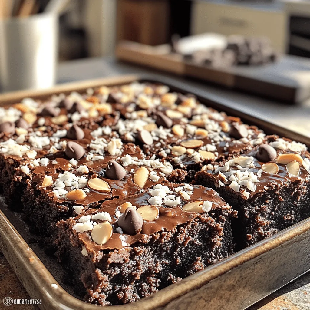 To make Almond Joy Coconut Brownies, you need some basic but key items: - 1 cup unsalted butter - 2 cups granulated sugar - 4 large eggs - 1 teaspoon vanilla extract - 1 cup all-purpose flour - 1 cup unsweetened cocoa powder - 1/2 teaspoon baking powder - 1/4 teaspoon salt - 1 cup sweetened shredded coconut - 1 cup chopped almonds - 1/2 cup chocolate chips (optional for topping) These ingredients come together to create a rich and chewy brownie. The unsalted butter adds moisture and depth. Sugar gives it sweetness and a nice texture. Eggs help bind everything while adding richness. Cocoa powder gives the brownies that deep chocolate flavor. You can swap some ingredients if needed: - Butter: Use coconut oil for a dairy-free option. - Sugar: Try brown sugar for a richer taste. - Eggs: Replace each egg with 1/4 cup applesauce or a flax egg. - Flour: Use gluten-free flour if you need a gluten-free treat. - Coconut: Unsweetened coconut works if you want less sugar. These changes can help meet dietary needs while keeping the flavor. Using quality ingredients matters for great flavor. Fresh eggs and real vanilla extract enhance taste. High-quality cocoa powder gives a richer chocolate taste. Fresh almonds add crunch and freshness. When you use good ingredients, your brownies will taste even better. Always choose the best you can find for the best results. Start by preheating your oven to 350°F (175°C). This step warms your oven for even baking. Next, grab a 9x13-inch baking pan. You can grease it with butter or oil. If you want easy removal, line the pan with parchment paper. This way, your brownies will come out cleanly. In a medium saucepan, melt 1 cup of unsalted butter over low heat. Stir gently until the butter is fully melted. Once it’s melted, take the pan off the heat. Add 2 cups of granulated sugar to the butter. Mix well until the sugar blends in smoothly. Next, let the mixture cool for a few minutes. Then, crack in 4 large eggs, one at a time. Make sure to mix well after each egg. Finally, stir in 1 teaspoon of vanilla extract for flavor. In a separate bowl, whisk together 1 cup of all-purpose flour, 1 cup of unsweetened cocoa powder, 1/2 teaspoon of baking powder, and 1/4 teaspoon of salt. This mix will give your brownies a rich chocolate flavor. Gradually fold the dry ingredients into the wet mixture. Do this gently to keep the batter light. Once combined, fold in 1 cup of sweetened shredded coconut and 1 cup of chopped almonds. This adds texture and a delightful crunch. Now, your batter is ready for the baking pan! To make perfect Almond Joy Coconut Brownies, follow these steps. First, check your oven's temperature. A good oven thermometer helps. Preheat your oven to 350°F (175°C). Greasing the pan or using parchment paper makes removal easier. Bake for 25-30 minutes. Test for doneness by inserting a toothpick. It should come out with a few moist crumbs. If it’s wet, bake a bit longer. Common mistakes can ruin your brownies. Here are some to avoid. Don't skip the cooling time for melted butter. If it’s too hot, it can cook the eggs. Mix your wet and dry ingredients gently. Over-mixing makes brownies tough. Also, measure your flour and cocoa carefully. Too much flour can lead to dryness. Finally, let the brownies cool before cutting them. This helps them set properly. You can boost flavor and texture in your brownies. Add a pinch of espresso powder to deepen the chocolate taste. Try using dark chocolate chips instead of semi-sweet for a richer flavor. For texture, finely chop your almonds. This helps them blend well in the batter. You can also sprinkle some chocolate chips on top before baking for a gooey finish. {{image_2}} You can make these Almond Joy Coconut Brownies nut-free. Simply leave out the chopped almonds. For crunch, you can use sunflower seeds or pumpkin seeds. These seeds add a nice texture while keeping the flavor bold and fun. To make a vegan version, swap the eggs for flax eggs. Mix 1 tablespoon of ground flaxseed with 2.5 tablespoons of water. Let it sit until it thickens. For the butter, use coconut oil or vegan butter. This keeps the brownies rich and moist without any animal products. Add some extra flavor to your brownies. You can mix in a teaspoon of mint extract for a refreshing twist. If you love coffee, try adding 1 tablespoon of instant espresso powder. This will deepen the chocolate flavor and give a nice kick. To keep your Almond Joy Coconut Brownies fresh, store them in an airtight container. This helps seal in moisture and keeps them soft. Place parchment paper between layers if you stack them. Keep the container in a cool, dark place, like a pantry. Your brownies should stay fresh for up to four days. If you want to keep them longer, consider freezing them. Freezing these brownies is simple and smart. First, let them cool completely. Then, cut them into squares. Wrap each square in plastic wrap. This prevents freezer burn and keeps them tasty. Place the wrapped brownies in a freezer-safe bag or container. They can last up to three months in the freezer. When you're ready to enjoy, just thaw them in the fridge overnight. To reheat your brownies, preheat the oven to 350°F (175°C). Place the brownies on a baking sheet. Heat them for about 10 minutes. This warms them up without drying them out. If you like, you can microwave them instead. Put a brownie on a plate and heat it for 15-20 seconds. Enjoy them warm with a scoop of ice cream for a special treat! You can check if your brownies are ready by using a toothpick. Insert it into the center of the brownies. If it comes out with a few moist crumbs, they are done. If it has wet batter on it, bake for a few more minutes. The brownies will set as they cool, so don't worry if they seem a little soft at first. Yes, you can use different nuts if you prefer. Walnuts or pecans work great! Just chop them up like the almonds. Each nut brings a unique flavor and texture to the brownies. Feel free to mix it up based on what you have at home or what you like. If you need an egg substitute, try using applesauce. Use 1/4 cup of unsweetened applesauce for each egg. Another option is mashed banana or a flaxseed meal mix. To make a flax egg, mix one tablespoon of flaxseed meal with three tablespoons of water. Let it sit for a few minutes to thicken. These swaps will keep your brownies moist and tasty! To make great brownies, start with quality ingredients and proper techniques. In this post, I covered key ingredients, useful substitutions, and why they matter. I shared step-by-step instructions for baking and offered helpful tips to avoid mistakes. You'll find variations to suit dietary needs and ideas for storage. Remember, the right choices lead to delicious treats. With practice and care, you can master brownie baking. Enjoy your sweet creations!