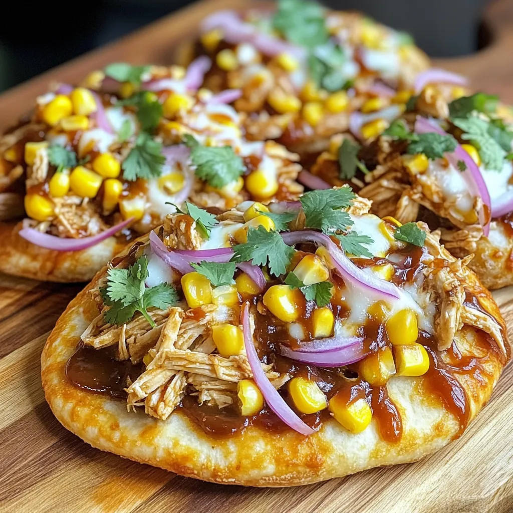 - 2 large flatbreads or naan - 1 cup cooked chicken, shredded (rotisserie chicken works great) - 1/2 cup BBQ sauce (your favorite brand) - 1 cup shredded mozzarella cheese - 1/2 cup red onion, thinly sliced - 1/4 cup fresh cilantro, chopped - 1/2 cup corn (canned or frozen, thawed if frozen) - 1 tablespoon olive oil - Salt and pepper to taste These ingredients make a perfect mix for BBQ chicken flatbreads. The flatbreads serve as a great base. The chicken adds protein and flavor. BBQ sauce brings sweetness and tang. Mozzarella cheese melts beautifully and adds creaminess. Red onion gives a nice crunch and bite. Fresh cilantro brightens the dish. Corn adds a pop of sweetness. Olive oil helps with browning and crispiness. Seasoning with salt and pepper enhances all the flavors. You can use any BBQ sauce you like. Here are some popular options: - Sweet and tangy sauces for a classic taste. - Spicy BBQ sauces if you enjoy heat. - Smoky sauces for deep flavor. - Homemade BBQ sauce for a fresh twist. Choosing the right sauce makes a big difference. It will set the tone for your flatbreads. If you don't have shredded chicken, here are some options: - Use cooked turkey for a different taste. - Try shredded beef for a heartier option. - Use cooked tofu for a vegetarian choice. - Use beans for added protein without meat. These substitutions let you customize your flatbreads. You can use what you have on hand. Each option brings its own unique flavor. First, I set my air fryer to 350°F (175°C). While it heats up, I get excited to cook! Preheating takes about 5 minutes. This step makes sure my flatbreads cook evenly. Next, I grab a mixing bowl. I add 1 cup of shredded chicken to the bowl. Rotisserie chicken is perfect for this! Then, I pour in 1/2 cup of my favorite BBQ sauce. I mix it all together until the chicken is fully coated. If you like heat, add a splash of hot sauce here. Now, I take 2 large flatbreads and place them on a clean surface. I spread the BBQ chicken mixture evenly on each flatbread. I leave a small edge all around. This helps keep the toppings in place. I sprinkle 1 cup of shredded mozzarella cheese on top of the chicken. Then, I add 1/2 cup of sliced red onion and 1/2 cup of corn. I give it a light sprinkle of salt and pepper for taste. Next, I brush the edges with 1 tablespoon of olive oil. This helps get a nice golden brown color. I carefully place the flatbreads in the air fryer basket. I cook them for about 8-10 minutes. I watch for the cheese to bubble and the edges to turn golden. When the flatbreads are done, I take them out and sprinkle 1/4 cup of fresh cilantro on top. The cilantro adds color and a fresh taste. I slice the flatbreads into wedges. They are now ready to serve warm. Enjoy your tasty BBQ chicken flatbreads! To make the best flatbreads, follow these tips: - Preheat the air fryer: This helps cook flatbreads evenly. Set it at 350°F (175°C). - Use a light brush of oil: Brush the edges of the flatbreads with olive oil. This gives a nice golden color. - Don’t overcrowd the basket: If you have more flatbreads, cook them in batches. This ensures even cooking. - Check for doneness: Look for bubbly cheese and golden edges. This means they are ready! Storing leftovers is simple. Here’s how: - Let them cool first: Allow the flatbreads to cool down to room temperature. - Wrap tightly: Wrap each flatbread in plastic wrap or foil. This keeps them fresh. - Use an airtight container: Place the wrapped flatbreads in a container. This protects them from air. - Refrigerate: Store in the fridge for up to three days. Cooking times can change with different air fryers. Here’s what to know: - Smaller air fryers: They may cook faster. Start checking at 6 minutes. - Larger air fryers: These might need a bit more time. Check around 10 minutes. - Adjust as needed: Every air fryer is unique. Use visual cues like bubbly cheese and brown edges to guide you. {{image_2}} You can easily make a yummy vegetarian version. Instead of chicken, use black beans or chickpeas. Mix them with BBQ sauce for flavor. Add your favorite veggies, like bell peppers or mushrooms. You’ll still get that great BBQ taste without meat. This option is tasty and filling. Want to make your flatbreads even better? Try adding extra toppings! You can use sliced jalapeños for heat. Or add avocado for creaminess. Pineapple chunks bring sweetness, while arugula adds a fresh crunch. Mix and match your favorites to create a unique meal. You don’t have to stick to just one type of flatbread. Naan is great, but you can also use pita or tortilla. Each type brings its own flavor and texture. Whole wheat flatbreads add a nutty taste. Choose what you like best to make this dish your own. Each serving of Air Fryer BBQ Chicken Flatbreads has about 400-500 calories. This depends on the toppings you choose. The flatbreads provide around 20 grams of protein. The cheese adds about 15 grams of fat. The carbs in each flatbread are about 50 grams. Using rotisserie chicken is smart. It saves time and adds lean protein. BBQ sauce brings flavor but can have added sugars. Look for brands with no high-fructose corn syrup. Fresh cilantro offers vitamins and antioxidants. Corn adds fiber, which is great for digestion. Red onions have compounds that may help heart health. To control portions, slice the flatbreads into small wedges. Serve with a side salad for balance. You can also use smaller flatbreads for a light meal. If you want to enjoy more, try sharing with family or friends. This is a fun way to keep portions in check. Yes, you can use frozen chicken. Thaw it first before cooking. You can boil or microwave it to speed up thawing. Once thawed, shred the chicken and mix it with the BBQ sauce. This will give you a tasty flatbread. Look for golden brown edges and bubbling cheese. This means the flatbreads are ready. If you see the cheese melting and the toppings are heated through, you can take them out. Cooking usually takes 8-10 minutes. Yes, you can. Preheat your oven to 400°F (200°C). Place the flatbreads on a baking sheet. Cook for about 10-12 minutes. Keep an eye on them to avoid burning. The oven will give you a nice crisp texture. Great dips include ranch, blue cheese, or even salsa. You can also try guacamole or a spicy mayo. These dips add flavor and fun to your meal. They pair well with BBQ chicken flatbreads. To reheat, use your air fryer or oven. Set the air fryer to 350°F (175°C) and heat for 3-5 minutes. If using the oven, warm it at 350°F for about 7-10 minutes. This will keep the flatbreads crispy and tasty. You learned how to make tasty BBQ chicken flatbreads using an air fryer. We covered key ingredients, step-by-step instructions, and helpful tips. You can easily create variations and understand the meal's nutritional value. Cooking can be fun and creative. Trying these recipes can lead to a new favorite dish. Explore different ingredients you enjoy and make it your own. Happy cooking!