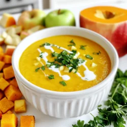 For this Roasted Butternut Squash Apple Soup, you will need the following ingredients: - 1 medium butternut squash, peeled and cubed - 2 medium apples (Granny Smith or Honeycrisp), peeled and diced - 1 large onion, chopped - 3 cloves garlic, minced - 4 cups vegetable broth - 1 tablespoon olive oil - 1 teaspoon ground cinnamon - ½ teaspoon nutmeg - Salt and pepper to taste - ½ cup coconut milk (for creaminess) - Fresh parsley or chives for garnish These ingredients create a warm, rich flavor. The butternut squash brings natural sweetness. The apples add a nice tang. Together, they form the heart of this creamy delight. Don't forget the spices! They elevate the soup's taste. Ground cinnamon and nutmeg add warmth and depth. Make sure to use fresh ingredients for the best flavor. Organic produce can enhance the dish. Each bite should feel hearty and comforting. Trust me; this soup is perfect for chilly days! - Preheat the oven to 400°F (200°C). - In a large bowl, toss the cubed butternut squash and diced apples with: - 1 tablespoon olive oil - Salt and pepper to taste - 1 teaspoon ground cinnamon This step is key for getting great flavor. The olive oil helps the squash and apples roast well. The spices add warmth and sweetness. - Spread the mixture on a baking sheet in a single layer. - Roast for 25-30 minutes. The time in the oven allows the squash and apples to caramelize. This brings out their natural sweetness. When they are tender, you know they are ready. - Heat a large pot over medium heat. - Add 1 chopped onion and sauté until it is translucent, about 5 minutes. - Stir in 3 minced garlic cloves and cook for 1-2 minutes until fragrant. These steps build a great base for your soup. The onion adds depth, and garlic brings a lovely aroma. - Once the squash and apples are done roasting, add them to the pot. - Pour in 4 cups of vegetable broth and bring to a simmer. - Let it simmer for about 10 minutes. This simmering time blends all the flavors. - Use an immersion blender to puree the soup until smooth. - Stir in ½ cup of coconut milk and ½ teaspoon of nutmeg. - Adjust the seasoning with more salt and pepper if needed. The coconut milk makes the soup creamy and rich. - Allow the soup to gently heat through for about 5 minutes before serving. This final step ensures every bite is warm and comforting. To make your soup great, start with even cubing of the butternut squash. Cut the pieces into similar sizes. This helps them cook at the same rate. When you roast them, aim for caramelization. This browning adds deep, rich flavors to your soup. Want a sweeter soup? Try adding more apples or a touch of maple syrup. If you like spice, a pinch of cayenne pepper or a dash of hot sauce can bring some heat. Taste as you go. Adjust until it’s just right for you. For a vegan twist, swap out coconut milk for almond milk or cashew cream. Both will give you a creamy texture, with less fat. Choose unsweetened varieties to keep the flavors balanced. These options keep your soup rich without dairy. {{image_2}} You can boost nutrition by adding more veggies. Carrots add sweetness and color. Sweet potatoes bring creaminess and a rich flavor. Leeks offer a mild taste and a touch of onion flavor. Simply chop them and roast them with the butternut squash. This method will keep your soup tasty and vibrant. To enhance the flavor, consider adding ginger or herbs. Fresh ginger gives a warm, zesty note. You can also try thyme or rosemary for a herby twist. Adding these ingredients while cooking the onions will infuse the soup with deep flavors. Experimenting with different herbs can create a unique taste each time. If you like heat, add chili flakes or jalapeños. Start with a small amount, then taste as you go. This will ensure you achieve your desired level of spice. The heat from these ingredients pairs well with the natural sweetness of the squash and apples. It transforms the soup into a comforting yet exciting dish. After enjoying your Roasted Butternut Squash Apple Soup, let it cool. Pour the soup into an airtight container. This keeps the flavors fresh. Store it in the fridge for up to five days. If you want to enjoy it later, consider freezing it instead. To freeze the soup, use freezer-safe containers. Fill them but leave some space for expansion. This soup freezes well for up to three months. When you are ready to eat, thaw it in the fridge overnight. Reheat the soup gently on the stove. Stir it well to keep the texture smooth. This delicious soup stays fresh for about five days in the fridge. If you freeze it, you can enjoy it for three months. Keep an eye on the smell and color. If it changes, it’s best to toss it. Always trust your senses when it comes to food safety! I recommend using Granny Smith or Honeycrisp apples. These apples add a nice balance of tartness and sweetness. Granny Smith gives a tangy flavor that cuts through the creaminess. Honeycrisp is sweet and juicy, adding a lovely texture. Yes, you can use fresh butternut squash! To prepare it, first, peel the squash with a sharp knife. The skin can be tough. Cut it in half and scoop out the seeds. Then, cube the flesh into even pieces for even cooking. Making this soup takes about 55 minutes. You’ll spend 15 minutes prepping the ingredients. The roasting takes around 25 to 30 minutes, and the cooking and blending take about 15 minutes. You can use chicken broth if you want. It will add a richer flavor to the soup. However, it makes the soup non-vegetarian. Vegetable broth keeps it light and plant-based, so choose what fits your diet best. This blog post guided you through making Roasted Butternut Squash Apple Soup. You learned about essential ingredients, from butternut squash to coconut milk. I detailed simple steps for prep, roasting, and blending to get a creamy texture. I also shared tips for flavor adjustments and variations to cater to your taste. Plus, I covered storage info to keep your soup fresh. With this recipe, you can enjoy a tasty, healthy dish that warms the soul. Happy cooking!