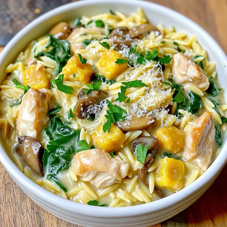 For this creamy chicken mushroom orzo, gather these items: - 1 cup orzo pasta - 2 tablespoons olive oil - 1 pound boneless, skinless chicken breast, cubed - 1 teaspoon garlic powder - 1 teaspoon onion powder - Salt and pepper to taste - 8 ounces mushrooms, sliced (cremini or button) - 1 cup spinach, roughly chopped - 1 cup chicken broth - 1 cup heavy cream - ½ cup grated Parmesan cheese - 2 tablespoons fresh parsley, chopped (for garnish) If you lack an ingredient, here are some swaps: - Use farro or rice instead of orzo. - Swap olive oil for butter for a richer taste. - Chicken breast can be replaced with thighs for more flavor. - Use vegetable broth for a vegetarian option. - Heavy cream can be substituted with half-and-half or coconut cream for a lighter dish. To get the best taste, focus on these key items: - Chicken: The main protein gives the dish its heartiness. - Mushrooms: They add umami and depth to the flavor. - Spinach: This leafy green provides nutrients and a pop of color. - Parmesan cheese: It adds creaminess and a savory kick. - Seasonings: Garlic and onion powders build a wonderful base flavor. Using fresh ingredients and proper seasoning will elevate your dish. Enjoy the burst of flavors in each bite! To make creamy chicken mushroom orzo, gather all your ingredients. You will need: - 1 cup orzo pasta - 2 tablespoons olive oil - 1 pound boneless, skinless chicken breast, cubed - 1 teaspoon garlic powder - 1 teaspoon onion powder - Salt and pepper to taste - 8 ounces mushrooms, sliced - 1 cup spinach, roughly chopped - 1 cup chicken broth - 1 cup heavy cream - ½ cup grated Parmesan cheese - 2 tablespoons fresh parsley, chopped Start by measuring everything. This helps keep your cooking smooth. Heat olive oil in a large skillet over medium heat. Add cubed chicken. Season the chicken with garlic powder, onion powder, salt, and pepper. Cook for about 5-7 minutes. This will make the chicken golden and tasty. Remove it from the pan and set it aside. Next, add sliced mushrooms to the same skillet. Sauté until they turn golden and soft, about 4-5 minutes. Then, pour in the chicken broth. Bring it to a simmer. Now, add the orzo pasta. Stir well so the orzo is fully submerged. Cook it as per the package instructions, which usually takes 8-10 minutes. Stir occasionally to keep it from sticking. Once the orzo is soft and has absorbed most of the broth, lower the heat. Stir in the heavy cream and grated Parmesan cheese. Mix until it becomes creamy. Add back the cooked chicken and chopped spinach. Stir until the spinach wilts, which takes about 2-3 minutes. Taste and adjust the seasoning with more salt and pepper if you wish. Remove the skillet from heat. Garnish your dish with fresh parsley before serving. This adds a nice pop of color and flavor! To cook chicken well, start by cutting it into even pieces. This helps it cook evenly. Use medium heat to get a nice golden color. Season the chicken with garlic powder, onion powder, salt, and pepper. This adds great flavor. Cook it for about 5 to 7 minutes until it is fully done. Always check that the chicken is no longer pink inside. For a creamy sauce, the key is using heavy cream and Parmesan cheese. Add the heavy cream after the orzo absorbs most of the broth. Stir slowly to mix everything together. This helps the flavors blend well. Adding Parmesan cheese at this stage makes the sauce extra rich. If you want it even creamier, you can add a splash more of heavy cream. If you have leftovers, let the dish cool down first. Store it in a tight container in the fridge for up to three days. When you want to reheat it, use medium heat in a skillet. Add a splash of chicken broth or cream to restore the sauce's creaminess. Stir well to heat evenly. You can also use the microwave, but check it every minute to avoid overcooking. {{image_2}} You can make a great vegetarian version of creamy mushroom orzo. Simply skip the chicken. Use extra mushrooms to keep it hearty. You might also add tofu for protein. Use vegetable broth instead of chicken broth. This keeps all the flavors while making it plant-based. Feel free to toss in more veggies! Peas, bell peppers, or zucchini work well. They add color and crunch to your dish. You can also add carrots for sweetness. Just chop them small so they cook fast. More greens like kale or Swiss chard can boost nutrients too. Spice it up how you like! A pinch of red pepper flakes adds heat. Dried herbs like thyme or basil enhance flavor. If you love garlic, add fresh minced garlic. For a tangy twist, try a splash of lemon juice. These changes make each bite exciting! To store your creamy chicken mushroom orzo, let it cool first. Use an airtight container for best results. Place the orzo in the container and seal it tightly. This keeps it fresh and prevents odors from other foods. Store it in the fridge if you plan to eat it in a few days. You can freeze creamy chicken mushroom orzo. First, let it cool completely. Then, portion it into freezer-safe bags or containers. Remove as much air as possible before sealing. Label the bags with the date. To thaw, move it from the freezer to the fridge overnight. You can reheat it on the stove or in the microwave. Add a splash of chicken broth or cream to keep it creamy. The orzo can last in the fridge for about 3-4 days. The chicken should stay fresh for 1-2 days after cooking. Cream and mushrooms can last about a week if stored properly. Always check for signs of spoilage before using any ingredient. If in doubt, throw it out to stay safe. To make Creamy Chicken Mushroom Orzo from scratch, start with these steps: 1. Heat 2 tablespoons olive oil in a large skillet over medium heat. 2. Add 1 pound cubed chicken breast. Season with 1 teaspoon garlic powder, 1 teaspoon onion powder, salt, and pepper. Cook until golden brown, about 5-7 minutes. Remove the chicken and set aside. 3. In the same skillet, add 8 ounces sliced mushrooms. Sauté until golden and tender, around 4-5 minutes. 4. Pour in 1 cup chicken broth and bring to a simmer. Add 1 cup orzo pasta, mixing to submerge it. Cook for 8-10 minutes while stirring occasionally. 5. When orzo is tender, lower the heat. Stir in 1 cup heavy cream and ½ cup grated Parmesan cheese until creamy. 6. Add the cooked chicken and 1 cup chopped spinach. Mix until the spinach wilts, about 2-3 minutes. Adjust seasoning if needed. If you don't have orzo, you can use several substitutes: - Arborio rice: This works well for a creamy texture. - Couscous: It cooks quickly and gives a nice bite. - Quinoa: A healthy choice loaded with protein. - Small pasta: Try ditalini or small shells for a similar feel. Each option brings its own flavor and texture, so feel free to experiment! To make this recipe gluten-free, follow these tips: - Substitute regular orzo with gluten-free orzo. There are many brands available now. - Use gluten-free chicken broth to ensure all ingredients fit the diet. - Always check labels on heavy cream and cheese to confirm they are gluten-free. With these changes, you can enjoy the same great taste while keeping it gluten-free! This blog post covered everything you need for the perfect Creamy Chicken Mushroom Orzo. We discussed the key ingredients, step-by-step cooking, and tips for a creamy sauce. You learned about variations to suit your taste and how to store leftovers. Now, you’re ready to impress with this dish. Enjoy the cooking process and share these flavors with loved ones. Your meals can be both easy and delicious, making the kitchen a happy place. Get started and savor every bite!