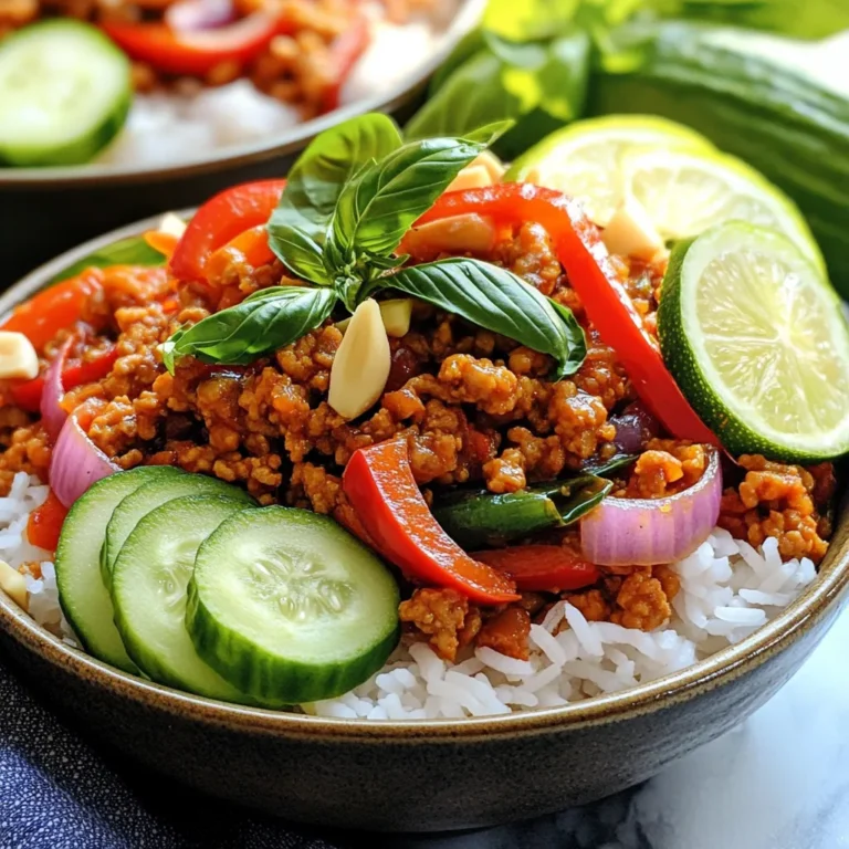 - 1 lb ground chicken - 1 cup fresh Thai basil leaves, packed - 1 red bell pepper, sliced - 1 small red onion, sliced - 3 cloves garlic, minced - 2 tablespoons soy sauce - 1 tablespoon fish sauce (optional) - 1 tablespoon oyster sauce - 2 teaspoons sugar - ½ teaspoon ground black pepper - Cooked jasmine rice, for serving - Sliced cucumbers, for garnish - Lime wedges, for garnish Gather these fresh ingredients. The ground chicken is the star here, but Thai basil shines bright, too. I love the way it smells! The red bell pepper and onion add color and crunch. Garlic brings out the flavor in every bite. For sauces, soy sauce is key. It gives that savory taste. Fish sauce adds depth but is optional. Oyster sauce brings sweetness that balances everything. Sugar and black pepper round out the flavors nicely. When it comes time to serve, fluffy jasmine rice is a must. It soaks up the sauce and keeps the dish light. Sliced cucumbers add a fresh crunch, while lime wedges give a zesty kick. Trust me, these toppings make the meal sing! First, take 1 pound of ground chicken. In a bowl, mix this chicken with the sauces. Add 2 tablespoons of soy sauce, 1 tablespoon of fish sauce (if you want), 1 tablespoon of oyster sauce, 2 teaspoons of sugar, and ½ teaspoon of ground black pepper. This mix packs a punch of flavor. Let the chicken marinate for about 10 minutes. This step makes the chicken taste even better. Next, grab a large skillet or wok. Heat 1 tablespoon of vegetable oil over medium-high heat. Add the sliced red onion and red bell pepper. Stir-fry these for about 2 to 3 minutes. You want them to start softening but not mushy. This gives the dish a nice crunch and flavor. Now, it’s time to cook the chicken. Turn up the heat to high and add your marinated chicken to the skillet. Use a spatula to break the chicken apart as it cooks. Stir-fry it for about 5 to 7 minutes. The chicken should be fully cooked and no longer pink. This ensures a safe and tasty meal. Once the chicken is cooked, turn off the heat. Now, add 1 cup of fresh Thai basil leaves to the skillet. Gently stir the basil in until it wilts. This keeps the fresh flavor of the basil intact. You want to capture that aromatic scent that makes this dish special. To serve, take fluffy jasmine rice and put it in bowls. Layer the chicken mixture over the rice. For a beautiful presentation, add sliced cucumbers on the side. You can also serve lime wedges for squeezing on top. This adds a fresh zing to your meal. To make great Thai Basil Chicken Bowls, start with fresh Thai basil. Look for bright green leaves that smell sweet and fragrant. This herb adds a unique flavor to your dish. You can find it at most grocery stores or Asian markets. For sauces, choose high-quality soy sauce, fish sauce, and oyster sauce. These will enhance your dish's taste. If you can't find fish sauce, you can skip it or use soy sauce instead. For a vegetarian option, replace ground chicken with tofu or tempeh. Adjust the sauces to keep the flavors balanced. High heat is key when stir-frying. This helps cook your chicken and veggies quickly while keeping them tender. When you heat your oil, make sure it’s very hot before adding the chicken. This avoids clumping and ensures even cooking. Use a spatula to break up the chicken as it cooks. This helps it brown nicely and keeps it from sticking together. Keep stirring to cook all sides evenly. For drinks, pair your bowls with a light iced tea or a cold beer. These choices complement the flavors well. If you prefer something non-alcoholic, try coconut water or a fresh fruit juice. As for sides, sliced cucumbers make a great garnish. They add crunch and freshness. You can also serve your bowls with a small salad or steamed veggies for extra color and flavor. {{image_2}} You can make a tasty vegetarian version of Thai Basil Chicken Bowls. Start by swapping ground chicken with tofu or tempeh. Both options absorb flavors well. Cut tofu into small cubes and press it to remove excess water. This helps it to brown nicely. For tempeh, slice it thin to allow quick cooking. Adjust sauce ingredients for balance. You may want to skip fish sauce entirely. Instead, add a dash of soy sauce for a similar umami taste. Incorporate a little extra sugar to enhance flavors. This small tweak makes a big difference. To create a gluten-free version, use gluten-free soy sauce. Regular soy sauce contains wheat, so this swap is key. Look for brands labeled gluten-free at your store. You can also use coconut aminos as an alternative. Check labels on oyster sauce and any other sauces you use. Many have gluten. Opt for brands specifically marked as gluten-free. This way, everyone can enjoy this dish without worry. Want some heat? Add chili sauce or fresh chilies to your dish. Start with a small amount and taste as you go. You can always add more, but you can’t take it away! For a fiery kick, use Thai bird chilies or jalapeños. Adjust the heat level to your taste. If you prefer mild, skip the chilies. Adding a touch of sweetness can balance the heat. A teaspoon of sugar or honey can work wonders. Enjoy experimenting with flavors! After you enjoy your Thai Basil Chicken Bowls, store any leftovers right away. Place them in airtight containers. This keeps the food fresh and tasty. You can use glass or plastic containers. Glass is great for heat and won’t stain. Make sure to cool the food before sealing it. This helps avoid condensation and sogginess. When you're ready to enjoy your leftovers, reheat them with care. Use a skillet on medium heat. Add a splash of water or broth to keep moisture in. Stir often for even heating. You can also use the microwave. Heat in short bursts of one minute. Stir in between to avoid hot spots. Aim for an internal temperature of 165°F to ensure safety. Want to save your Thai Basil Chicken Bowls for later? Freezing is a great option. Divide the meal into single servings. Use freezer-safe containers or heavy-duty bags. Remove as much air as possible to avoid freezer burn. Thaw the bowls in the fridge overnight before reheating. This keeps the flavor and texture nice. For best results, eat frozen meals within three months. I recommend using ground chicken for this dish. It cooks quickly and absorbs flavors well. You can also use ground turkey if you want a leaner option. If you prefer chunks of meat, chicken thighs work nicely too. They offer more flavor and stay juicy during cooking. Yes, you can prep this meal in advance. Cook the chicken mixture and let it cool. Store it in an airtight container in the fridge for up to three days. You can also prepare the rice ahead of time. Just reheat both before serving. This makes meal prep easy and quick on busy days. These bowls pair well with simple sides. I suggest serving sliced cucumbers for crunch. You can also add a fresh salad with lime dressing. If you want more carbs, try serving it with spring rolls. They add a nice touch and balance the meal. To store leftovers, place them in a sealed container. Keep them in the fridge for up to three days. When reheating, use a skillet over medium heat. This helps keep the chicken moist. You can also microwave it in 30-second intervals. Stir in between to ensure even heating. Fish sauce adds depth to the dish, but it's not a must. If you want a different flavor, try soy sauce or coconut aminos. These can give a nice umami taste. If you skip the fish sauce, just adjust the salt in your recipe. This way, you still achieve a balanced flavor profile. Thai Basil Chicken Bowls are simple and fun to make. We covered key ingredients, including ground chicken, fresh basil, and sauces that pack flavor. The step-by-step guide helped you prepare, sauté, and assemble your dish. I shared tips for variations and storage to keep your meal fresh. Remember, this dish is flexible. You can swap chicken for tofu or add spices for a kick. Enjoy making these bowls and impress your friends with your cooking skills!