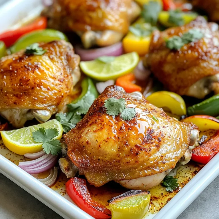 - 4 chicken thighs (bone-in, skin-on or boneless, skinless) - 2 tablespoons olive oil - 2 tablespoons lime juice (freshly squeezed) - 1 tablespoon chili powder - 1 teaspoon cumin - 1 teaspoon smoked paprika - 1 tablespoon honey - Salt and pepper to taste - 1 red bell pepper, sliced - 1 yellow bell pepper, sliced - 1 green bell pepper, sliced - 1 medium red onion, cut into wedges - Fresh cilantro for garnish (optional) Using chicken thighs gives this dish a juicy flavor. You can use bone-in or boneless thighs, depending on your taste. The marinade combines olive oil and fresh lime juice. This mix adds a bright, zesty flavor. Don't forget the spices! Chili powder, cumin, and smoked paprika create a warm, smoky taste. Honey balances the heat, while salt and pepper bring everything together. For the veggies, I love using colorful bell peppers. They add sweetness and crunch. Red, yellow, and green peppers look great together. The red onion adds even more flavor. When roasted, the veggies become tender and sweet. You can top the dish with fresh cilantro if you like. It adds a nice herbal touch. Enjoy this colorful meal right from the sheet pan! To start, grab a large bowl. Combine the olive oil and lime juice in the bowl. Next, add the chili powder, cumin, smoked paprika, honey, salt, and pepper. Mix everything well. This will create a bright and zesty marinade for your chicken. Now, take the chicken thighs and place them in the bowl. Make sure to coat the chicken evenly with the marinade. I like to let it sit for at least 20 minutes. If you have more time, marinate it overnight in the fridge. This helps boost the flavor. On a large sheet pan, lay out the sliced bell peppers and red onion. Spread them out evenly so they cook well. After that, place the marinated chicken thighs right on top of the vegetables. If you have any leftover marinade, drizzle it over everything for extra flavor. Preheat your oven to 425°F (220°C). Once it's hot, put the sheet pan inside. Roast the dish for 25 to 30 minutes. The chicken should reach an internal temperature of 165°F (74°C). The vegetables will become tender and colorful. After roasting, take the pan out and let it rest for 5 minutes before serving. Marinating is key for great flavor. I suggest marinating the chicken for at least 20 minutes. For deeper flavor, you can marinate overnight in the fridge. The longer you marinate, the more the chicken soaks up the zesty chili lime goodness. To ensure your chicken is tender, use a meat thermometer. This tool helps you check the chicken’s doneness. Cook until the internal temperature reaches 165°F (74°C). This gives you juicy chicken every time, and it avoids any guesswork. Different veggies cook at different rates. Bell peppers and onions cook quickly. They usually take about 25 to 30 minutes in the oven. Keep an eye on them, so they stay tender and crisp. You want the veggies to be vibrant and not mushy. {{image_2}} You can easily change the heat of your dish. If you love spice, add jalapeños or extra chili powder. Start with one jalapeño, diced, and mix it with the marinade. This adds a nice kick. For more heat, add a teaspoon of chili powder. Adjust to your taste. Feel free to swap the protein in this recipe. Chicken thighs work great, but chicken breast is leaner. You can also use shrimp for a lighter option. Just remember to adjust the cooking time. Shrimp cooks faster, so check them at 15 minutes. You can mix in other veggies to boost flavor and nutrition. Try zucchini, corn, or even asparagus. Chop them into similar sizes as the peppers and onion. This ensures even cooking. The more colors, the better! It makes your meal look and taste fantastic. To store leftovers, let the chicken and peppers cool first. Place them in an airtight container. This keeps them fresh for about 3 to 4 days. Make sure to separate the chicken from the veggies if you want them to stay crisp. For the best taste, reheat in the oven. Preheat your oven to 350°F (175°C). Place the chicken and peppers on a baking tray. Heat for about 15 to 20 minutes or until warm. You can also use the microwave. Just cover the dish to keep moisture in. Heat in short bursts, stirring between, until hot. To freeze, first cool the dish completely. Cut the chicken and veggies into serving sizes. Use freezer-safe bags or containers. Label them with the date. They can last up to 3 months in the freezer. When ready to eat, thaw in the fridge overnight. Reheat as mentioned above for best results. For the best flavor, marinate the chicken for at least 20 minutes. If you have time, marinate it overnight in the fridge. This brings out the zesty chili lime taste. Yes, you can use other meats like pork or shrimp. Just adjust the cooking time. Chicken thighs are perfect because they stay juicy. Here are some tasty side ideas: - Rice or quinoa for a filling option - Fresh salad for a light crunch - Black beans for extra protein - Corn on the cob for sweetness These sides balance the chicken's zesty flavor well. This blog post shared how to make a flavorful Chili Lime Chicken and Peppers dish. You learned about the key ingredients like chicken thighs, a fresh marinade, and colorful veggies. The step-by-step instructions guide you through marinating, roasting, and garnishing your meal. You also got useful tips for perfecting your dish and variations based on your taste. Remember, cooking is about finding what you enjoy. Use these ideas to create a meal that excites you and your family. Happy cooking!