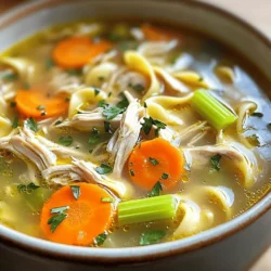 For this cozy soup, you will need: - 1.5 lbs boneless, skinless chicken thighs - 4 cups chicken broth - 2 cups water - 2 medium carrots, sliced - 2 celery stalks, chopped - 1 medium onion, diced - 3 cloves garlic, minced - 8 oz egg noodles - Salt and black pepper to taste These main ingredients create a rich base for your soup. The chicken adds protein, while the vegetables give it great flavor. To make the soup truly special, use these seasonings: - 1 teaspoon dried thyme - 1 teaspoon dried rosemary - 1 bay leaf These herbs and spices bring warmth and depth to the soup. Garlic adds a nice kick and makes the aroma inviting. To finish your soup, consider these garnishes: - Fresh parsley, chopped Adding fresh parsley not only brightens the dish but also adds a pop of color. It makes your soup look and taste even better. By using these ingredients, you create a dish that warms the heart and fills the belly. Enjoy cooking this simple yet comforting meal! To start, gather your ingredients. You will need 1.5 pounds of boneless, skinless chicken thighs, four cups of chicken broth, and two cups of water. Next, slice two medium carrots and chop two celery stalks. Dice one medium onion and mince three cloves of garlic. For herbs, grab one teaspoon each of dried thyme and rosemary. Don't forget the bay leaf! Add salt and black pepper to taste. Now, place all the prepared ingredients into your slow cooker. This includes the chicken, broth, water, carrots, celery, onion, garlic, thyme, rosemary, bay leaf, and seasonings. Give everything a good stir to mix it nicely. Cover the slow cooker with its lid. You can choose to cook on low for 6-8 hours or on high for 3-4 hours. The chicken should be fully cooked and tender when done. Check it after the time is up. If it's easy to shred, you are ready for the next step! Once your chicken is cooked, carefully take it out. Use two forks to shred the chicken into bite-sized pieces. Make sure to discard the bay leaf at this point. Now it’s time to add the egg noodles! Add 8 ounces of noodles to the slow cooker. Stir them in well with the other ingredients. Cover the slow cooker again and cook on high for an additional 30 minutes. This will make the noodles tender. After the time is up, taste your soup. You may want to add more salt and pepper for flavor. When serving, ladle the warm soup into bowls. Garnish with freshly chopped parsley for a pop of color and taste. Enjoy your cozy meal! To make a great broth, start with good chicken broth. I use four cups of chicken broth combined with two cups of water. This mix gives a rich flavor. Add fresh veggies like carrots, celery, and onion. Use garlic for depth. Thyme and rosemary add nice herbal notes. Let it cook for 6-8 hours on low. This slow cooking pulls out all the flavors. Always taste before serving. Adjust with salt and pepper as needed. When the chicken is done, take it out to shred. Use two forks to pull it apart. This method works well because the chicken is tender. Make sure to shred it into bite-sized pieces. Return the shredded chicken back to the soup. Discard the bay leaf at this point. This step adds heartiness to your soup, making it more filling. Add the egg noodles towards the end of cooking. This keeps them from getting too soft. Cook them for about 30 minutes on high. Stir them in well so they mix with the broth. Check them for doneness after 25 minutes. If they need more time, give them a few extra minutes. Perfect noodles make the soup even better. {{image_2}} You can boost flavor by adding more veggies. Try adding peas, green beans, or corn. These vegetables bring a nice crunch and color. You can also add spinach or kale for a health kick. Just toss them in during the last 30 minutes of cooking. This way, they stay bright and fresh. Egg noodles are classic, but you can mix it up. Try using wide noodles or even whole wheat options. If you like a twist, use rice noodles or gluten-free pasta. Each type adds a unique taste and texture. Remember to adjust the cooking time based on the noodle type. Chicken is great, but you can use other proteins too. Turkey is a leaner choice and works well. If you want a vegetarian option, use chickpeas or lentils. They add protein and fiber, making the soup filling. Just adjust the cooking time to ensure everything is tender. To store your chicken noodle soup, let it cool first. Use an airtight container. Fill the container, leaving some space at the top. This gives the soup room to expand if it freezes. You can keep it in the fridge for up to three days. When you are ready to enjoy the soup again, heat it on the stove. Pour it into a pot over medium heat. Stir occasionally until it is hot. You can also microwave it. Place it in a microwave-safe bowl, cover with a lid, and heat for 2-3 minutes. Stir halfway through. Make sure to check the temperature before serving. If you want to freeze the soup, use freezer-safe containers or bags. Leave some space at the top, as the soup will expand when frozen. Label the containers with the date. You can store the soup in the freezer for up to three months. When ready to eat, thaw it overnight in the fridge. Reheat it on the stove or in the microwave for a quick meal. Yes, you can use frozen chicken thighs in this soup. Just add them directly to the slow cooker. Adjust the cooking time to about 8-10 hours on low or 4-5 hours on high. The chicken will still become tender and easy to shred. This option saves you time and makes meal prep easy. To make this soup gluten-free, simply swap out the egg noodles for gluten-free noodles. You can find many options like rice noodles or gluten-free pasta. Always check the package for gluten-free labels. This small change keeps the soup tasty without gluten. Chicken noodle soup goes great with many sides. Here are some ideas: - Crusty bread or rolls - A fresh green salad - Simple crackers - Grilled cheese sandwiches These sides add flavor and give you a complete meal. Enjoy your cozy soup with these tasty additions! This chicken noodle soup is a cozy meal you can make easily. We've covered the main ingredients, cooking steps, and helpful tips to get it just right. I shared fun variations to keep it fresh and ideas for storing leftovers. You can even find answers to common questions. Enjoy your warm, tasty soup. It’s simple, comforting, and less work than you think. Dive in and make it your own!