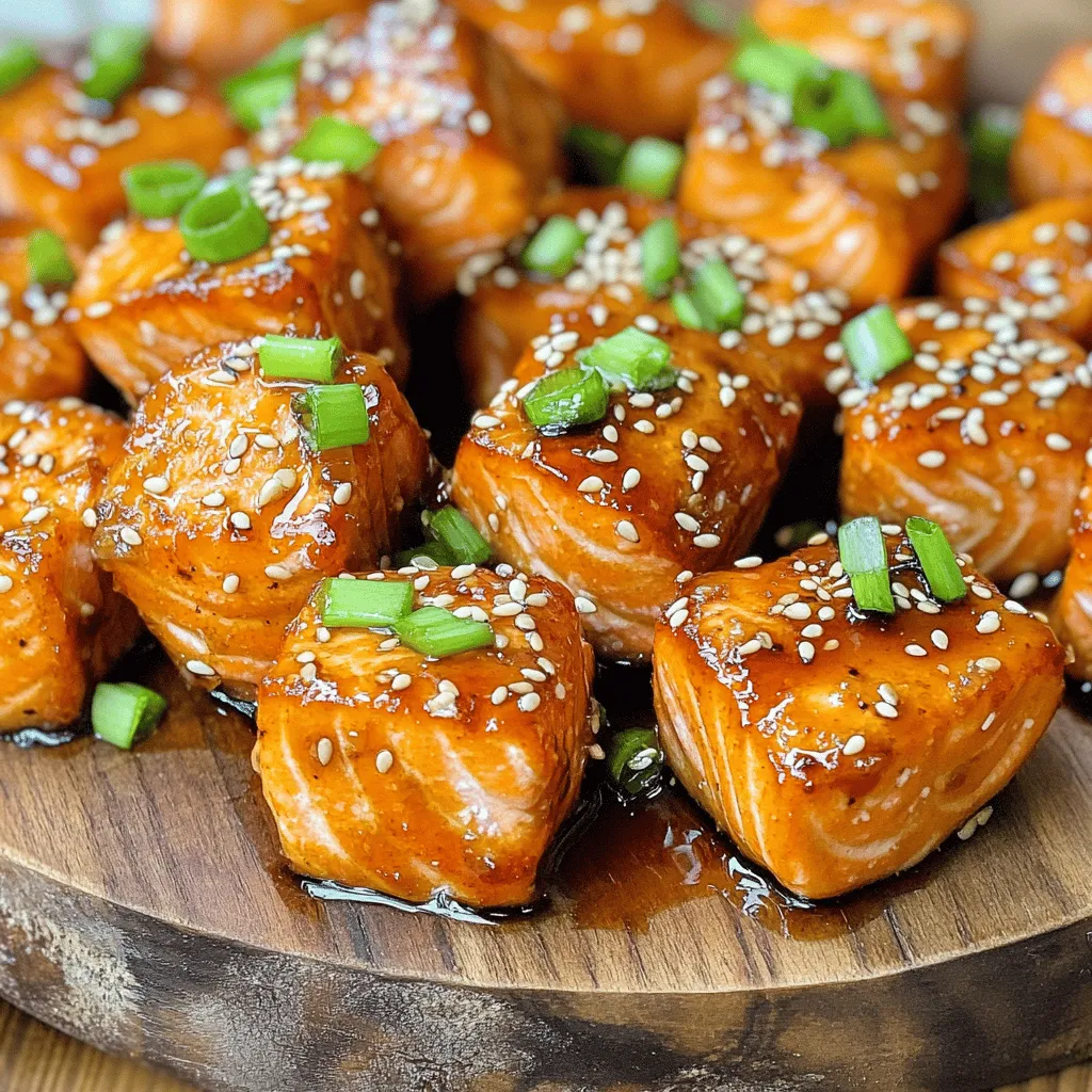 - 1 lb salmon fillet, skin removed - 1/4 cup teriyaki sauce - 1 tablespoon sesame oil - 1 teaspoon fresh ginger, grated - 2 cloves garlic, minced - 1 tablespoon honey - 1 tablespoon sesame seeds - 2 green onions, chopped - Salt and pepper to taste For this recipe, I love using fresh salmon. It has a soft texture and rich flavor. Skinless fillets work best. You can use store-bought teriyaki sauce, or make your own for an extra touch. The sesame oil adds a nice nuttiness to the dish. I always recommend adding fresh ginger and garlic. They give a wonderful kick and aroma. Honey balances the savory teriyaki sauce. For garnishing, sesame seeds add crunch and visual appeal. Chopped green onions brighten the dish. Adjust salt and pepper to your taste. These ingredients come together quickly and easily. You’ll have a tasty treat that impresses everyone! - First, get a bowl. - Add teriyaki sauce, sesame oil, honey, grated ginger, minced garlic, salt, and pepper. - Mix these ingredients well. - Now, take your salmon fillet and cut it into bite-sized cubes. - Toss the salmon cubes in the marinade, making sure they are well coated. - Cover the bowl and refrigerate for at least 30 minutes. - Set your air fryer to 400°F (200°C). - Allow it to preheat for about 5 minutes. - Lightly spray the air fryer basket with cooking oil to prevent sticking. - Place the marinated salmon cubes in a single layer in the basket. - Cook for 8 to 10 minutes. - Halfway through, shake the basket to ensure even cooking. - The salmon should be cooked through and slightly caramelized. When making teriyaki salmon bites, the type of salmon matters. You can choose between fresh and frozen salmon. Fresh salmon often has better flavor and texture. However, frozen salmon is a great option if you can't find fresh. Just make sure it's wild-caught when possible for the best taste. You also have skin-on and skinless options. Skin-on salmon can keep the fish moist. On the other hand, skinless salmon is easier to eat and absorbs the marinade better. I like to use skinless salmon for this recipe since it cooks up nicely. You can customize your teriyaki sauce easily. A simple homemade teriyaki sauce can bring fresh flavor. To make it, mix soy sauce, mirin, sugar, and a splash of rice vinegar. This mix gives a sweet and salty taste. Feel free to adjust the sugar to your liking. To balance sweetness and savory notes, add more honey for sweetness or soy sauce for saltiness. This way, you create a flavor that fits your taste buds perfectly. Shaking the air fryer basket is key. It helps the salmon cook evenly, so don't skip this step. Shake it halfway through cooking to ensure all sides get that crispy texture. Cooking time can vary based on salmon thickness and air fryer models. Check for doneness after 8 minutes. The salmon should be flaky and slightly caramelized. Keep an eye on it, so you don’t overcook. {{image_2}} You can switch up the protein in this recipe. Using chicken or tofu gives you new flavors. For chicken, use boneless, skinless thighs. Cut them into bite-sized pieces. Marinate as you would the salmon. Cook the chicken bites for the same time as the salmon. Tofu is another great choice. Choose firm tofu for the best texture. Press it to remove excess water before cutting. Marinate it just like the salmon. Cook it in the air fryer until crispy. Adjust the marinades for these proteins. Chicken loves a bit more spice. Tofu can soak up any flavor you give it. Feel free to get creative! These teriyaki salmon bites pair well with many sides. Serve them over fluffy rice for a filling meal. Jasmine rice or brown rice works great. You can also serve them with stir-fried veggies. Broccoli, bell peppers, or snap peas add color and crunch. If you want a lighter option, enjoy them as an appetizer. They make great finger food at parties. Just place toothpicks next to them for easy serving. Your guests will love these bites! Want to spice things up? Experiment with additional flavors. Add red pepper flakes for some heat. A sprinkle of five-spice powder gives a nice kick too. You can also mix in other sauces. Sriracha adds a nice, spicy kick. A drizzle of sweet chili sauce can make them sweeter. Don’t be afraid to try new flavors! Each twist can create a unique dish. To store leftovers, let the salmon bites cool down first. Once cooled, transfer them to an airtight container. This helps keep them fresh. Make sure to seal the container tightly. Store the salmon in the refrigerator for up to three days. When reheating salmon bites, I recommend using an air fryer or oven. This method keeps the salmon moist. Avoid using a microwave, as it can dry out the fish. Heat the bites at 350°F (175°C) for about 5-7 minutes. Check regularly to ensure they do not overcook. You can freeze cooked salmon bites for later use. Place the cooled bites in a single layer on a baking sheet. Freeze them for about 1 hour until firm. Then, transfer them to a freezer-safe bag. Make sure to remove as much air as possible. For the best results, thaw the bites overnight in the fridge before reheating. You can make teriyaki sauce at home with just a few ingredients. Here’s what you need: - 1/4 cup soy sauce - 1 tablespoon honey - 1 tablespoon rice vinegar - 1 teaspoon fresh ginger, grated - 1 teaspoon garlic, minced - 1 teaspoon cornstarch (optional, for thickness) - 1 tablespoon water (if using cornstarch) To make the sauce, mix the soy sauce, honey, vinegar, ginger, and garlic in a small pot. Heat over medium flame until it simmers. If you want a thicker sauce, dissolve cornstarch in water and stir it in. Cook for one more minute until thickened. This sauce is sweet, savory, and perfect for your salmon bites. Yes, you can use skin-on salmon for this recipe. Just remember that skin affects cooking time and texture. Skin-on salmon will take a bit longer to cook. It may also become crispier, adding a nice texture. If you choose skin-on, cook it skin-side down in the air fryer for best results. Adjust the cooking time to about 10-12 minutes. Teriyaki salmon bites taste great with many sides. Here are some tasty options: - Steamed rice or jasmine rice - Stir-fried vegetables like broccoli or bell peppers - A fresh salad with sesame dressing - Quinoa for a healthy twist - Cucumber salad for a refreshing crunch These sides complement the sweet and savory flavors of the salmon bites while adding color and nutrition to your meal. This post covered how to make tasty teriyaki salmon bites. We talked about ingredients like salmon, teriyaki sauce, and honey. I shared step-by-step cooking instructions and tips on choosing the best salmon. You can even swap proteins or try different flavors. Now you have the tools to make a quick and delicious meal. Enjoy creating your dish!