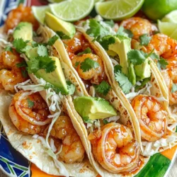 - 1 lb large shrimp, peeled and deveined - 8 small corn tortillas - 2 tablespoons olive oil - 2 tablespoons honey - 1 tablespoon sriracha - 1 teaspoon garlic powder - 1 teaspoon paprika - Salt and pepper to taste - 1 cup cabbage, shredded - 1 avocado, sliced - Fresh cilantro for garnish - Lime wedges for serving Sweet and spicy shrimp tacos start with fresh, large shrimp. You want them peeled and deveined for easy eating. Corn tortillas are classic for these tacos, giving a tasty base. Next, we need to make the marinade. Mix olive oil, honey, sriracha, garlic powder, paprika, salt, and pepper in a bowl. This blend adds flavor and a slight kick. You can adjust the sriracha to suit your spice level. For toppings, we use crunchy cabbage and creamy avocado. Shredded cabbage adds texture, while avocado brings creaminess. Fresh cilantro is a must for garnish. Lime wedges add a bright touch when squeezed over the tacos. This combination makes every bite flavorful and exciting! Start by grabbing a medium bowl. In the bowl, combine 2 tablespoons of olive oil, 2 tablespoons of honey, and 1 tablespoon of sriracha. Add 1 teaspoon of garlic powder, 1 teaspoon of paprika, and a pinch of salt and pepper. Mix all the ingredients well to create a spicy marinade. This blend brings the sweet and spicy flavors to life. Next, take 1 pound of large shrimp that are peeled and deveined. Toss the shrimp into the marinade. Make sure each shrimp gets a good coat of the spicy mix. Let the shrimp sit in the marinade for 5 minutes. This helps the flavors soak in before cooking. While the shrimp marinates, heat a skillet over medium-high heat. Once it's hot, add the shrimp in a single layer. Cook them for about 2 to 3 minutes on each side. Look for the shrimp to turn pink and opaque. This means they are cooked perfectly. Remove them from heat so they don’t overcook. Now it’s time to warm the tortillas. Heat 8 small corn tortillas in a dry skillet or grill for about 30 seconds on each side. This will make them soft and warm. Warming tortillas adds a nice touch to your tacos. To assemble your tacos, place a few cooked shrimp in each tortilla. Top the shrimp with shredded cabbage and slices of avocado. For an extra pop of freshness, add fresh cilantro on top. Serve with lime wedges on the side for a zesty squeeze. Enjoy your tasty creation! To get the best taste, adjust the sriracha. If you want it spicy, add more. If not, use less. For garlic and paprika, stick to 1 teaspoon each. This mix gives the shrimp a great flavor without being too strong. Cook shrimp perfectly by not overcrowding the pan. Make sure each shrimp gets enough heat. Cook them for about 2-3 minutes on each side. They should turn pink and opaque. You can also grill or bake the shrimp. Grilling adds a nice smoky taste. Baking is easy and keeps shrimp juicy. For serving, arrange the tacos on a big platter. This makes them look nice. Add lime wedges around the tacos. This adds color and flavor. You can also use small plates for each taco. Garnish with fresh cilantro for a pop of green. It makes the dish look fresh and inviting. {{image_2}} You can swap shrimp for chicken or tofu. Chicken gives a hearty taste. Use boneless chicken thighs for juicy bites. Simply cut them into small pieces and marinate like the shrimp. Tofu offers a great plant-based option. Press the tofu to remove excess water, then cut it into cubes. Marinate and cook until golden brown. This way, you can enjoy these tacos with different flavors. Feel free to get creative with marinades. Try using teriyaki sauce for a sweet twist. A lime and garlic marinade adds a zesty flavor. You can even mix yogurt with spices for a rich taste. Experimenting with different spice blends can lead to unique tacos. Each sauce brings out new flavors, making each taco night special. Toppings can change your taco game. Mango salsa adds a sweet and juicy burst. It pairs nicely with the spicy shrimp. Crumbled cheese, like feta or cotija, adds a salty kick. Pickled onions bring tang and brightness to each bite. You can also add sliced jalapeños for extra heat. Customize your toppings to make each taco your own creation. To keep your shrimp tacos fresh, store each part separately. Place leftover shrimp in an airtight container. Use a paper towel to absorb any moisture. Keep tortillas in a zip-top bag. Store cabbage and avocado in separate containers. This way, they stay fresh longer. Shrimp will last up to three days in the fridge. Use within two days for the best taste. For the shrimp, reheat on the stove over low heat. Stir gently until warmed through. Avoid cooking too long to keep them juicy. For the tortillas, warm in a dry skillet for about 15 seconds on each side. You can also microwave them for about 10 seconds. This keeps them soft and pliable. Yes, you can freeze shrimp tacos! First, freeze the shrimp and tortillas separately. Place shrimp in a freezer bag, removing as much air as possible. They will keep for up to three months. To thaw, move shrimp to the fridge overnight. For tortillas, thaw at room temperature for about an hour. This way, you can enjoy them later with minimal fuss! It takes just 15 minutes to make sweet and spicy shrimp tacos. Here’s how the time breaks down: - Prep Time: 5 minutes to mix the marinade and coat the shrimp. - Cooking Time: 10 minutes to cook the shrimp and warm the tortillas. This quick process makes it easy to whip up a delicious meal any night. Yes, you can prepare parts in advance. - Shrimp Marinade: You can mix the marinade a few hours before cooking. Just toss the shrimp in right before cooking. - Shredded Cabbage and Avocado: You can chop these ahead of time too. Just store them in the fridge until you are ready to serve. This way, you save time when it's time to eat. Shrimp tacos pair well with various side dishes and drinks. Here are some ideas: - Side Dishes: - Mexican rice for a hearty touch. - Black beans for added protein. - Chips with salsa or guacamole for a crunchy snack. - Beverages: - A cold beer or margarita for a fun vibe. - Fresh lemonade for a refreshing drink. These sides enhance the meal and make it more enjoyable. Yes, this recipe is gluten-free. - Corn Tortillas: Using corn tortillas ensures a gluten-free option. They are tasty and complement the shrimp well. If you need a gluten-free meal, these tacos fit the bill perfectly. This blog post shared a simple and tasty way to make shrimp tacos. We covered main ingredients, marinade, cooking steps, and tips for great flavor. You can try different proteins and toppings, too. Remember to store leftovers properly and enjoy these tacos fresh. With the right seasonings and techniques, anyone can make delicious shrimp tacos at home. Dive in and get cooking; your taste buds will thank you!