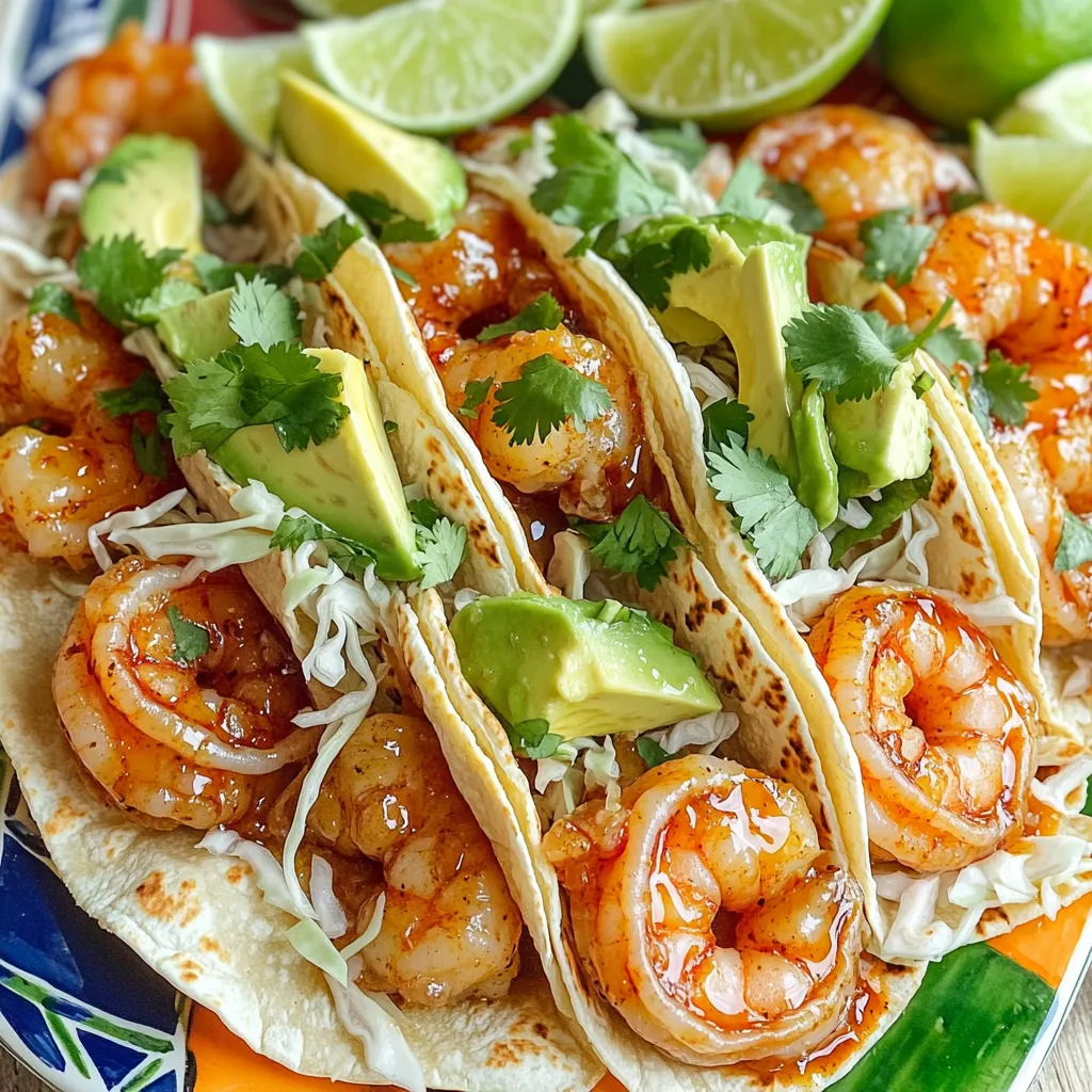 - 1 lb large shrimp, peeled and deveined - 8 small corn tortillas - 2 tablespoons olive oil - 2 tablespoons honey - 1 tablespoon sriracha - 1 teaspoon garlic powder - 1 teaspoon paprika - Salt and pepper to taste - 1 cup cabbage, shredded - 1 avocado, sliced - Fresh cilantro for garnish - Lime wedges for serving Sweet and spicy shrimp tacos start with fresh, large shrimp. You want them peeled and deveined for easy eating. Corn tortillas are classic for these tacos, giving a tasty base. Next, we need to make the marinade. Mix olive oil, honey, sriracha, garlic powder, paprika, salt, and pepper in a bowl. This blend adds flavor and a slight kick. You can adjust the sriracha to suit your spice level. For toppings, we use crunchy cabbage and creamy avocado. Shredded cabbage adds texture, while avocado brings creaminess. Fresh cilantro is a must for garnish. Lime wedges add a bright touch when squeezed over the tacos. This combination makes every bite flavorful and exciting! Start by grabbing a medium bowl. In the bowl, combine 2 tablespoons of olive oil, 2 tablespoons of honey, and 1 tablespoon of sriracha. Add 1 teaspoon of garlic powder, 1 teaspoon of paprika, and a pinch of salt and pepper. Mix all the ingredients well to create a spicy marinade. This blend brings the sweet and spicy flavors to life. Next, take 1 pound of large shrimp that are peeled and deveined. Toss the shrimp into the marinade. Make sure each shrimp gets a good coat of the spicy mix. Let the shrimp sit in the marinade for 5 minutes. This helps the flavors soak in before cooking. While the shrimp marinates, heat a skillet over medium-high heat. Once it's hot, add the shrimp in a single layer. Cook them for about 2 to 3 minutes on each side. Look for the shrimp to turn pink and opaque. This means they are cooked perfectly. Remove them from heat so they don’t overcook. Now it’s time to warm the tortillas. Heat 8 small corn tortillas in a dry skillet or grill for about 30 seconds on each side. This will make them soft and warm. Warming tortillas adds a nice touch to your tacos. To assemble your tacos, place a few cooked shrimp in each tortilla. Top the shrimp with shredded cabbage and slices of avocado. For an extra pop of freshness, add fresh cilantro on top. Serve with lime wedges on the side for a zesty squeeze. Enjoy your tasty creation! To get the best taste, adjust the sriracha. If you want it spicy, add more. If not, use less. For garlic and paprika, stick to 1 teaspoon each. This mix gives the shrimp a great flavor without being too strong. Cook shrimp perfectly by not overcrowding the pan. Make sure each shrimp gets enough heat. Cook them for about 2-3 minutes on each side. They should turn pink and opaque. You can also grill or bake the shrimp. Grilling adds a nice smoky taste. Baking is easy and keeps shrimp juicy. For serving, arrange the tacos on a big platter. This makes them look nice. Add lime wedges around the tacos. This adds color and flavor. You can also use small plates for each taco. Garnish with fresh cilantro for a pop of green. It makes the dish look fresh and inviting. {{image_2}} You can swap shrimp for chicken or tofu. Chicken gives a hearty taste. Use boneless chicken thighs for juicy bites. Simply cut them into small pieces and marinate like the shrimp. Tofu offers a great plant-based option. Press the tofu to remove excess water, then cut it into cubes. Marinate and cook until golden brown. This way, you can enjoy these tacos with different flavors. Feel free to get creative with marinades. Try using teriyaki sauce for a sweet twist. A lime and garlic marinade adds a zesty flavor. You can even mix yogurt with spices for a rich taste. Experimenting with different spice blends can lead to unique tacos. Each sauce brings out new flavors, making each taco night special. Toppings can change your taco game. Mango salsa adds a sweet and juicy burst. It pairs nicely with the spicy shrimp. Crumbled cheese, like feta or cotija, adds a salty kick. Pickled onions bring tang and brightness to each bite. You can also add sliced jalapeños for extra heat. Customize your toppings to make each taco your own creation. To keep your shrimp tacos fresh, store each part separately. Place leftover shrimp in an airtight container. Use a paper towel to absorb any moisture. Keep tortillas in a zip-top bag. Store cabbage and avocado in separate containers. This way, they stay fresh longer. Shrimp will last up to three days in the fridge. Use within two days for the best taste. For the shrimp, reheat on the stove over low heat. Stir gently until warmed through. Avoid cooking too long to keep them juicy. For the tortillas, warm in a dry skillet for about 15 seconds on each side. You can also microwave them for about 10 seconds. This keeps them soft and pliable. Yes, you can freeze shrimp tacos! First, freeze the shrimp and tortillas separately. Place shrimp in a freezer bag, removing as much air as possible. They will keep for up to three months. To thaw, move shrimp to the fridge overnight. For tortillas, thaw at room temperature for about an hour. This way, you can enjoy them later with minimal fuss! It takes just 15 minutes to make sweet and spicy shrimp tacos. Here’s how the time breaks down: - Prep Time: 5 minutes to mix the marinade and coat the shrimp. - Cooking Time: 10 minutes to cook the shrimp and warm the tortillas. This quick process makes it easy to whip up a delicious meal any night. Yes, you can prepare parts in advance. - Shrimp Marinade: You can mix the marinade a few hours before cooking. Just toss the shrimp in right before cooking. - Shredded Cabbage and Avocado: You can chop these ahead of time too. Just store them in the fridge until you are ready to serve. This way, you save time when it's time to eat. Shrimp tacos pair well with various side dishes and drinks. Here are some ideas: - Side Dishes: - Mexican rice for a hearty touch. - Black beans for added protein. - Chips with salsa or guacamole for a crunchy snack. - Beverages: - A cold beer or margarita for a fun vibe. - Fresh lemonade for a refreshing drink. These sides enhance the meal and make it more enjoyable. Yes, this recipe is gluten-free. - Corn Tortillas: Using corn tortillas ensures a gluten-free option. They are tasty and complement the shrimp well. If you need a gluten-free meal, these tacos fit the bill perfectly. This blog post shared a simple and tasty way to make shrimp tacos. We covered main ingredients, marinade, cooking steps, and tips for great flavor. You can try different proteins and toppings, too. Remember to store leftovers properly and enjoy these tacos fresh. With the right seasonings and techniques, anyone can make delicious shrimp tacos at home. Dive in and get cooking; your taste buds will thank you!