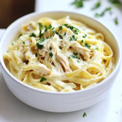 - 1 lb (450g) boneless, skinless chicken breasts - 8 oz (225g) pasta (e.g., fettuccine or penne) - 4 cloves garlic, minced - 1 cup chicken broth - 1 cup heavy cream - 1 cup grated Parmesan cheese - 1 teaspoon Italian seasoning - Salt and pepper to taste - 2 tablespoons olive oil In this dish, chicken breasts are the star. They soak up all the flavors. The pasta adds a nice base, holding the creamy sauce. Garlic gives a rich taste, while chicken broth adds depth. Heavy cream makes it all smooth and rich. Parmesan cheese brings a salty touch that blends so well. Italian seasoning adds a bit of herb flavor that ties everything together. To cook this dish well, you need a few key tools. A slow cooker is crucial for easy cooking. A skillet helps to sear the chicken first. A pot for boiling the pasta is also needed. You will also want a set of measuring cups and spoons for accuracy. Finally, a pair of forks will help shred the chicken once it's done cooking. - Fresh parsley, chopped - Extra grated Parmesan cheese Garnishing makes the dish look great. Fresh parsley adds a pop of color. It also gives a fresh taste that balances the creaminess. A sprinkle of extra Parmesan on top makes it even more inviting. These small touches elevate your meal from simple to stunning. Start by seasoning the chicken breasts. Use salt, pepper, and Italian seasoning. Heat olive oil in a skillet over medium-high heat. Sear the chicken for 3-4 minutes on each side. The chicken should turn golden brown. It does not need to cook fully; it will finish in the slow cooker. Place the seared chicken breasts into the slow cooker. Add minced garlic, chicken broth, and heavy cream on top of the chicken. This will create a rich base for the sauce. Make sure everything is well distributed. Cover the slow cooker and set it on low. Cook for 4-5 hours or on high for 2-3 hours. Check for tenderness; the chicken should easily shred with a fork. This slow cooking allows the flavors to meld beautifully. About 15-20 minutes before serving, cook your pasta in a separate pot. Follow the package instructions to ensure it is al dente. Once cooked, drain the pasta and set it aside. This timing is key to keeping the pasta from getting mushy. Remove the chicken from the slow cooker and shred it with two forks. Return the shredded chicken to the pot. Stir in grated Parmesan cheese. Mix until the cheese melts and forms a creamy sauce. Taste and add more salt or pepper if needed. Add the cooked pasta directly into the slow cooker. Gently toss everything together to coat the pasta in the sauce. Scoop the creamy garlic Parmesan chicken pasta into bowls. For a nice finish, garnish with chopped fresh parsley and a sprinkle of extra Parmesan cheese. Enjoy your delicious meal! To get that smooth, creamy sauce, use heavy cream. It blends well with the cheese. Stir in the grated Parmesan slowly. This helps it melt evenly. If the sauce seems thick, add a splash of chicken broth. This keeps it nice and light. For the best results, cook on low for 4-5 hours. This makes the chicken tender and full of flavor. If you're short on time, cooking on high for 2-3 hours works too. Ensure the chicken reaches an internal temperature of 165°F (75°C) before serving. Don’t skip searing the chicken. This step adds a rich flavor. Avoid overcooking the pasta. It should be al dente, as it will finish cooking in the sauce. Lastly, taste the dish before serving. Adjust salt and pepper to your liking for the best flavor. {{image_2}} You can switch the chicken for shrimp or tofu. Shrimp cooks fast and gives a nice taste. Use about one pound of shrimp. Just add it to the slow cooker in the last hour. Tofu is a great choice too. Use firm tofu, cut into cubes. Add it same time as the chicken. Both options make this dish fun and different. To make this dish gluten-free, swap the pasta for gluten-free options. You can try quinoa pasta or rice noodles. Both work well and taste great. Also, check the chicken broth. Some brands have gluten, so look for gluten-free labels. These simple swaps keep the dish tasty and safe for everyone. Adding veggies is a smart way to boost flavor and nutrition. You can add spinach, bell peppers, or mushrooms. Add about two cups of chopped veggies to the slow cooker. Toss them in with the chicken and other ingredients. They will cook down and blend nicely with the sauce. This makes the meal colorful and healthy. To keep your creamy garlic Parmesan chicken pasta fresh, store it in an airtight container. Make sure to let it cool down before sealing it. This helps prevent excess moisture inside the container. You can keep it in the fridge for up to three days. If you want to enjoy it later, freezing is a great option. When you’re ready to eat, reheat the pasta gently. You can use a microwave or a stovetop. If using the microwave, heat in short bursts, stirring often. If using the stovetop, add a splash of chicken broth or cream to keep it creamy. Stir until it is warmed through. This will help prevent it from drying out. To freeze the creamy garlic Parmesan chicken pasta, portion it into smaller containers. This makes it easier to thaw only what you need. Be sure to use freezer-safe containers. The pasta can be kept in the freezer for up to three months. When you are ready to eat, thaw it overnight in the fridge before reheating. It takes 4 to 5 hours on low or 2 to 3 hours on high. The chicken should be tender and cooked through. I prefer the low setting for a soft texture. The slow cooker makes the chicken juicy and full of flavor. Yes, you can use any pasta you like! Fettuccine or penne work great, but you can try rotini or even gluten-free pasta. Just make sure to adjust the cooking time for the pasta. Cook it al dente, as it will mix into the creamy sauce later. If the sauce is too thick, add a little chicken broth or cream. Stir it in slowly until you reach your desired consistency. This keeps the sauce creamy and helps it coat the pasta nicely. Yes, you can make this in an Instant Pot! Simply use the sauté function to sear the chicken. Then, add the other ingredients and cook on high pressure for about 10 minutes. Let it naturally release for 5 minutes before serving. To serve more people, just double the ingredients! Use 2 pounds of chicken and 16 ounces of pasta. You may need a larger slow cooker or cook in batches. Adjust the cooking time slightly if you add more ingredients, but keep an eye on the chicken for doneness. This blog post covered all you need for creamy garlic parmesan chicken pasta. We explored key ingredients, cooking steps, and easy variations. I shared tips to avoid common mistakes and how to store leftovers. Remember, you can switch proteins and add veggies for fun twists. Enjoy creating this dish that brings comfort and flavor to your table! With a little practice, you’ll master this meal in no time. Happy cooking!