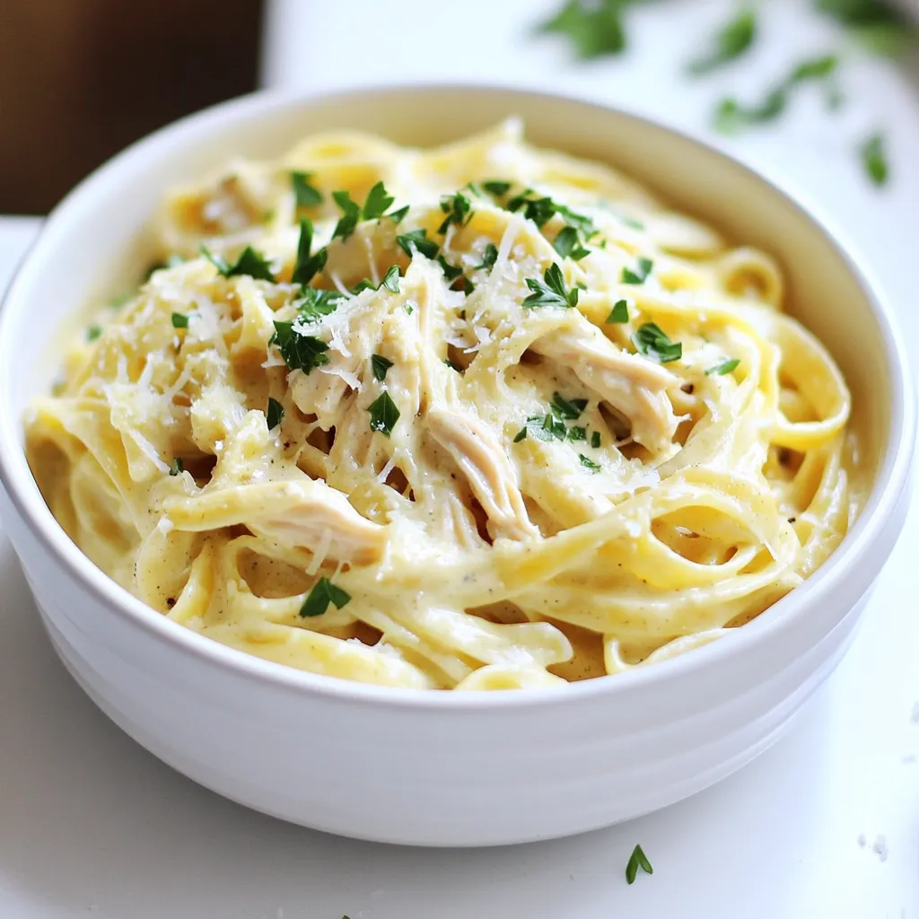 - 1 lb (450g) boneless, skinless chicken breasts - 8 oz (225g) pasta (e.g., fettuccine or penne) - 4 cloves garlic, minced - 1 cup chicken broth - 1 cup heavy cream - 1 cup grated Parmesan cheese - 1 teaspoon Italian seasoning - Salt and pepper to taste - 2 tablespoons olive oil In this dish, chicken breasts are the star. They soak up all the flavors. The pasta adds a nice base, holding the creamy sauce. Garlic gives a rich taste, while chicken broth adds depth. Heavy cream makes it all smooth and rich. Parmesan cheese brings a salty touch that blends so well. Italian seasoning adds a bit of herb flavor that ties everything together. To cook this dish well, you need a few key tools. A slow cooker is crucial for easy cooking. A skillet helps to sear the chicken first. A pot for boiling the pasta is also needed. You will also want a set of measuring cups and spoons for accuracy. Finally, a pair of forks will help shred the chicken once it's done cooking. - Fresh parsley, chopped - Extra grated Parmesan cheese Garnishing makes the dish look great. Fresh parsley adds a pop of color. It also gives a fresh taste that balances the creaminess. A sprinkle of extra Parmesan on top makes it even more inviting. These small touches elevate your meal from simple to stunning. Start by seasoning the chicken breasts. Use salt, pepper, and Italian seasoning. Heat olive oil in a skillet over medium-high heat. Sear the chicken for 3-4 minutes on each side. The chicken should turn golden brown. It does not need to cook fully; it will finish in the slow cooker. Place the seared chicken breasts into the slow cooker. Add minced garlic, chicken broth, and heavy cream on top of the chicken. This will create a rich base for the sauce. Make sure everything is well distributed. Cover the slow cooker and set it on low. Cook for 4-5 hours or on high for 2-3 hours. Check for tenderness; the chicken should easily shred with a fork. This slow cooking allows the flavors to meld beautifully. About 15-20 minutes before serving, cook your pasta in a separate pot. Follow the package instructions to ensure it is al dente. Once cooked, drain the pasta and set it aside. This timing is key to keeping the pasta from getting mushy. Remove the chicken from the slow cooker and shred it with two forks. Return the shredded chicken to the pot. Stir in grated Parmesan cheese. Mix until the cheese melts and forms a creamy sauce. Taste and add more salt or pepper if needed. Add the cooked pasta directly into the slow cooker. Gently toss everything together to coat the pasta in the sauce. Scoop the creamy garlic Parmesan chicken pasta into bowls. For a nice finish, garnish with chopped fresh parsley and a sprinkle of extra Parmesan cheese. Enjoy your delicious meal! To get that smooth, creamy sauce, use heavy cream. It blends well with the cheese. Stir in the grated Parmesan slowly. This helps it melt evenly. If the sauce seems thick, add a splash of chicken broth. This keeps it nice and light. For the best results, cook on low for 4-5 hours. This makes the chicken tender and full of flavor. If you're short on time, cooking on high for 2-3 hours works too. Ensure the chicken reaches an internal temperature of 165°F (75°C) before serving. Don’t skip searing the chicken. This step adds a rich flavor. Avoid overcooking the pasta. It should be al dente, as it will finish cooking in the sauce. Lastly, taste the dish before serving. Adjust salt and pepper to your liking for the best flavor. {{image_2}} You can switch the chicken for shrimp or tofu. Shrimp cooks fast and gives a nice taste. Use about one pound of shrimp. Just add it to the slow cooker in the last hour. Tofu is a great choice too. Use firm tofu, cut into cubes. Add it same time as the chicken. Both options make this dish fun and different. To make this dish gluten-free, swap the pasta for gluten-free options. You can try quinoa pasta or rice noodles. Both work well and taste great. Also, check the chicken broth. Some brands have gluten, so look for gluten-free labels. These simple swaps keep the dish tasty and safe for everyone. Adding veggies is a smart way to boost flavor and nutrition. You can add spinach, bell peppers, or mushrooms. Add about two cups of chopped veggies to the slow cooker. Toss them in with the chicken and other ingredients. They will cook down and blend nicely with the sauce. This makes the meal colorful and healthy. To keep your creamy garlic Parmesan chicken pasta fresh, store it in an airtight container. Make sure to let it cool down before sealing it. This helps prevent excess moisture inside the container. You can keep it in the fridge for up to three days. If you want to enjoy it later, freezing is a great option. When you’re ready to eat, reheat the pasta gently. You can use a microwave or a stovetop. If using the microwave, heat in short bursts, stirring often. If using the stovetop, add a splash of chicken broth or cream to keep it creamy. Stir until it is warmed through. This will help prevent it from drying out. To freeze the creamy garlic Parmesan chicken pasta, portion it into smaller containers. This makes it easier to thaw only what you need. Be sure to use freezer-safe containers. The pasta can be kept in the freezer for up to three months. When you are ready to eat, thaw it overnight in the fridge before reheating. It takes 4 to 5 hours on low or 2 to 3 hours on high. The chicken should be tender and cooked through. I prefer the low setting for a soft texture. The slow cooker makes the chicken juicy and full of flavor. Yes, you can use any pasta you like! Fettuccine or penne work great, but you can try rotini or even gluten-free pasta. Just make sure to adjust the cooking time for the pasta. Cook it al dente, as it will mix into the creamy sauce later. If the sauce is too thick, add a little chicken broth or cream. Stir it in slowly until you reach your desired consistency. This keeps the sauce creamy and helps it coat the pasta nicely. Yes, you can make this in an Instant Pot! Simply use the sauté function to sear the chicken. Then, add the other ingredients and cook on high pressure for about 10 minutes. Let it naturally release for 5 minutes before serving. To serve more people, just double the ingredients! Use 2 pounds of chicken and 16 ounces of pasta. You may need a larger slow cooker or cook in batches. Adjust the cooking time slightly if you add more ingredients, but keep an eye on the chicken for doneness. This blog post covered all you need for creamy garlic parmesan chicken pasta. We explored key ingredients, cooking steps, and easy variations. I shared tips to avoid common mistakes and how to store leftovers. Remember, you can switch proteins and add veggies for fun twists. Enjoy creating this dish that brings comfort and flavor to your table! With a little practice, you’ll master this meal in no time. Happy cooking!