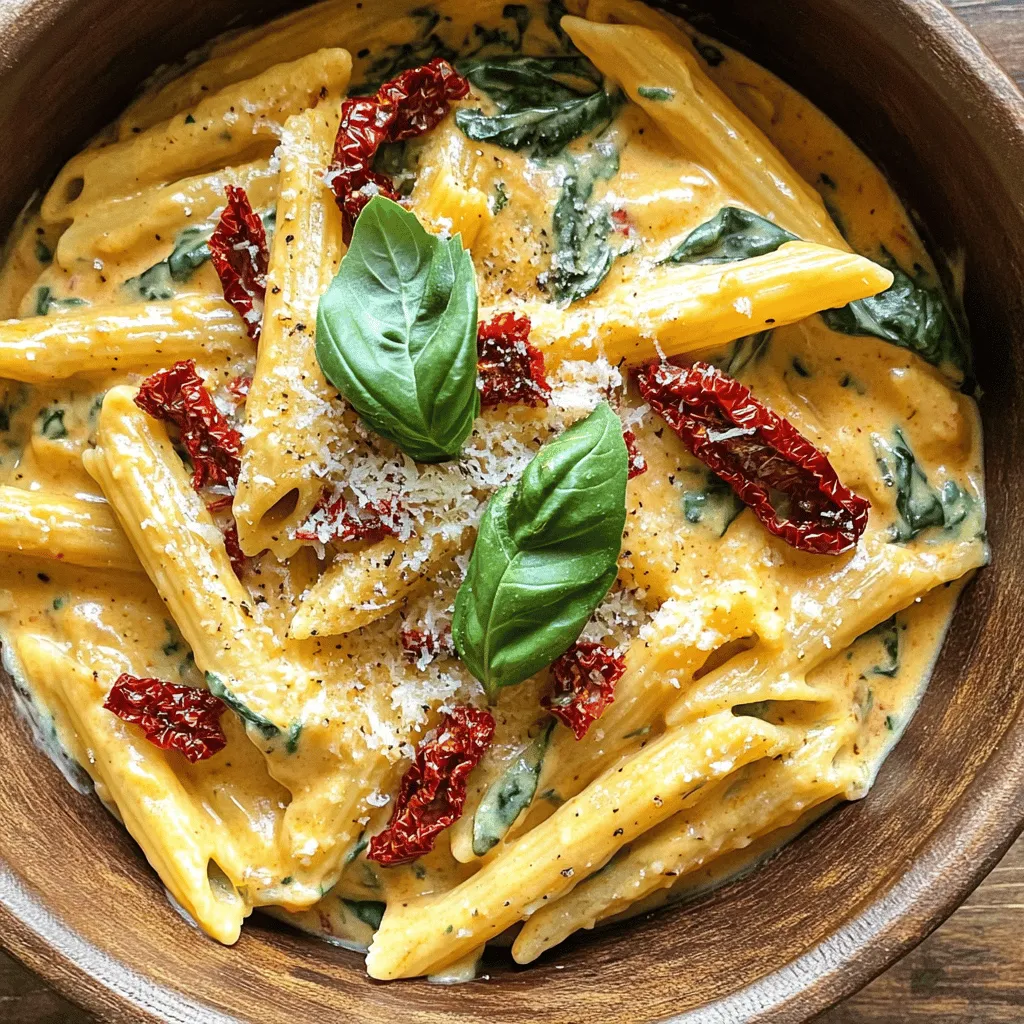 To make your Creamy Sun-Dried Tomato Penne, gather these ingredients: - 12 oz penne pasta - 1 cup sun-dried tomatoes (in oil, drained and chopped) - 1 medium onion, diced - 3 cloves garlic, minced - 2 cups vegetable broth - 1 cup heavy cream (or coconut cream for a vegan option) - 1 cup baby spinach - ½ cup grated Parmesan cheese (or nutritional yeast for vegan option) - 1 teaspoon dried basil - 1 teaspoon dried oregano - Salt and pepper to taste - 2 tablespoons olive oil - Fresh basil leaves for garnish For the best taste, choose high-quality ingredients. Look for sun-dried tomatoes packed in oil. This adds a rich flavor. Fresh basil enhances aroma and taste. Use fresh garlic and onion for a vibrant taste. If possible, pick organic vegetables. Organic options often have better flavor and fewer chemicals. You can swap some ingredients if needed. Use gluten-free penne for a gluten-free meal. Coconut cream works well for a vegan option. Nutritional yeast can replace Parmesan cheese for a vegan twist. If you want more greens, try kale instead of spinach. Don’t have vegetable broth? Water can work, but it may lack flavor. Start by gathering your ingredients. You will need: - 12 oz penne pasta - 1 cup sun-dried tomatoes (in oil, drained and chopped) - 1 medium onion, diced - 3 cloves garlic, minced - 2 cups vegetable broth - 1 cup heavy cream (or coconut cream for a vegan option) - 1 cup baby spinach - ½ cup grated Parmesan cheese (or nutritional yeast for vegan option) - 1 teaspoon dried basil - 1 teaspoon dried oregano - Salt and pepper to taste - 2 tablespoons olive oil - Fresh basil leaves for garnish Chop the sun-dried tomatoes and dice the onion. Mince the garlic, too. Measure out everything and have it ready. This makes cooking smooth and fun. In a large pot, heat the olive oil over medium heat. When hot, add the diced onion. Sauté it for about 5 minutes. You want it to be soft and translucent. Next, stir in the minced garlic. Cook it for 1 minute until it smells great. Add the chopped sun-dried tomatoes. Sauté these for 2 minutes. Now, pour in the vegetable broth and bring it to a gentle boil. Once boiling, add the penne pasta. Stir it well to prevent sticking. Reduce the heat and cover the pot. Let it simmer for 12-15 minutes. Stir it often. You want the pasta to be al dente, or firm to the bite. Once the pasta is cooked, stir in the heavy cream, dried basil, dried oregano, and grated Parmesan cheese. Mix it well until the sauce looks creamy. Now add the baby spinach. Cook for another 2-3 minutes until the spinach wilts. Season with salt and pepper to taste. Remove the pot from heat. Let it sit for a couple of minutes to thicken. When ready to serve, dish it into bowls. Garnish with fresh basil leaves and sprinkle more Parmesan cheese on top if you like. Enjoy your creamy sun-dried tomato penne! To cook pasta just right, start with a large pot. Use plenty of water. When boiling, add a good amount of salt. This adds flavor from the start. Stir the pasta right after adding it to the pot. This helps prevent sticking. Cook until it's al dente, which means firm but not hard. This usually takes about 12-15 minutes based on the package instructions. Remember, the pasta will continue cooking in the sauce, so pull it off the heat slightly early. For a rich and creamy sauce, heavy cream works best. If you want a vegan option, use coconut cream. Both will give you a thick texture. When adding the cream, mix it in slowly. This will help it blend evenly. You can also add more cheese if you like. Parmesan adds flavor and creaminess. Make sure to stir well after adding it. If the sauce seems too thick, add a splash of vegetable broth to loosen it up. You can boost the flavor of your penne in many ways. Fresh herbs, like basil or parsley, brighten the dish. You can also add a pinch of red pepper flakes for heat. If you love garlic, add more minced garlic when cooking the onions. For a protein boost, cooked chicken or shrimp works well. Just stir them in when you add the spinach. This makes the dish heartier and more filling. Adjust the seasoning with salt and pepper to match your taste. {{image_2}} You can easily make this dish vegan. Swap the heavy cream for coconut cream. Use nutritional yeast instead of Parmesan cheese. This adds a cheesy flavor without dairy. You can also add more veggies, like mushrooms or bell peppers. They give extra flavor and texture. If you want to add protein, chicken works great. Cook diced chicken in the pot before adding the onion. Shrimp is also an excellent choice. Add shrimp when you mix in the cream. They cook quickly and will be tender. Both options make the dish heartier and more filling. To make this dish gluten-free, choose gluten-free penne pasta. There are many good brands available now. Follow the same steps as the recipe. Just adjust the cooking time. Gluten-free pasta may need a bit less time to cook. Check it often to avoid overcooking. To keep your creamy sun-dried tomato penne fresh, follow these steps. First, let it cool to room temperature. Next, transfer the pasta to an airtight container. This will help prevent drying out. Make sure to seal it tightly. When you want to reheat your penne, use a saucepan. Add a splash of vegetable broth or water to keep it moist. Heat over medium-low heat and stir often. This will help it warm evenly without sticking. The creamy penne lasts in the fridge for about 3-5 days. If you want to freeze it, portion it out into smaller containers. It will stay fresh for up to three months in the freezer. To enjoy later, thaw it overnight in the fridge before reheating. Yes, you can use other pasta shapes. Fusilli, farfalle, or even spaghetti work well. Just adjust the cooking time according to the pasta you choose. For example, thicker pasta may need a bit longer to cook. To spice up your creamy sun-dried tomato penne, add red pepper flakes. Start with a pinch and taste as you go. You can also use spicy sun-dried tomatoes if you like heat. Another great option is to mix in some diced jalapeños. This dish pairs well with a simple salad. A fresh green salad with a lemon vinaigrette works great. You can also serve garlic bread or a side of roasted vegetables. These sides add color and flavor to your meal. We explored key ingredients and suggested high-quality options for your dishes. I shared tips for cooking perfect pasta and creating a creamy sauce. Variations such as vegan and gluten-free options ensure everyone can enjoy. Proper storage helps keep your food fresh, and I answered common questions. Remember, cooking is about having fun and being creative. Use these insights to experiment and enjoy your meals more!