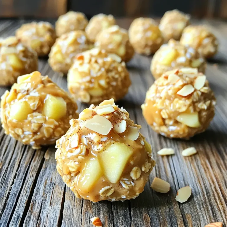 To make No-Bake Peanut Butter Apple Oat Bites, you need these key ingredients: - 1 cup rolled oats - 1/2 cup natural peanut butter - 1/2 cup grated apple (about 1 medium apple) - 1/4 cup honey or maple syrup - 1/4 cup chopped nuts (almonds or walnuts work well) - 1/4 teaspoon cinnamon - A pinch of sea salt - 1/4 cup mini chocolate chips (optional) These ingredients blend together to create a tasty and healthy snack. The oats give a nice texture, while the apple adds sweetness and moisture. You can personalize these bites with fun add-ins: - Dried fruits like raisins or cranberries - Seeds such as chia or flaxseed - Nut butters, like almond or cashew - Coconut flakes for a tropical twist These extras can change the flavor and texture. Try adding chocolate chips for sweetness or nuts for crunch. If you need to swap some items, here are a few simple ideas: - Use almond butter instead of peanut butter for a nut-free option. - Swap honey for agave syrup if you want a vegan choice. - Replace oats with quick oats if that's what you have. These substitutions keep the recipe flexible. Adjust according to your taste or dietary needs. To start, gather your ingredients. You will need rolled oats, grated apple, cinnamon, and more. Measure out 1 cup of rolled oats and place them in a large mixing bowl. Grate one medium apple until you have 1/2 cup. Add this to the oats along with 1/4 teaspoon of cinnamon. Mix these dry ingredients well so they blend nicely together. Now, let’s make the peanut butter mix. In a separate bowl, combine 1/2 cup of natural peanut butter, 1/4 cup of honey or maple syrup, and a pinch of sea salt. Stir this mix until it is smooth and creamy. Pour this peanut butter mixture over the dry oat and apple mix. Stir everything together until you can no longer see dry oats. Next, it’s time to form the bites. Use clean hands to scoop out small portions of the mixture. Roll these portions into small balls, about 1 inch in diameter. Place the formed balls on a parchment-lined baking sheet or plate. Then, refrigerate them for at least 30 minutes. This helps the bites firm up. After chilling, store them in an airtight container. Enjoy as a quick snack or energy boost! To get smooth bites, use rolled oats. They mix well and hold together. Grate your apple finely. This helps distribute the apple flavor evenly. When mixing, ensure every ingredient blends well. This makes the bites firm and tasty. Don’t skip the chilling step. It helps the bites firm up and hold shape. Use a non-stick bowl for mixing. This makes it easier to combine everything. If the mixture feels too wet, add more oats. If it's too dry, add a splash of honey or syrup. This keeps the bites balanced. To boost the taste, add more spices. A dash of nutmeg or ginger gives warmth. Try different nuts for crunch. Almonds add a sweet bite, while walnuts offer earthiness. If you like chocolate, include dark chocolate chips. They add richness and a sweet twist. {{image_2}} You can spice up these bites in many ways. Try adding dried fruits like raisins or cranberries. They give a sweet and chewy texture. You might also add a dash of nutmeg for a warm flavor. For a chocolate twist, mix in cocoa powder or swap in dark chocolate chips. Each option adds a new layer of taste. Feel free to swap out the peanut butter. Almond butter or cashew butter work great too. If you want a nut-free version, use sunflower seed butter. You can also switch the honey for agave syrup. This change keeps it vegan and just as sweet. These swaps let you create bites that fit your taste. This recipe is easy to make gluten-free. Just use certified gluten-free oats. For a vegan option, ensure your sweetener is plant-based. This recipe already avoids dairy, making it suitable for many diets. You can customize your bites to fit your dietary needs. These adjustments keep the bites tasty and enjoyable for everyone. To keep your no-bake peanut butter apple oat bites fresh, store them in the fridge. Use an airtight container to prevent drying. They can last up to a week. This way, you can enjoy them as a quick snack anytime. If you want to keep them longer, freezing is a great option. Place the bites in a single layer on a baking sheet. Freeze them for about an hour until firm. Then, transfer the bites to a freezer-safe bag or container. They can last for about three months in the freezer. The best containers for storage are glass or BPA-free plastic. Glass containers are great because they are safe and keep the bites fresh. If you use plastic, make sure it is airtight. This will help preserve the taste and texture of your treats. Yes, you can use other fruits. Bananas, pears, or peaches work well. Each fruit adds its own flavor. Just ensure the fruit is grated or finely chopped. This keeps the bites easy to mix and roll. These bites last about a week when stored properly. Keep them in an airtight container in the fridge. They stay fresh and tasty. If you want to keep them longer, consider freezing them. Absolutely! These bites are perfect for kids. They are fun to eat and packed with nutrients. The oats and peanut butter provide energy. Plus, kids love the sweet taste from the apple and honey. Yes, you can use maple syrup instead. Other sweeteners like agave syrup also work well. If you want a sugar-free option, consider using ripe mashed bananas. They add sweetness without any added sugar. In this post, we explored key ingredients for delicious bites and how to prepare them. I shared step-by-step instructions, tips for perfecting your mix, and fun variations to try. Remember, you can swap ingredients based on your taste and needs. Storing them properly keeps them fresh, and you can freeze leftover bites for later. Enjoy crafting your own unique version of these treats. With a few simple steps, you can snack smartly and healthily. Make it fun and share your creations!