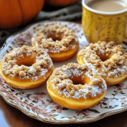 To make pumpkin coffee cake donuts, you need simple, fresh ingredients. Here’s what to gather: - 1 ½ cups all-purpose flour - 1 teaspoon baking powder - ½ teaspoon baking soda - ½ teaspoon salt - 1 teaspoon ground cinnamon - ½ teaspoon ground nutmeg - ¼ teaspoon ground cloves - ½ cup granulated sugar - ½ cup brown sugar, packed - ½ cup canned pumpkin puree - ½ cup Greek yogurt - 2 large eggs - 2 teaspoons vanilla extract - ½ cup unsalted butter, melted - ½ cup walnuts, chopped (optional) - ½ cup streusel topping (for garnish) Each ingredient plays a key role. The flour gives structure, while the baking powder and soda help the donuts rise. The spices add warmth and flavor. The pumpkin puree keeps them moist and delicious. Greek yogurt adds a nice tang and richness too. If you like nuts, walnuts add crunch. You can also customize with more spices or flavors. The streusel topping gives a sweet finish. It’s all about balance and creating a treat that tastes like fall. - Preheat your oven to 350°F (175°C) and grease a donut pan. This step is key for easy removal. - In a mixing bowl, whisk together the flour, baking powder, baking soda, salt, cinnamon, nutmeg, and cloves. Mix until everything is well combined. - In a separate bowl, combine the granulated sugar, brown sugar, pumpkin puree, Greek yogurt, eggs, and vanilla extract. Stir until the mixture is smooth and creamy. - Gradually add the melted butter into the pumpkin mixture. Stir gently until everything is fully combined. - Now, slowly fold in the dry ingredients. Be careful not to overmix. If you want some crunch, add chopped walnuts at this stage. - Pour the batter into the prepared donut pan, filling each cavity about ¾ full. This helps them rise perfectly. - Bake in the preheated oven for 12-15 minutes. Check if they are done by inserting a toothpick into a donut. It should come out clean. - Allow the donuts to cool in the pan for a few minutes. Then, carefully transfer them to a wire rack to cool completely. To get the best texture in your donuts, avoid overmixing the batter. When you mix too much, your donuts can become tough. Mix just until you see no dry flour. Also, use room-temperature ingredients. This helps the batter come together smoothly. You can perfect the flavor by adding spices. Try using cardamom or ginger for a warm twist. These spices give a nice depth to your pumpkin coffee cake donuts. If you want more crunch, add more walnuts. They not only add texture but also a lovely nutty flavor. While the donuts cool, prepare the streusel topping. This adds a sweet, crumbly layer on top. You can make it by mixing flour, brown sugar, and melted butter until crumbly. For an extra treat, drizzle icing on top. Mix powdered sugar with milk for the perfect drizzle. This makes your donuts look great and taste even better. {{image_2}} To make these donuts even more special, you can add coffee extract to the batter. This twist gives your donuts a rich coffee flavor. Simply mix in one teaspoon of coffee extract with your wet ingredients. The result is a tasty blend of pumpkin and coffee that pairs well with your morning brew. If you're looking for a gluten-free treat, it's easy to swap the all-purpose flour. Use a gluten-free flour blend instead. Make sure to check the blend for xanthan gum, which helps with texture. This option allows everyone to enjoy these delicious donuts without worry. You can also make a vegan version of these donuts. Replace the eggs with flaxseed meal. Mix one tablespoon of flaxseed meal with two and a half tablespoons of water. Let it sit for five minutes until it thickens. Instead of Greek yogurt, use unsweetened apple sauce. This keeps the donuts moist and adds a hint of sweetness. Enjoy these tasty vegan donuts with no guilt! Keep your leftover donuts in an airtight container at room temperature. This keeps them fresh and tasty for a few days. I like to use a glass container with a tight lid. It helps lock in the moisture, so the donuts stay soft. You can freeze these donuts for up to 2 months. Place them in a freezer-safe bag or container. Make sure to remove as much air as possible. When you're ready to enjoy them, thaw the donuts at room temperature. You can also heat them up for a warm treat. To enjoy fresh-tasting donuts, warm them in the microwave or oven. For the microwave, heat for about 10-15 seconds. In the oven, set it to 350°F and warm for about 5 minutes. This makes the donuts soft again and brings out their flavors. Enjoy with a cup of coffee! Yes, you can! If you don't have a donut pan, use a muffin tin instead. Simply fill the muffin cups about halfway with the batter. Bake for 15-20 minutes, or until a toothpick comes out clean. You can also make donut holes by using a mini muffin pan. These will cook faster, so check at around 10-12 minutes. To boost pumpkin flavor, try adding spices like ginger or allspice. A splash of vanilla extract can also help. You may use a bit of orange zest to give a bright note. If you want a richer taste, add a little maple syrup or brown sugar. Each of these tips can make your donuts pop with flavor. Pair these donuts with a hot cup of coffee or tea. They also go well with apple cider, a fall favorite. For a fun twist, serve them with a scoop of vanilla ice cream. You can also add fresh fruit like sliced apples or pears. This adds freshness and balance to the sweet donuts. You've learned how to make delicious pumpkin donuts from scratch. We covered the key ingredients, easy steps, and some helpful tips for perfecting your treats. I shared fun variations for different diets and how to store your leftovers. Remember, the best donuts come with a little practice. Enjoy experimenting with flavors and toppings. Your homemade donuts can bring joy to any gathering. Keep sharing your creations and enjoy every bite!