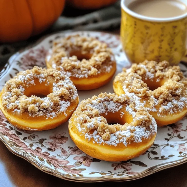 To make pumpkin coffee cake donuts, you need simple, fresh ingredients. Here’s what to gather: - 1 ½ cups all-purpose flour - 1 teaspoon baking powder - ½ teaspoon baking soda - ½ teaspoon salt - 1 teaspoon ground cinnamon - ½ teaspoon ground nutmeg - ¼ teaspoon ground cloves - ½ cup granulated sugar - ½ cup brown sugar, packed - ½ cup canned pumpkin puree - ½ cup Greek yogurt - 2 large eggs - 2 teaspoons vanilla extract - ½ cup unsalted butter, melted - ½ cup walnuts, chopped (optional) - ½ cup streusel topping (for garnish) Each ingredient plays a key role. The flour gives structure, while the baking powder and soda help the donuts rise. The spices add warmth and flavor. The pumpkin puree keeps them moist and delicious. Greek yogurt adds a nice tang and richness too. If you like nuts, walnuts add crunch. You can also customize with more spices or flavors. The streusel topping gives a sweet finish. It’s all about balance and creating a treat that tastes like fall. - Preheat your oven to 350°F (175°C) and grease a donut pan. This step is key for easy removal. - In a mixing bowl, whisk together the flour, baking powder, baking soda, salt, cinnamon, nutmeg, and cloves. Mix until everything is well combined. - In a separate bowl, combine the granulated sugar, brown sugar, pumpkin puree, Greek yogurt, eggs, and vanilla extract. Stir until the mixture is smooth and creamy. - Gradually add the melted butter into the pumpkin mixture. Stir gently until everything is fully combined. - Now, slowly fold in the dry ingredients. Be careful not to overmix. If you want some crunch, add chopped walnuts at this stage. - Pour the batter into the prepared donut pan, filling each cavity about ¾ full. This helps them rise perfectly. - Bake in the preheated oven for 12-15 minutes. Check if they are done by inserting a toothpick into a donut. It should come out clean. - Allow the donuts to cool in the pan for a few minutes. Then, carefully transfer them to a wire rack to cool completely. To get the best texture in your donuts, avoid overmixing the batter. When you mix too much, your donuts can become tough. Mix just until you see no dry flour. Also, use room-temperature ingredients. This helps the batter come together smoothly. You can perfect the flavor by adding spices. Try using cardamom or ginger for a warm twist. These spices give a nice depth to your pumpkin coffee cake donuts. If you want more crunch, add more walnuts. They not only add texture but also a lovely nutty flavor. While the donuts cool, prepare the streusel topping. This adds a sweet, crumbly layer on top. You can make it by mixing flour, brown sugar, and melted butter until crumbly. For an extra treat, drizzle icing on top. Mix powdered sugar with milk for the perfect drizzle. This makes your donuts look great and taste even better. {{image_2}} To make these donuts even more special, you can add coffee extract to the batter. This twist gives your donuts a rich coffee flavor. Simply mix in one teaspoon of coffee extract with your wet ingredients. The result is a tasty blend of pumpkin and coffee that pairs well with your morning brew. If you're looking for a gluten-free treat, it's easy to swap the all-purpose flour. Use a gluten-free flour blend instead. Make sure to check the blend for xanthan gum, which helps with texture. This option allows everyone to enjoy these delicious donuts without worry. You can also make a vegan version of these donuts. Replace the eggs with flaxseed meal. Mix one tablespoon of flaxseed meal with two and a half tablespoons of water. Let it sit for five minutes until it thickens. Instead of Greek yogurt, use unsweetened apple sauce. This keeps the donuts moist and adds a hint of sweetness. Enjoy these tasty vegan donuts with no guilt! Keep your leftover donuts in an airtight container at room temperature. This keeps them fresh and tasty for a few days. I like to use a glass container with a tight lid. It helps lock in the moisture, so the donuts stay soft. You can freeze these donuts for up to 2 months. Place them in a freezer-safe bag or container. Make sure to remove as much air as possible. When you're ready to enjoy them, thaw the donuts at room temperature. You can also heat them up for a warm treat. To enjoy fresh-tasting donuts, warm them in the microwave or oven. For the microwave, heat for about 10-15 seconds. In the oven, set it to 350°F and warm for about 5 minutes. This makes the donuts soft again and brings out their flavors. Enjoy with a cup of coffee! Yes, you can! If you don't have a donut pan, use a muffin tin instead. Simply fill the muffin cups about halfway with the batter. Bake for 15-20 minutes, or until a toothpick comes out clean. You can also make donut holes by using a mini muffin pan. These will cook faster, so check at around 10-12 minutes. To boost pumpkin flavor, try adding spices like ginger or allspice. A splash of vanilla extract can also help. You may use a bit of orange zest to give a bright note. If you want a richer taste, add a little maple syrup or brown sugar. Each of these tips can make your donuts pop with flavor. Pair these donuts with a hot cup of coffee or tea. They also go well with apple cider, a fall favorite. For a fun twist, serve them with a scoop of vanilla ice cream. You can also add fresh fruit like sliced apples or pears. This adds freshness and balance to the sweet donuts. You've learned how to make delicious pumpkin donuts from scratch. We covered the key ingredients, easy steps, and some helpful tips for perfecting your treats. I shared fun variations for different diets and how to store your leftovers. Remember, the best donuts come with a little practice. Enjoy experimenting with flavors and toppings. Your homemade donuts can bring joy to any gathering. Keep sharing your creations and enjoy every bite!