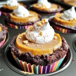 - 1 ½ cups brownie mix - ⅓ cup vegetable oil - 1 large egg - 1 teaspoon vanilla extract - 1 cup cream cheese, softened - ½ cup pumpkin puree - 1 cup powdered sugar - 1 teaspoon cinnamon - 1 teaspoon nutmeg - ½ teaspoon vanilla extract (for cheesecake layer) - ½ cup crushed graham crackers (for crust) - Whipped cream (for topping, optional) - Cinnamon stick (for garnish, optional) I love using these simple ingredients. The brownie mix gives a rich base. The pumpkin cheesecake layer adds a creamy texture and flavor. The spices make it warm and cozy. You can top with whipped cream for extra fun. A cinnamon stick adds a nice touch too. These small details make the dessert shine. First, set your oven to 350°F (175°C). This is the perfect temperature for baking. Next, grab your muffin tin and line it with cupcake liners. These liners help the brownie cups pop out easily. In a medium bowl, mix 1 ½ cups of brownie mix. Add in ⅓ cup of vegetable oil and 1 large egg. Don't forget the 1 teaspoon of vanilla extract! Stir until well combined. The mixture should be thick and smooth. Now, scoop the brownie batter into the lined muffin tins. Fill each cup about halfway full. This allows room for the cheesecake layer. In another bowl, beat together 1 cup of softened cream cheese and ½ cup of pumpkin puree. Add 1 cup of powdered sugar to sweeten it up. Then, sprinkle in 1 teaspoon of cinnamon and 1 teaspoon of nutmeg for warm flavors. Mix in ½ teaspoon of vanilla extract. Keep beating until the mixture is smooth and creamy. This will be the delicious topping for your brownie base. Now it’s time to layer! Spoon the pumpkin cheesecake mixture over the brownie base in each muffin cup. Fill them to the top. This makes for a nice, tall dessert. Make sure to spread it evenly for a great look. Place the muffin tin in the preheated oven. Bake for 20-25 minutes. You want the edges to set while the center has a slight wobble. Once they’re done, take them out and let them cool completely on a wire rack. After cooling, refrigerate for at least 2 hours. This helps the cups set up nicely. When you're ready to serve, top with whipped cream and a sprinkle of crushed graham crackers. A cinnamon stick makes a fun garnish! To get moist brownies, use a good quality brownie mix. Mix the oil, egg, and vanilla well. Avoid overmixing, as it can make brownies tough. When baking, check them around 20 minutes. Take them out when the edges are firm and the center is slightly soft. This helps keep them moist. To prevent cracks in your cheesecake layer, make sure your cream cheese is soft. Beat it well before adding other ingredients. Also, don’t overmix once you add pumpkin and sugar. Bake the cheesecake at a lower temperature if needed. A gentle bake helps keep the top smooth. For decoration, cool your brownie cups first. Then, add whipped cream on top for a tasty look. Sprinkle crushed graham crackers for crunch. You might also use a cinnamon stick as a fun garnish. These touches make your dessert look and taste even better. {{image_2}} You can make these brownie cups gluten-free. Use a gluten-free brownie mix. Check the label to ensure it meets your needs. The rest of the ingredients are usually gluten-free. This way, everyone can enjoy them! Want a lighter version? Swap the cream cheese for Greek yogurt. Use a sugar substitute instead of powdered sugar. You can also replace the vegetable oil with applesauce. These changes keep the taste while cutting calories. You can mix in chocolate chips for an extra treat. Add ½ cup of mini chocolate chips to the brownie mix. For a warm spice, add more nutmeg or even ginger. You can also use pumpkin spice instead of cinnamon. Each tweak offers a new twist on this classic dessert! Store your Pumpkin Cheesecake Brownie Cups in an airtight container. Keep them in the fridge for up to five days. If you want to keep them longer, freezing is a great option. Make sure each cup is well-wrapped to avoid freezer burn. To freeze, let the cups cool completely. Place them in a single layer on a tray. Once frozen, move them into a freezer-safe bag or container. Label the bag with the date. They can last up to three months in the freezer. When you're ready to enjoy, just thaw them overnight in the fridge. To reheat, take a cup out of the fridge. You can warm it in the microwave for about 15-20 seconds. If you prefer, you can also use an oven. Preheat to 350°F (175°C) and place the cup in for about 5-10 minutes. Enjoy them warm, topped with whipped cream for extra delight. Yes, you can use homemade brownie mix. Just make sure it has a similar texture and sweetness. I often use my favorite homemade recipe. It adds a nice personal touch to the cups. Plus, you can adjust the flavors to your liking. If you don't have pumpkin puree, use mashed sweet potatoes or butternut squash. Both options give a similar taste and texture. You can also use applesauce in a pinch, but it will change the flavor a bit. These cups last about 5 days in the fridge. Store them in an airtight container to keep them fresh. I recommend enjoying them within the first few days for the best taste. Absolutely! You can make these cups a day or two ahead. Just keep them in the fridge until you're ready to serve. They taste even better after chilling, as the flavors meld nicely. We explored how to make Pumpkin Cheesecake Brownie Cups from scratch. You gathered the right ingredients and followed easy steps for a great treat. I shared tips for moist brownies and avoiding cracks in the cheesecake. You can even try fun variations for different flavors. Now, with storage tips and answers to your questions, you’re ready to impress. Enjoy these tasty cups at your next gathering or as a sweet snack!