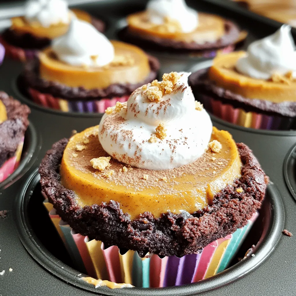 - 1 ½ cups brownie mix - ⅓ cup vegetable oil - 1 large egg - 1 teaspoon vanilla extract - 1 cup cream cheese, softened - ½ cup pumpkin puree - 1 cup powdered sugar - 1 teaspoon cinnamon - 1 teaspoon nutmeg - ½ teaspoon vanilla extract (for cheesecake layer) - ½ cup crushed graham crackers (for crust) - Whipped cream (for topping, optional) - Cinnamon stick (for garnish, optional) I love using these simple ingredients. The brownie mix gives a rich base. The pumpkin cheesecake layer adds a creamy texture and flavor. The spices make it warm and cozy. You can top with whipped cream for extra fun. A cinnamon stick adds a nice touch too. These small details make the dessert shine. First, set your oven to 350°F (175°C). This is the perfect temperature for baking. Next, grab your muffin tin and line it with cupcake liners. These liners help the brownie cups pop out easily. In a medium bowl, mix 1 ½ cups of brownie mix. Add in ⅓ cup of vegetable oil and 1 large egg. Don't forget the 1 teaspoon of vanilla extract! Stir until well combined. The mixture should be thick and smooth. Now, scoop the brownie batter into the lined muffin tins. Fill each cup about halfway full. This allows room for the cheesecake layer. In another bowl, beat together 1 cup of softened cream cheese and ½ cup of pumpkin puree. Add 1 cup of powdered sugar to sweeten it up. Then, sprinkle in 1 teaspoon of cinnamon and 1 teaspoon of nutmeg for warm flavors. Mix in ½ teaspoon of vanilla extract. Keep beating until the mixture is smooth and creamy. This will be the delicious topping for your brownie base. Now it’s time to layer! Spoon the pumpkin cheesecake mixture over the brownie base in each muffin cup. Fill them to the top. This makes for a nice, tall dessert. Make sure to spread it evenly for a great look. Place the muffin tin in the preheated oven. Bake for 20-25 minutes. You want the edges to set while the center has a slight wobble. Once they’re done, take them out and let them cool completely on a wire rack. After cooling, refrigerate for at least 2 hours. This helps the cups set up nicely. When you're ready to serve, top with whipped cream and a sprinkle of crushed graham crackers. A cinnamon stick makes a fun garnish! To get moist brownies, use a good quality brownie mix. Mix the oil, egg, and vanilla well. Avoid overmixing, as it can make brownies tough. When baking, check them around 20 minutes. Take them out when the edges are firm and the center is slightly soft. This helps keep them moist. To prevent cracks in your cheesecake layer, make sure your cream cheese is soft. Beat it well before adding other ingredients. Also, don’t overmix once you add pumpkin and sugar. Bake the cheesecake at a lower temperature if needed. A gentle bake helps keep the top smooth. For decoration, cool your brownie cups first. Then, add whipped cream on top for a tasty look. Sprinkle crushed graham crackers for crunch. You might also use a cinnamon stick as a fun garnish. These touches make your dessert look and taste even better. {{image_2}} You can make these brownie cups gluten-free. Use a gluten-free brownie mix. Check the label to ensure it meets your needs. The rest of the ingredients are usually gluten-free. This way, everyone can enjoy them! Want a lighter version? Swap the cream cheese for Greek yogurt. Use a sugar substitute instead of powdered sugar. You can also replace the vegetable oil with applesauce. These changes keep the taste while cutting calories. You can mix in chocolate chips for an extra treat. Add ½ cup of mini chocolate chips to the brownie mix. For a warm spice, add more nutmeg or even ginger. You can also use pumpkin spice instead of cinnamon. Each tweak offers a new twist on this classic dessert! Store your Pumpkin Cheesecake Brownie Cups in an airtight container. Keep them in the fridge for up to five days. If you want to keep them longer, freezing is a great option. Make sure each cup is well-wrapped to avoid freezer burn. To freeze, let the cups cool completely. Place them in a single layer on a tray. Once frozen, move them into a freezer-safe bag or container. Label the bag with the date. They can last up to three months in the freezer. When you're ready to enjoy, just thaw them overnight in the fridge. To reheat, take a cup out of the fridge. You can warm it in the microwave for about 15-20 seconds. If you prefer, you can also use an oven. Preheat to 350°F (175°C) and place the cup in for about 5-10 minutes. Enjoy them warm, topped with whipped cream for extra delight. Yes, you can use homemade brownie mix. Just make sure it has a similar texture and sweetness. I often use my favorite homemade recipe. It adds a nice personal touch to the cups. Plus, you can adjust the flavors to your liking. If you don't have pumpkin puree, use mashed sweet potatoes or butternut squash. Both options give a similar taste and texture. You can also use applesauce in a pinch, but it will change the flavor a bit. These cups last about 5 days in the fridge. Store them in an airtight container to keep them fresh. I recommend enjoying them within the first few days for the best taste. Absolutely! You can make these cups a day or two ahead. Just keep them in the fridge until you're ready to serve. They taste even better after chilling, as the flavors meld nicely. We explored how to make Pumpkin Cheesecake Brownie Cups from scratch. You gathered the right ingredients and followed easy steps for a great treat. I shared tips for moist brownies and avoiding cracks in the cheesecake. You can even try fun variations for different flavors. Now, with storage tips and answers to your questions, you’re ready to impress. Enjoy these tasty cups at your next gathering or as a sweet snack!