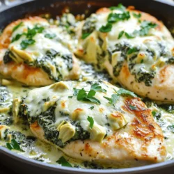 - 4 boneless, skinless chicken breasts - 1 cup fresh spinach, chopped - 1 cup canned artichoke hearts, drained and chopped - 1 cup cream cheese, softened - 1/2 cup grated Parmesan cheese - 1/2 teaspoon garlic powder - 1/4 teaspoon onion powder - Salt and pepper to taste - 2 tablespoons olive oil - 1/2 cup shredded mozzarella cheese - Fresh parsley for garnish To create this One-Pan Spinach Artichoke Chicken, you need just a few simple ingredients. First, get your chicken. The boneless, skinless chicken breasts are easy to cook and taste great. Next, grab fresh spinach and canned artichoke hearts. They add a nice flavor and color. For the creamy goodness, you will need cream cheese, Parmesan cheese, and mozzarella. Each cheese brings its own unique taste. Don't forget your seasonings! Garlic powder and onion powder give the chicken a delicious flavor. Lastly, use olive oil for cooking and fresh parsley for garnish. With these ingredients in hand, you can make a tasty and simple meal that everyone will love. Each bite is creamy, savory, and full of flavor! Preheating the Oven Start by preheating your oven to 375°F (190°C). This step is key to getting that cheese nice and bubbly later. Seasoning and Searing the Chicken Breasts In a large, oven-safe skillet, heat 2 tablespoons of olive oil over medium heat. While the oil heats, season 4 boneless, skinless chicken breasts with 1/2 teaspoon garlic powder, 1/4 teaspoon onion powder, salt, and pepper. Once the oil is hot, add the chicken. Sear each side for 5-7 minutes until golden brown. This caramelization adds flavor. Remove the chicken and set it aside. Sautéing Spinach and Artichokes In the same skillet, add 1 cup of chopped fresh spinach and 1 cup of drained, chopped canned artichoke hearts. Sauté for 2-3 minutes until the spinach wilts down. This step brings out the flavors of the spinach and artichokes. Adding Cream Cheese and Parmesan Lower the heat and add 1 cup of softened cream cheese and 1/2 cup of grated Parmesan cheese. Stir until the cheese melts and becomes creamy. You want a smooth mixture that will coat the chicken beautifully. Combining Ingredients in the Skillet Return the chicken breasts to the skillet. Spoon the creamy spinach-artichoke mixture over each piece. This adds a rich flavor that pairs well with the chicken. Baking Time and Cheese Melting Tips Sprinkle 1/2 cup of shredded mozzarella cheese evenly over the top. Place the skillet in the preheated oven and bake for 15-20 minutes. Look for the cheese to be bubbly and slightly golden. That’s when it’s ready to come out! How to Ensure Chicken Stays Juicy To keep your chicken juicy, start by searing it well. Use medium heat and cook for 5-7 minutes per side. This helps lock in moisture. Let the chicken rest after cooking. Resting for a few minutes helps the juices settle. Best Cooking Temperature The best cooking temperature for this dish is 375°F (190°C). This heat cooks the chicken evenly. It also helps melt the cheese without burning it. Always use a meat thermometer. Chicken should reach an internal temperature of 165°F (75°C) to be safe to eat. Fresh vs. Canned Spinach and Artichokes Using fresh spinach gives a bright flavor. It wilts down nicely in the pan. Canned artichokes are a great time-saver. They’re already cooked and easy to chop. If using fresh artichokes, cook them first to soften. Cheese Substitutions for Diet Preferences If you need a cheese swap, try ricotta or goat cheese. These can add a different flavor. For a dairy-free option, use a plant-based cream cheese. Nutritional yeast can provide a cheesy taste without dairy. {{image_2}} To make this dish low-carb, skip the cream cheese and use Greek yogurt instead. You can replace the chicken with cauliflower or zucchini for a keto-friendly version. These swaps keep the flavors rich while cutting down on carbs. For a vegetarian twist, omit the chicken and double the spinach and artichokes. You can also add chickpeas for protein. This keeps the dish filling and satisfying while keeping it meat-free. To boost flavor, try adding cumin, paprika, or Italian seasoning. Fresh herbs like basil or thyme can also brighten up the dish. These additions make each bite exciting and fresh. You can add bell peppers, mushrooms, or broccoli to the spinach artichoke mixture. These veggies not only add color but also enhance the nutrition of the dish. Feel free to mix and match based on what you have at home. To keep your One-Pan Spinach Artichoke Chicken fresh, follow these tips: - Refrigeration Guidelines: Place leftovers in an airtight container. Store them in the fridge for up to three days. Make sure the chicken cools down before sealing the container. This helps to keep the chicken moist and tasty. - Freezing Options for Meal Prep: You can freeze this dish too! Wrap the chicken tightly in plastic wrap or aluminum foil. Then, place it in a freezer bag. It can last for up to three months in the freezer. When you're ready to eat, thaw it in the fridge overnight. To enjoy your leftovers, you'll want to reheat them well: - Best Methods to Retain Flavor and Texture: Use the oven for best results. Preheat it to 350°F (175°C). Place the chicken in an oven-safe dish, cover it with foil, and heat for about 15-20 minutes. This keeps the cheese melty and the chicken juicy. You can also use the microwave if you're in a hurry. Just cover the chicken with a damp paper towel and heat in short bursts. Check every minute to avoid drying it out. How Long to Cook Chicken in One Pan? You should cook the chicken for 5-7 minutes on each side. This gives it a nice, golden brown color. After that, bake it in the oven for about 15-20 minutes. The chicken needs to reach 165°F (74°C) to be safe to eat. Can I Use Frozen Chicken Breasts? Yes, you can use frozen chicken breasts. Just make sure to thaw them first. Cook them longer if they are still cold in the center. Searing the outside first helps to lock in the juices. Calories and Macronutrient Breakdown One serving of this dish has about 400 calories. It includes protein from chicken and cheese, and healthy fats from olive oil. The meal also provides carbs mainly from the artichokes and spinach. Health Benefits of Spinach and Artichokes Spinach is packed with vitamins A, C, and K. It also has iron and calcium. Artichokes are high in fiber and antioxidants. Together, they help support heart health and improve digestion. This post covered how to make a tasty spinach artichoke chicken dish. We discussed the ingredients you need, like chicken breasts, spinach, and cheese. I provided step-by-step instructions on preparing the chicken and mixing the artichoke blend. Remember, you can adjust the recipe for diet needs or add extra flavors. Storing leftovers is simple, and I shared the best reheating tips to keep your meal fresh. Enjoy your cooking adventure and make this dish your own!