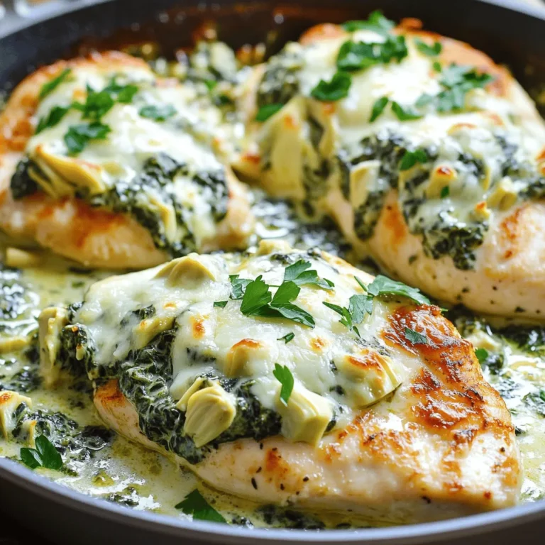 - 4 boneless, skinless chicken breasts - 1 cup fresh spinach, chopped - 1 cup canned artichoke hearts, drained and chopped - 1 cup cream cheese, softened - 1/2 cup grated Parmesan cheese - 1/2 teaspoon garlic powder - 1/4 teaspoon onion powder - Salt and pepper to taste - 2 tablespoons olive oil - 1/2 cup shredded mozzarella cheese - Fresh parsley for garnish To create this One-Pan Spinach Artichoke Chicken, you need just a few simple ingredients. First, get your chicken. The boneless, skinless chicken breasts are easy to cook and taste great. Next, grab fresh spinach and canned artichoke hearts. They add a nice flavor and color. For the creamy goodness, you will need cream cheese, Parmesan cheese, and mozzarella. Each cheese brings its own unique taste. Don't forget your seasonings! Garlic powder and onion powder give the chicken a delicious flavor. Lastly, use olive oil for cooking and fresh parsley for garnish. With these ingredients in hand, you can make a tasty and simple meal that everyone will love. Each bite is creamy, savory, and full of flavor! Preheating the Oven Start by preheating your oven to 375°F (190°C). This step is key to getting that cheese nice and bubbly later. Seasoning and Searing the Chicken Breasts In a large, oven-safe skillet, heat 2 tablespoons of olive oil over medium heat. While the oil heats, season 4 boneless, skinless chicken breasts with 1/2 teaspoon garlic powder, 1/4 teaspoon onion powder, salt, and pepper. Once the oil is hot, add the chicken. Sear each side for 5-7 minutes until golden brown. This caramelization adds flavor. Remove the chicken and set it aside. Sautéing Spinach and Artichokes In the same skillet, add 1 cup of chopped fresh spinach and 1 cup of drained, chopped canned artichoke hearts. Sauté for 2-3 minutes until the spinach wilts down. This step brings out the flavors of the spinach and artichokes. Adding Cream Cheese and Parmesan Lower the heat and add 1 cup of softened cream cheese and 1/2 cup of grated Parmesan cheese. Stir until the cheese melts and becomes creamy. You want a smooth mixture that will coat the chicken beautifully. Combining Ingredients in the Skillet Return the chicken breasts to the skillet. Spoon the creamy spinach-artichoke mixture over each piece. This adds a rich flavor that pairs well with the chicken. Baking Time and Cheese Melting Tips Sprinkle 1/2 cup of shredded mozzarella cheese evenly over the top. Place the skillet in the preheated oven and bake for 15-20 minutes. Look for the cheese to be bubbly and slightly golden. That’s when it’s ready to come out! How to Ensure Chicken Stays Juicy To keep your chicken juicy, start by searing it well. Use medium heat and cook for 5-7 minutes per side. This helps lock in moisture. Let the chicken rest after cooking. Resting for a few minutes helps the juices settle. Best Cooking Temperature The best cooking temperature for this dish is 375°F (190°C). This heat cooks the chicken evenly. It also helps melt the cheese without burning it. Always use a meat thermometer. Chicken should reach an internal temperature of 165°F (75°C) to be safe to eat. Fresh vs. Canned Spinach and Artichokes Using fresh spinach gives a bright flavor. It wilts down nicely in the pan. Canned artichokes are a great time-saver. They’re already cooked and easy to chop. If using fresh artichokes, cook them first to soften. Cheese Substitutions for Diet Preferences If you need a cheese swap, try ricotta or goat cheese. These can add a different flavor. For a dairy-free option, use a plant-based cream cheese. Nutritional yeast can provide a cheesy taste without dairy. {{image_2}} To make this dish low-carb, skip the cream cheese and use Greek yogurt instead. You can replace the chicken with cauliflower or zucchini for a keto-friendly version. These swaps keep the flavors rich while cutting down on carbs. For a vegetarian twist, omit the chicken and double the spinach and artichokes. You can also add chickpeas for protein. This keeps the dish filling and satisfying while keeping it meat-free. To boost flavor, try adding cumin, paprika, or Italian seasoning. Fresh herbs like basil or thyme can also brighten up the dish. These additions make each bite exciting and fresh. You can add bell peppers, mushrooms, or broccoli to the spinach artichoke mixture. These veggies not only add color but also enhance the nutrition of the dish. Feel free to mix and match based on what you have at home. To keep your One-Pan Spinach Artichoke Chicken fresh, follow these tips: - Refrigeration Guidelines: Place leftovers in an airtight container. Store them in the fridge for up to three days. Make sure the chicken cools down before sealing the container. This helps to keep the chicken moist and tasty. - Freezing Options for Meal Prep: You can freeze this dish too! Wrap the chicken tightly in plastic wrap or aluminum foil. Then, place it in a freezer bag. It can last for up to three months in the freezer. When you're ready to eat, thaw it in the fridge overnight. To enjoy your leftovers, you'll want to reheat them well: - Best Methods to Retain Flavor and Texture: Use the oven for best results. Preheat it to 350°F (175°C). Place the chicken in an oven-safe dish, cover it with foil, and heat for about 15-20 minutes. This keeps the cheese melty and the chicken juicy. You can also use the microwave if you're in a hurry. Just cover the chicken with a damp paper towel and heat in short bursts. Check every minute to avoid drying it out. How Long to Cook Chicken in One Pan? You should cook the chicken for 5-7 minutes on each side. This gives it a nice, golden brown color. After that, bake it in the oven for about 15-20 minutes. The chicken needs to reach 165°F (74°C) to be safe to eat. Can I Use Frozen Chicken Breasts? Yes, you can use frozen chicken breasts. Just make sure to thaw them first. Cook them longer if they are still cold in the center. Searing the outside first helps to lock in the juices. Calories and Macronutrient Breakdown One serving of this dish has about 400 calories. It includes protein from chicken and cheese, and healthy fats from olive oil. The meal also provides carbs mainly from the artichokes and spinach. Health Benefits of Spinach and Artichokes Spinach is packed with vitamins A, C, and K. It also has iron and calcium. Artichokes are high in fiber and antioxidants. Together, they help support heart health and improve digestion. This post covered how to make a tasty spinach artichoke chicken dish. We discussed the ingredients you need, like chicken breasts, spinach, and cheese. I provided step-by-step instructions on preparing the chicken and mixing the artichoke blend. Remember, you can adjust the recipe for diet needs or add extra flavors. Storing leftovers is simple, and I shared the best reheating tips to keep your meal fresh. Enjoy your cooking adventure and make this dish your own!