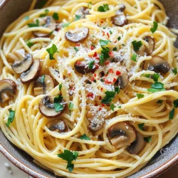 To make Minute Garlic Mushroom Pasta, you will need the following ingredients: - 200g spaghetti - 250g mushrooms (button or cremini), sliced - 4 cloves garlic, minced - 4 tablespoons olive oil - 1 teaspoon dried oregano - 1 teaspoon red pepper flakes (adjust to taste) - Salt and pepper to taste - Fresh parsley, chopped (for garnish) You can add some ingredients to make this dish even better: - Grated Parmesan cheese (for serving) - Lemon zest (for a fresh touch) - Cherry tomatoes (for color and flavor) - Spinach or kale (for added greens) If you don’t have some ingredients, here are some swaps: - Use whole wheat pasta instead of regular spaghetti. - Try different mushrooms like shiitake or portobello. - Replace olive oil with avocado oil for a different taste. - Use fresh herbs like basil or thyme instead of oregano. - Swap red pepper flakes with black pepper for less heat. These options keep the dish tasty while fitting your kitchen needs. Feel free to mix and match! Start by boiling a large pot of salted water. Add 200g of spaghetti once the water bubbles. Cook the pasta until it is al dente, which takes about 8 to 10 minutes. This means it should be firm but not hard. When done, reserve 1 cup of pasta water before draining the spaghetti. Set the pasta aside for later. In the same pot, add 4 tablespoons of olive oil over medium-high heat. Wait for the oil to get warm. Now, add 250g of sliced mushrooms to the pot. Cook them for about 5 minutes until they turn brown and soft. Stir them often. This step brings out their rich flavor. Once the mushrooms are ready, mix in 4 cloves of minced garlic, 1 teaspoon of dried oregano, and 1 teaspoon of red pepper flakes. Stir for 1 to 2 minutes. Be careful not to burn the garlic. Next, add the drained spaghetti to the pot. Toss the pasta with the mushrooms and garlic. Gradually pour in the reserved pasta water. This adds moisture to your dish. Season with salt and pepper to taste. Your pasta is now ready to serve! - Use a large pot with plenty of water. This helps the pasta cook evenly. - Add salt to the water. It enhances the pasta's flavor as it cooks. - Stir the pasta often while cooking. This prevents it from sticking together. - Cook until al dente. This means the pasta should be firm but tender. - Use medium-high heat. This helps brown the mushrooms well. - Don’t overcrowd the pan. Cook in batches if needed. This keeps the heat high. - Add a pinch of salt when cooking. It helps draw out moisture from the mushrooms. - Stir frequently. This ensures even cooking and prevents burning. - Try adding fresh herbs. Basil or thyme can add more depth. - Use lemon zest or juice. This brightens the dish and adds freshness. - Experiment with different cheeses. A sprinkle of feta or goat cheese can work well. - Consider a splash of white wine. It adds a rich, savory flavor. {{image_2}} If you want a vegetarian or vegan version of Minute Garlic Mushroom Pasta, it's easy. Simply leave out the Parmesan cheese. You can also use nutritional yeast instead. This gives a cheesy flavor without dairy. For a richer taste, add a splash of lemon juice or some capers. These small changes keep the dish tasty and satisfying. To make this dish heartier, you can add protein. Cooked chicken or shrimp works well. If you prefer plant-based protein, try chickpeas or lentils. You can toss them in the pan with the mushrooms. They soak up the garlic flavor nicely. Just remember to adjust cooking times to ensure everything is cooked through. The type of mushrooms you use can change the whole dish. Button mushrooms are mild, while cremini has a deeper flavor. You could also try shiitake or portobello for a unique twist. Just slice them up and follow the same steps. Each type of mushroom will bring its own taste. Experiment to find your favorite combination! To store leftover Minute Garlic Mushroom Pasta, let it cool first. Place it in an airtight container. This will keep the pasta fresh for up to three days in the fridge. Make sure to cover it well to avoid drying out. When you're ready to eat your leftovers, reheat the pasta gently. You can use the microwave or a pan on the stove. If the pasta seems dry, add a splash of water or olive oil. Heat until warm, stirring often. This keeps the flavors nice and fresh. If you want to save the pasta for later, you can freeze it. Pack it in a freezer-safe container or bag. It can last for up to two months in the freezer. When you want to eat it, thaw it in the fridge overnight. Then, reheat as mentioned before for the best taste. To make this pasta gluten-free, use gluten-free spaghetti. Many brands offer great options made from rice or corn. Cook the gluten-free spaghetti as normal. Follow the same steps for the sauce. The flavors will stay rich and tasty. Yes, you can prepare this dish ahead of time. Cook the pasta and sauce separately. Store each in a sealed container. When ready to eat, reheat both in a pan. Add a splash of pasta water to keep it moist. This keeps the flavors fresh. This dish pairs well with many sides. A simple green salad adds a nice crunch. Garlic bread is perfect for soaking up the sauce. You can also serve roasted vegetables for a healthy touch. This blog post explored how to make a tasty garlic mushroom pasta. We covered the key ingredients, steps to cook, and tips for perfect results. You learned about variations and how to store leftovers too. Cooking should be fun and simple. Try different mushrooms and protein to suit your taste. Enjoy your meal knowing you can make it your own! Happy cooking!