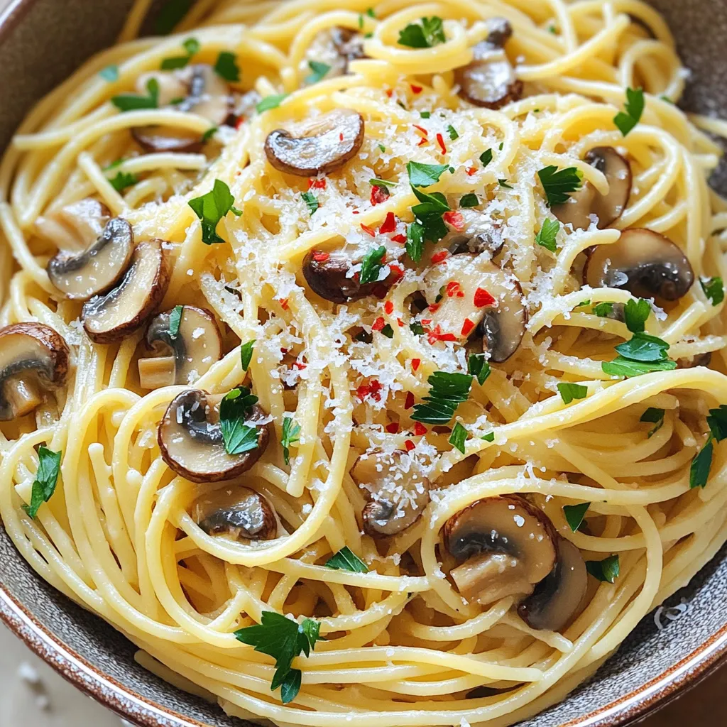 To make Minute Garlic Mushroom Pasta, you will need the following ingredients: - 200g spaghetti - 250g mushrooms (button or cremini), sliced - 4 cloves garlic, minced - 4 tablespoons olive oil - 1 teaspoon dried oregano - 1 teaspoon red pepper flakes (adjust to taste) - Salt and pepper to taste - Fresh parsley, chopped (for garnish) You can add some ingredients to make this dish even better: - Grated Parmesan cheese (for serving) - Lemon zest (for a fresh touch) - Cherry tomatoes (for color and flavor) - Spinach or kale (for added greens) If you don’t have some ingredients, here are some swaps: - Use whole wheat pasta instead of regular spaghetti. - Try different mushrooms like shiitake or portobello. - Replace olive oil with avocado oil for a different taste. - Use fresh herbs like basil or thyme instead of oregano. - Swap red pepper flakes with black pepper for less heat. These options keep the dish tasty while fitting your kitchen needs. Feel free to mix and match! Start by boiling a large pot of salted water. Add 200g of spaghetti once the water bubbles. Cook the pasta until it is al dente, which takes about 8 to 10 minutes. This means it should be firm but not hard. When done, reserve 1 cup of pasta water before draining the spaghetti. Set the pasta aside for later. In the same pot, add 4 tablespoons of olive oil over medium-high heat. Wait for the oil to get warm. Now, add 250g of sliced mushrooms to the pot. Cook them for about 5 minutes until they turn brown and soft. Stir them often. This step brings out their rich flavor. Once the mushrooms are ready, mix in 4 cloves of minced garlic, 1 teaspoon of dried oregano, and 1 teaspoon of red pepper flakes. Stir for 1 to 2 minutes. Be careful not to burn the garlic. Next, add the drained spaghetti to the pot. Toss the pasta with the mushrooms and garlic. Gradually pour in the reserved pasta water. This adds moisture to your dish. Season with salt and pepper to taste. Your pasta is now ready to serve! - Use a large pot with plenty of water. This helps the pasta cook evenly. - Add salt to the water. It enhances the pasta's flavor as it cooks. - Stir the pasta often while cooking. This prevents it from sticking together. - Cook until al dente. This means the pasta should be firm but tender. - Use medium-high heat. This helps brown the mushrooms well. - Don’t overcrowd the pan. Cook in batches if needed. This keeps the heat high. - Add a pinch of salt when cooking. It helps draw out moisture from the mushrooms. - Stir frequently. This ensures even cooking and prevents burning. - Try adding fresh herbs. Basil or thyme can add more depth. - Use lemon zest or juice. This brightens the dish and adds freshness. - Experiment with different cheeses. A sprinkle of feta or goat cheese can work well. - Consider a splash of white wine. It adds a rich, savory flavor. {{image_2}} If you want a vegetarian or vegan version of Minute Garlic Mushroom Pasta, it's easy. Simply leave out the Parmesan cheese. You can also use nutritional yeast instead. This gives a cheesy flavor without dairy. For a richer taste, add a splash of lemon juice or some capers. These small changes keep the dish tasty and satisfying. To make this dish heartier, you can add protein. Cooked chicken or shrimp works well. If you prefer plant-based protein, try chickpeas or lentils. You can toss them in the pan with the mushrooms. They soak up the garlic flavor nicely. Just remember to adjust cooking times to ensure everything is cooked through. The type of mushrooms you use can change the whole dish. Button mushrooms are mild, while cremini has a deeper flavor. You could also try shiitake or portobello for a unique twist. Just slice them up and follow the same steps. Each type of mushroom will bring its own taste. Experiment to find your favorite combination! To store leftover Minute Garlic Mushroom Pasta, let it cool first. Place it in an airtight container. This will keep the pasta fresh for up to three days in the fridge. Make sure to cover it well to avoid drying out. When you're ready to eat your leftovers, reheat the pasta gently. You can use the microwave or a pan on the stove. If the pasta seems dry, add a splash of water or olive oil. Heat until warm, stirring often. This keeps the flavors nice and fresh. If you want to save the pasta for later, you can freeze it. Pack it in a freezer-safe container or bag. It can last for up to two months in the freezer. When you want to eat it, thaw it in the fridge overnight. Then, reheat as mentioned before for the best taste. To make this pasta gluten-free, use gluten-free spaghetti. Many brands offer great options made from rice or corn. Cook the gluten-free spaghetti as normal. Follow the same steps for the sauce. The flavors will stay rich and tasty. Yes, you can prepare this dish ahead of time. Cook the pasta and sauce separately. Store each in a sealed container. When ready to eat, reheat both in a pan. Add a splash of pasta water to keep it moist. This keeps the flavors fresh. This dish pairs well with many sides. A simple green salad adds a nice crunch. Garlic bread is perfect for soaking up the sauce. You can also serve roasted vegetables for a healthy touch. This blog post explored how to make a tasty garlic mushroom pasta. We covered the key ingredients, steps to cook, and tips for perfect results. You learned about variations and how to store leftovers too. Cooking should be fun and simple. Try different mushrooms and protein to suit your taste. Enjoy your meal knowing you can make it your own! Happy cooking!