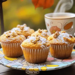 To make pumpkin spice coffee cake muffins, gather these key ingredients: - 1 cup all-purpose flour - 1/2 cup brown sugar - 1/2 teaspoon baking powder - 1/2 teaspoon baking soda - 1 teaspoon ground cinnamon - 1/2 teaspoon ground nutmeg - 1/4 teaspoon ground ginger - 1/4 teaspoon ground cloves - 1/4 teaspoon salt - 1/2 cup canned pumpkin puree - 1/4 cup unsweetened applesauce - 1/4 cup vegetable oil - 2 large eggs - 1 teaspoon vanilla extract - 1/2 cup chopped walnuts or pecans (optional) - 1/4 cup powdered sugar (for dusting) You can add nuts for crunch. Walnuts or pecans work great. If you want a sweeter muffin, add chocolate chips. For a dairy-free option, replace eggs with flax eggs. Applesauce can be swapped for yogurt or mashed banana. Use almond flour for a gluten-free twist. These muffins have warm, spicy notes from cinnamon, nutmeg, and ginger. The pumpkin adds moisture and a subtle sweetness. The brown sugar gives a rich, caramel flavor. If you use nuts, they add a delightful crunch. Dusting with powdered sugar makes them look lovely and adds a sweet finish. Enjoy these with coffee to balance the flavors! First, set your oven to 350°F (175°C). This step is key for baking. While it heats, line a muffin tin with liners or spray it with non-stick spray. This helps the muffins pop out easily when they're done. Next, grab a large bowl. In this bowl, whisk together the dry ingredients. Combine 1 cup of flour, 1/2 cup of brown sugar, and the baking powder and soda. Add in 1 teaspoon of cinnamon, 1/2 teaspoon of nutmeg, 1/4 teaspoon each of ginger, cloves, and salt. Mix these until they are well combined. This blend gives your muffins that warm fall flavor. Now, take another bowl for the wet ingredients. Mix together 1/2 cup of pumpkin puree, 1/4 cup of applesauce, and 1/4 cup of vegetable oil. Crack in 2 large eggs and add 1 teaspoon of vanilla extract. Stir this mixture until it's smooth. This step adds moisture and richness to your muffins. Pour the wet mixture into the dry bowl. Gently fold them together until just combined. A few lumps are fine. If you like, fold in 1/2 cup of chopped nuts for extra crunch. Then, fill each muffin cup about 2/3 full with batter. This way, they have room to rise. Place the muffin tin in your preheated oven. Bake for 18-20 minutes. To check if they’re done, insert a toothpick into the center. If it comes out clean, they are ready. After baking, let the muffins cool in the tin for 5 minutes. Then, move them to a wire rack. Once cool, dust the tops with powdered sugar for a sweet finish. Enjoy the lovely smell while they cool! To get that soft, fluffy muffin texture, remember these tips. First, mix your dry and wet ingredients separately before combining. This keeps the flour from clumping and helps the muffins rise. Do not overmix the batter. A few lumps are okay. They help create a light texture. Also, fill each muffin cup about two-thirds full. This gives them room to rise without spilling over. Avoid these common mistakes for the best muffins. Do not skip the baking powder and baking soda. They are key for the right rise. Check your oven temperature with a thermometer. An oven that is too hot can burn the muffins, while one that is too cool can leave them dense. Lastly, do not open the oven door too early. This can cause the muffins to sink. Serve your muffins warm for the best taste. A dusting of powdered sugar adds sweetness. Pair them with a hot cup of coffee or tea. You can also serve them with a dollop of whipped cream for a treat. For a fun twist, try adding some maple syrup on top. The flavors mix perfectly with the pumpkin spice. Enjoy your muffins on a cozy morning or as a snack! {{image_2}} You can make these muffins gluten-free easily. Use a gluten-free flour blend instead of all-purpose flour. Brands like Bob's Red Mill work great. Just make sure it has xanthan gum for better texture. This swap keeps your muffins light and fluffy. To make these muffins vegan, replace eggs with flax eggs. Mix one tablespoon of flaxseed meal with three tablespoons of water. Let it sit for five minutes. Use almond milk or any plant milk instead of dairy. Also, replace the vegetable oil with melted coconut oil. These changes will keep the muffins moist and tasty. Want to mix things up? Add chocolate chips for a sweet twist. You can also fold in dried cranberries or raisins for a fruity touch. If you love nuts, use pecans or walnuts. Each option brings a unique flavor to your muffins. You can even try a swirl of cream cheese for a rich bite. To keep your pumpkin spice coffee cake muffins fresh, use an airtight container. Place the muffins in a single layer. If you stack them, add parchment paper between layers to prevent sticking. Store them at room temperature for up to three days. For longer storage, consider the fridge. You can freeze these muffins for up to three months. Wrap each muffin tightly in plastic wrap. Then, place them in a freezer bag. Label the bag with the date. When you're ready to eat, remove a muffin and thaw it at room temperature. You can also heat it in the microwave for about 15 seconds. These muffins stay fresh for about three days at room temperature. In the fridge, they last up to a week. If you freeze them, they maintain quality for three months. Always check for changes in smell or texture before eating. Enjoy your muffins while they're still tasty! To make pumpkin spice coffee cake muffins from scratch, gather your ingredients first. You need flour, brown sugar, baking powder, baking soda, spices, salt, pumpkin puree, applesauce, oil, eggs, and vanilla. Mix the dry ingredients in one bowl. In another bowl, mix the wet ingredients until smooth. Then, combine both mixtures carefully. Fill muffin cups and bake for 18-20 minutes. Yes, you can use fresh pumpkin instead of canned. Just cook and mash the pumpkin first. Make sure it is smooth and not too watery. Fresh pumpkin gives a nice taste. If you need a substitute for applesauce, try using mashed banana or yogurt. Both options will keep the muffins moist. You can also use pureed pears if you have them. These muffins last about 3-5 days when stored at room temperature. Keep them in an airtight container to maintain freshness. You can also refrigerate them to extend their shelf life a bit longer. Serve these muffins warm or at room temperature for the best taste. Pair them with coffee or tea for a cozy treat. Dust them with powdered sugar for a sweet touch. Add a sprinkle of cinnamon on top for extra flavor. Enjoy! This blog post covered making delicious pumpkin spice coffee cake muffins. We explored the key ingredients and optional add-ins that boost flavor. The step-by-step instructions ensure you mix and bake them perfectly. I shared tips for the best texture and common mistakes to avoid. You also learned about gluten-free and vegan options. Finally, I detailed storage methods to keep your muffins fresh. Enjoy your baking journey! You'll love these muffins warm or cooled.
