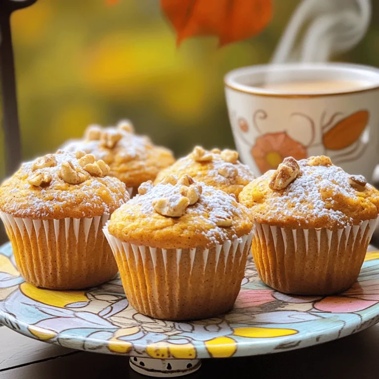 To make pumpkin spice coffee cake muffins, gather these key ingredients: - 1 cup all-purpose flour - 1/2 cup brown sugar - 1/2 teaspoon baking powder - 1/2 teaspoon baking soda - 1 teaspoon ground cinnamon - 1/2 teaspoon ground nutmeg - 1/4 teaspoon ground ginger - 1/4 teaspoon ground cloves - 1/4 teaspoon salt - 1/2 cup canned pumpkin puree - 1/4 cup unsweetened applesauce - 1/4 cup vegetable oil - 2 large eggs - 1 teaspoon vanilla extract - 1/2 cup chopped walnuts or pecans (optional) - 1/4 cup powdered sugar (for dusting) You can add nuts for crunch. Walnuts or pecans work great. If you want a sweeter muffin, add chocolate chips. For a dairy-free option, replace eggs with flax eggs. Applesauce can be swapped for yogurt or mashed banana. Use almond flour for a gluten-free twist. These muffins have warm, spicy notes from cinnamon, nutmeg, and ginger. The pumpkin adds moisture and a subtle sweetness. The brown sugar gives a rich, caramel flavor. If you use nuts, they add a delightful crunch. Dusting with powdered sugar makes them look lovely and adds a sweet finish. Enjoy these with coffee to balance the flavors! First, set your oven to 350°F (175°C). This step is key for baking. While it heats, line a muffin tin with liners or spray it with non-stick spray. This helps the muffins pop out easily when they're done. Next, grab a large bowl. In this bowl, whisk together the dry ingredients. Combine 1 cup of flour, 1/2 cup of brown sugar, and the baking powder and soda. Add in 1 teaspoon of cinnamon, 1/2 teaspoon of nutmeg, 1/4 teaspoon each of ginger, cloves, and salt. Mix these until they are well combined. This blend gives your muffins that warm fall flavor. Now, take another bowl for the wet ingredients. Mix together 1/2 cup of pumpkin puree, 1/4 cup of applesauce, and 1/4 cup of vegetable oil. Crack in 2 large eggs and add 1 teaspoon of vanilla extract. Stir this mixture until it's smooth. This step adds moisture and richness to your muffins. Pour the wet mixture into the dry bowl. Gently fold them together until just combined. A few lumps are fine. If you like, fold in 1/2 cup of chopped nuts for extra crunch. Then, fill each muffin cup about 2/3 full with batter. This way, they have room to rise. Place the muffin tin in your preheated oven. Bake for 18-20 minutes. To check if they’re done, insert a toothpick into the center. If it comes out clean, they are ready. After baking, let the muffins cool in the tin for 5 minutes. Then, move them to a wire rack. Once cool, dust the tops with powdered sugar for a sweet finish. Enjoy the lovely smell while they cool! To get that soft, fluffy muffin texture, remember these tips. First, mix your dry and wet ingredients separately before combining. This keeps the flour from clumping and helps the muffins rise. Do not overmix the batter. A few lumps are okay. They help create a light texture. Also, fill each muffin cup about two-thirds full. This gives them room to rise without spilling over. Avoid these common mistakes for the best muffins. Do not skip the baking powder and baking soda. They are key for the right rise. Check your oven temperature with a thermometer. An oven that is too hot can burn the muffins, while one that is too cool can leave them dense. Lastly, do not open the oven door too early. This can cause the muffins to sink. Serve your muffins warm for the best taste. A dusting of powdered sugar adds sweetness. Pair them with a hot cup of coffee or tea. You can also serve them with a dollop of whipped cream for a treat. For a fun twist, try adding some maple syrup on top. The flavors mix perfectly with the pumpkin spice. Enjoy your muffins on a cozy morning or as a snack! {{image_2}} You can make these muffins gluten-free easily. Use a gluten-free flour blend instead of all-purpose flour. Brands like Bob's Red Mill work great. Just make sure it has xanthan gum for better texture. This swap keeps your muffins light and fluffy. To make these muffins vegan, replace eggs with flax eggs. Mix one tablespoon of flaxseed meal with three tablespoons of water. Let it sit for five minutes. Use almond milk or any plant milk instead of dairy. Also, replace the vegetable oil with melted coconut oil. These changes will keep the muffins moist and tasty. Want to mix things up? Add chocolate chips for a sweet twist. You can also fold in dried cranberries or raisins for a fruity touch. If you love nuts, use pecans or walnuts. Each option brings a unique flavor to your muffins. You can even try a swirl of cream cheese for a rich bite. To keep your pumpkin spice coffee cake muffins fresh, use an airtight container. Place the muffins in a single layer. If you stack them, add parchment paper between layers to prevent sticking. Store them at room temperature for up to three days. For longer storage, consider the fridge. You can freeze these muffins for up to three months. Wrap each muffin tightly in plastic wrap. Then, place them in a freezer bag. Label the bag with the date. When you're ready to eat, remove a muffin and thaw it at room temperature. You can also heat it in the microwave for about 15 seconds. These muffins stay fresh for about three days at room temperature. In the fridge, they last up to a week. If you freeze them, they maintain quality for three months. Always check for changes in smell or texture before eating. Enjoy your muffins while they're still tasty! To make pumpkin spice coffee cake muffins from scratch, gather your ingredients first. You need flour, brown sugar, baking powder, baking soda, spices, salt, pumpkin puree, applesauce, oil, eggs, and vanilla. Mix the dry ingredients in one bowl. In another bowl, mix the wet ingredients until smooth. Then, combine both mixtures carefully. Fill muffin cups and bake for 18-20 minutes. Yes, you can use fresh pumpkin instead of canned. Just cook and mash the pumpkin first. Make sure it is smooth and not too watery. Fresh pumpkin gives a nice taste. If you need a substitute for applesauce, try using mashed banana or yogurt. Both options will keep the muffins moist. You can also use pureed pears if you have them. These muffins last about 3-5 days when stored at room temperature. Keep them in an airtight container to maintain freshness. You can also refrigerate them to extend their shelf life a bit longer. Serve these muffins warm or at room temperature for the best taste. Pair them with coffee or tea for a cozy treat. Dust them with powdered sugar for a sweet touch. Add a sprinkle of cinnamon on top for extra flavor. Enjoy! This blog post covered making delicious pumpkin spice coffee cake muffins. We explored the key ingredients and optional add-ins that boost flavor. The step-by-step instructions ensure you mix and bake them perfectly. I shared tips for the best texture and common mistakes to avoid. You also learned about gluten-free and vegan options. Finally, I detailed storage methods to keep your muffins fresh. Enjoy your baking journey! You'll love these muffins warm or cooled.