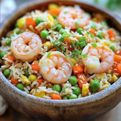 - 1 pound shrimp, peeled and deveined - 4 cups cooked jasmine rice (preferably day-old) - 2 eggs, lightly beaten - 1 cup mixed vegetables (peas, carrots, bell peppers) - 3 cloves garlic, minced - 1 teaspoon ginger, grated - 2 tablespoons soy sauce - 1 tablespoon sesame oil - 3 green onions, chopped - Sesame seeds - Additional salt and pepper This dish shines because of its fresh and vibrant ingredients. The shrimp brings a sweet and briny flavor that pairs well with the rice. The jasmine rice adds a lovely fragrance and a soft texture. Using day-old rice is key. It dries out a bit, making it perfect for frying. Fresh rice can get mushy, which we want to avoid. The mixed vegetables add color and nutrients. You can use frozen or fresh, depending on what you have. Garlic and ginger give depth to the dish, making every bite flavorful. For seasoning, soy sauce brings saltiness and umami. Sesame oil adds a nutty taste that rounds out the flavors. Garnishes like green onions and sesame seeds not only add taste but also make the dish look appealing. A sprinkle of salt and pepper enhances the overall flavor. With these ingredients, you create a dish better than takeout! Marinating the Shrimp Start by placing the shrimp in a medium bowl. Add salt, pepper, and half of the soy sauce. This mix helps the shrimp taste great. Let it sit for about 10 minutes to soak in the flavors. Seasoning Tips If you want extra flavor, try adding a pinch of red pepper flakes or a bit of lime juice. This can make your shrimp pop with taste. Techniques for Scrambling Heat 1 tablespoon of vegetable oil in a large frying pan or wok over medium heat. Pour in the beaten eggs. Swirl the pan to spread the eggs evenly. Scramble until they are just set. Remove them from the pan and set them aside. Timing Tips Keep an eye on the eggs. They cook quickly, so don’t walk away. You want them soft but not runny. Sautéing Shrimp In the same pan, add another tablespoon of vegetable oil. Turn the heat up high and toss in the marinated shrimp. Cook for about 2-3 minutes. You’ll know they are done when they turn pink and opaque. Remove them and set aside with the eggs. Cooking Vegetables Add the last tablespoon of oil to the pan. Toss in the minced garlic and ginger. Sauté for about 30 seconds until you smell the aroma. Then, add the mixed vegetables and half of the green onions. Cook for another 2-3 minutes until the veggies are tender but still bright. Combining Ingredients Now it’s time for the rice! Add the cooked jasmine rice to the pan. Use a spatula to break any clumps. Stir-fry for 2-3 minutes until it is heated through. Next, return the shrimp and scrambled eggs back to the pan. Drizzle in the rest of the soy sauce and sesame oil. Toss all the ingredients gently until everything is well mixed and hot. Using day-old rice is key for great fried rice. Fresh rice is moist and sticky. It clumps together and won’t fry well. Day-old rice dries out a bit, making it perfect for stir-frying. The grains stay separate, giving you that ideal texture. Balancing seasoning is also important. You want a mix of salty and savory. Soy sauce adds saltiness, while sesame oil gives a nutty flavor. Taste as you cook. You can always add more, but it’s hard to take away. High heat is crucial for stir-frying. It helps to sear the shrimp and veggies quickly. This way, they cook fast without losing their crunch. If you cook at lower heat, everything will steam instead of fry. Using a wok gives you more space to toss everything around. A frying pan works too, but a wok can handle high heat better. It also allows for more even cooking. If you have one, use it for the best results. For serving, use a large bowl or individual plates. This makes the dish look inviting. You can also garnish with sesame seeds and extra green onions. These add color and a nice crunch. Consider using chopsticks for an authentic feel. It’s a fun way to enjoy your meal. Plus, it adds to the overall experience of your shrimp fried rice. {{image_2}} You can change the protein in your shrimp fried rice. Chicken works well if you prefer it. Just cook it until it’s no longer pink. Tofu is a great choice for a vegan option. It soaks up flavor and adds a nice texture. For vegetables, you can get creative. Broccoli adds crunch. Snow peas bring a sweet taste. You can mix and match based on what you have at home. To boost flavor, adding spices can help. Try a pinch of chili flakes for heat. You can also add a dash of five-spice powder for depth. Sauces can enhance your dish too. A splash of oyster sauce adds richness. If you like tang, try a bit of rice vinegar. These small changes can make a big difference in taste. If you need a gluten-free dish, swap soy sauce for tamari. It tastes great and works well in this recipe. For a vegan version, simply skip the shrimp and eggs. Use extra veggies and tofu instead. This keeps the dish hearty and satisfying without animal products. To keep your shrimp fried rice fresh, you need proper storage. - Refrigeration Tips: Let the fried rice cool to room temperature. Place it in an airtight container. It will last for up to three days in the fridge. - Freezing Instructions: For longer storage, freeze the rice. Use a freezer-safe container or bag. It can stay good for up to three months. Just remember to label it with the date. When reheating, you have two main options: microwave or stovetop. - Microwave vs. Stovetop: The microwave is quick but may dry out the rice. The stovetop keeps the texture better. Heat it in a pan over medium heat. Add a splash of water to help steam it back to life. - Maintaining Texture: Stir the rice often while reheating. This helps keep it fluffy and prevents sticking. Knowing how long your shrimp fried rice lasts is key. - Duration in Fridge and Freezer: In the fridge, it lasts three days. In the freezer, it can be good for three months. - Signs of Spoilage: If you see mold or smell something off, toss it. Fresh shrimp fried rice should have a pleasant smell and bright colors. Always trust your senses! Yes, you can use frozen shrimp. Just ensure they are thawed before cooking. Place them in cold water for 10-15 minutes to speed up the process. This helps keep the shrimp tender and juicy. To lower the saltiness, use low-sodium soy sauce. You can also reduce the amount of soy sauce in the recipe. Add extra vegetables or rice to balance the flavors. This way, you keep the taste without too much salt. Best Pairings Shrimp fried rice pairs well with egg rolls or spring rolls. A light soup, like hot and sour soup, also complements the dish nicely. Side Dish Suggestions You can serve it with steamed broccoli or a fresh salad. A simple cucumber salad can add a nice crunch. These sides enhance the meal and make it more filling. This blog post covered how to make delicious shrimp fried rice. We explored key ingredients like shrimp, jasmine rice, and essential veggies. I shared step-by-step instructions for preparing shrimp and cooking eggs. You learned tips for authentic flavor and cooking techniques. We also discussed variations for different diets and storage tips. Try this recipe with your favorite proteins and veggies for a tasty twist. Enjoy your cooking!