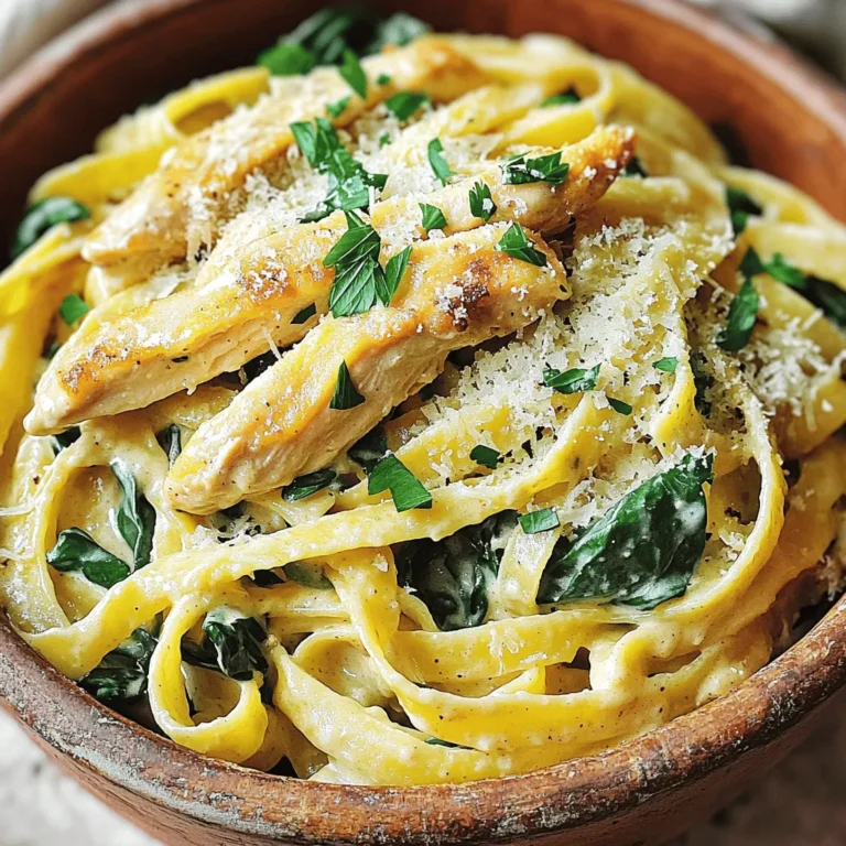 - 8 oz fettuccine pasta - 2 boneless, skinless chicken breasts - 2 tablespoons olive oil - 4 cloves garlic To start, you need fettuccine pasta. This pasta is thick and holds the sauce well. Next, grab two boneless, skinless chicken breasts. Slice them into strips for even cooking. You’ll also need olive oil for sautéing and garlic for that rich flavor. - 1 cup heavy cream - 1 cup grated Parmesan cheese Heavy cream is key for a rich sauce. It adds a smooth texture you will love. Parmesan cheese gives the dish a salty and nutty taste. Grate it fresh for the best flavor. - Salt and pepper - 1 teaspoon Italian seasoning - Fresh parsley Seasoning is important. Use salt and pepper to taste. Italian seasoning adds herbs that deepen the flavor. Finally, fresh parsley makes a bright garnish. It adds color and a hint of freshness to your dish. To start, fill a large pot with water. Bring the water to a boil over high heat. Once boiling, add a pinch of salt and the fettuccine pasta. Cook the pasta according to the package instructions, usually around 8-10 minutes. Stir occasionally to prevent sticking. Al dente pasta should be firm but not hard. To test, taste a piece a minute or two before the timer goes off. Drain the pasta in a colander and set it aside. While the pasta cooks, heat two tablespoons of olive oil in a large skillet over medium heat. Slice the chicken breasts into strips and season them with salt and pepper. This will enhance the flavor. Add the chicken to the skillet. Cook for about 5-7 minutes, turning occasionally until the chicken is golden brown and cooked through. You should see no pink inside. Once done, remove the chicken from the skillet and set it aside. In the same skillet, add the minced garlic. Sauté for about 1 minute until it becomes fragrant. Be careful not to burn it. Next, pour in 1 cup of heavy cream and bring it to a gentle simmer over low heat. Stir in 1 cup of grated Parmesan cheese. Mix until the cheese melts and the sauce is smooth. Add 1 cup of chopped spinach and 1 teaspoon of Italian seasoning. Cook until the spinach wilts, adding color and flavor to the sauce. Now it’s time to bring it all together. Return the cooked chicken to the skillet and stir to mix. Add the drained fettuccine pasta to the skillet as well. Toss everything together, ensuring the pasta is well coated with the creamy sauce. You can adjust the seasoning with more salt and pepper if needed. For a lovely touch, serve the pasta in bowls, garnished with fresh parsley and extra Parmesan on top. Enjoy this creamy garlic Parmesan chicken pasta! To avoid curdling cream, always use low heat. High heat can make the cream separate. Stir the sauce constantly as you add cheese. This helps it blend smoothly. For the right consistency, you want it creamy but not too thick. If it's too thick, add a little pasta water. This keeps the sauce silky. Slice chicken into even strips. This helps it cook evenly and stay juicy. Thin strips cook faster, so keep an eye on them. Use olive oil for sautéing. It adds flavor and has a high smoke point. You can also use butter for a richer taste. For garnishing, sprinkle fresh parsley on top. Extra Parmesan cheese adds flavor and makes it look nice. Pair this dish with a simple salad. A light white wine, like Pinot Grigio, goes well too. Enjoy your meal! {{image_2}} You can make this dish more fun with add-ins. Try adding vegetables like broccoli or bell peppers. They add color and crunch. You can also toss in protein options like shrimp or sausage. These choices give your pasta a new twist. Each add-in brings its own flavor and makes the dish unique. If you need gluten-free options, swap regular pasta for gluten-free pasta. There are many great brands available. For those who want a dairy-free version, use almond milk or coconut cream instead of heavy cream. Nutritional yeast can replace Parmesan cheese. These swaps make the dish fit your needs without losing taste. Want to boost the flavor? Add spices or fresh herbs like basil or thyme. A pinch of red pepper flakes can add heat. Also, try using different types of cheese. Gouda or feta can bring a new taste. Experimenting with flavors can make your meal exciting and new every time. To keep your creamy garlic parmesan chicken pasta fresh, follow these tips: - Refrigerate within two hours. This keeps bacteria away. - Use airtight containers. Glass or plastic ones work well. - Divide into portions. This makes it easy to grab and reheat later. You can reheat the pasta in two ways: 1. Microwave: - Place a serving in a bowl. - Add a splash of water or cream. This helps keep it moist. - Heat in 30-second intervals, stirring in between. 2. Stovetop: - Use a skillet with a little olive oil. - Add the pasta and a splash of water. - Heat on low, stirring until warm. To prevent the pasta from drying out, always add a bit of liquid while reheating. Freezing this dish is easy with these steps: - Cool completely before freezing. This helps keep texture. - Use freezer-safe containers. Seal tightly to avoid freezer burn. - Label with the date. This helps you keep track. For best taste, eat within three months. To thaw, place it in the fridge overnight. Reheat as mentioned earlier. You can use half-and-half as a lighter option. Milk with cornstarch also works. For a dairy-free choice, try coconut cream or cashew cream. Each option changes the flavor slightly, but they will still make a nice sauce. To spice it up, add red pepper flakes. You can also use a dash of hot sauce. For more heat, include diced jalapeños or a spicy Italian sausage. Adjust the amount based on your taste. Yes, you can prepare the chicken and sauce ahead. Cook the pasta just before serving. This keeps the pasta fresh and avoids mushiness. Store the chicken and sauce in the fridge for up to two days. Absolutely! The creamy sauce and tender chicken appeal to kids. Consider adding veggies like peas or carrots for extra nutrition. You can also serve it with a side salad for a balanced meal. In this post, you learned about the key ingredients for a creamy fettuccine dish, including pasta, chicken, and dairy. I shared step-by-step instructions for cooking the pasta, sautéing chicken, and making the sauce. You also found tips for serving and variations to customize your meal. Remember, cooking is about creativity and joy. Experiment with add-ins and flavors that you love. Enjoy your tasty fettuccine, and don't hesitate to share your own twists on this dish!