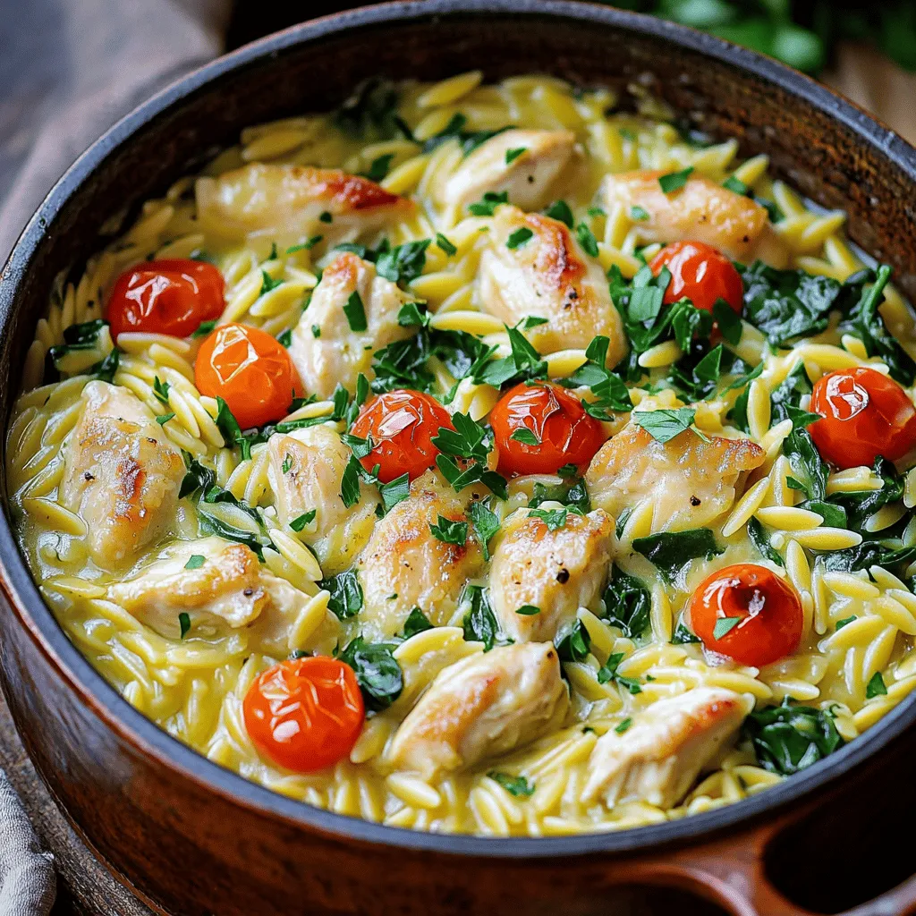 - 1 lb boneless, skinless chicken thighs - 1 cup orzo pasta - 4 cups low-sodium chicken broth - 4 cloves garlic, minced - 1 medium onion, finely chopped - 1 teaspoon dried Italian herbs - 1 cup spinach leaves - 1 cup cherry tomatoes - 1/2 cup grated Parmesan cheese - Salt and pepper to taste - Fresh parsley for garnish The main ingredients form the backbone of this dish. The chicken thighs bring great flavor and tenderness. Orzo pasta adds a unique texture that absorbs the broth beautifully. The low-sodium chicken broth keeps the dish light yet rich in taste. Next, we have aromatics and seasoning. Garlic provides a punch of flavor. The onion adds sweetness and depth. Dried Italian herbs give a lovely aroma and warmth. These elements make the dish truly come alive. Now, let’s talk about additional components. Spinach adds color and nutrition. Cherry tomatoes bring a touch of sweetness and freshness. Grated Parmesan cheese gives that creamy, cheesy finish. Finally, salt and pepper enhance all the flavors. Fresh parsley not only adds color but also a pop of freshness. Together, these ingredients create a symphony of flavors. Each bite will dance on your palate, making this Garlic Parmesan Orzo Chicken One-Pot Delight a must-try! - Heat 2 tablespoons of olive oil in a large pot over medium heat. - Add 1 medium onion, finely chopped. Sauté until it turns translucent, about 3-4 minutes. - Stir in 4 cloves of minced garlic. Cook for another minute until fragrant. - Add 1 pound of boneless, skinless chicken thighs cut into bite-sized pieces. - Season the chicken with salt, pepper, and 1 teaspoon of dried Italian herbs. - Brown the chicken on all sides for 5-7 minutes. - Pour in 4 cups of low-sodium chicken broth. Bring it to a simmer. - Add 1 cup of orzo pasta to the pot. Stir to combine and cook for about 10 minutes. - Keep stirring occasionally until the orzo is tender and absorbs most of the broth. - Stir in 1 cup of roughly chopped spinach and 1 cup of halved cherry tomatoes. - Cook for another 2-3 minutes until the spinach wilts and the tomatoes warm up. - Remove the pot from heat, and mix in 1/2 cup of grated Parmesan cheese until creamy. - Taste and adjust seasoning if needed. Garnish with fresh parsley before serving. To make sure your orzo cooks just right, watch the clock. Cook it for about ten minutes. This gives it time to soak up the broth. Stir the orzo now and then. This stops it from sticking to the pot. Want to boost the taste? Try adding a splash of lemon juice. It adds brightness and freshness. Also, use freshly grated Parmesan cheese. It melts better and tastes richer than pre-grated. For a laid-back meal, serve straight from the pot. It looks homey and inviting. If you want a fancier touch, plate it individually. Add extra Parmesan and a sprinkle of fresh parsley on top. This adds color and makes it look special. {{image_2}} When you want to mix things up, try these fun variations for Garlic Parmesan Orzo Chicken. - You can swap the chicken for shrimp or tofu. Shrimp cooks fast and adds a nice touch. Tofu is great for a plant-based option. - Try different cuts of chicken, like breasts or drumsticks. Each cut offers a unique taste and texture. - Toss in bell peppers, zucchini, or peas for extra color and crunch. These veggies cook well and add flavor. - If you want a twist, use kale instead of spinach. Kale has a heartier taste and adds a nice bite. - For some heat, add crushed red pepper. It brightens the dish and gives it a spicy kick. - Mix in fresh herbs like thyme or rosemary. These herbs bring a fresh aroma and depth of flavor. Feel free to get creative with these ideas! Store any leftovers in an airtight container. This keeps the dish fresh and tasty. It’s best to eat it within 3–4 days. After that, the flavors may fade. To freeze portions, let the dish cool completely. Then, scoop servings into freezer-safe bags. Squeeze out the air and seal tightly. You can freeze it for up to three months. When you want to eat it, thaw it overnight in the fridge. You can reheat in the microwave or on the stovetop. If using the stovetop, add a splash of broth to restore creaminess. This will help bring back the rich flavor and texture. Stir well as it heats to ensure even warming. Yes, whole wheat orzo is a healthy alternative. It adds more fiber and nutrients. This change also gives a slightly nuttier taste, enhancing your dish. Substitute vegan cheese or nutritional yeast for Parmesan. Both options provide a cheesy flavor without dairy. Nutritional yeast is rich in vitamins, making it a smart choice. Serve with a side salad or crusty bread for a complete meal. A fresh green salad balances the creamy dish well. Crusty bread can soak up any leftover sauce. Use gluten-free orzo and check broth for gluten-free certification. Many brands offer gluten-free options for orzo. Always read labels to ensure your choices are safe. In this blog post, we explored how to create a delicious Garlic Parmesan Orzo Chicken dish. We covered the main ingredients, step-by-step instructions, and helpful tips to ensure perfect cooking. You learned about variations to personalize the recipe and storage tips for leftovers. This easy dish brings flavor and comfort to your table. Don’t hesitate to try your own twists. Happy cooking!