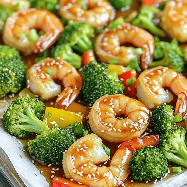 - 1 lb large shrimp, peeled and deveined - 2 cups broccoli florets - 1 bell pepper, sliced (red or yellow) - 1/4 cup honey - 3 tablespoons soy sauce (low sodium preferred) - 3 cloves garlic, minced - 1 tablespoon fresh ginger, grated - 2 tablespoons olive oil - 1 teaspoon sesame oil - 1 teaspoon red pepper flakes (optional, for heat) - Salt and pepper to taste - Sesame seeds for garnish - Chopped green onions for garnish When measuring ingredients, use a kitchen scale for accuracy. For liquids, use a clear measuring cup. Make sure to level off dry ingredients to avoid over-measuring. For sticky ingredients like honey, coat your measuring cup with oil first for easy pouring. Use fresh shrimp for the best taste. Look for shrimp that is firm and has a mild scent. Fresh broccoli should be bright green and firm, not wilted. Choose honey that is raw or locally sourced for better flavor. Quality soy sauce enhances the overall taste, so opt for low sodium if you can. - Preheat the oven: Start by preheating your oven to 400°F (200°C). This step is key for proper cooking. Line a large sheet pan with parchment paper. This makes cleanup easy. - Prepare the sauce: In a small bowl, mix together 1/4 cup honey, 3 tablespoons soy sauce, 3 cloves minced garlic, and 1 tablespoon grated fresh ginger. Add 2 tablespoons olive oil and 1 teaspoon sesame oil. If you like heat, add 1 teaspoon red pepper flakes. Whisk until well blended. - Toss the shrimp: In a mixing bowl, add 1 pound of peeled and deveined shrimp. Pour half of the honey garlic sauce over the shrimp. Add salt and pepper to taste. Mix well so the shrimp are coated evenly. - Prepare the vegetables: In another bowl, take 2 cups of broccoli florets and 1 sliced bell pepper. Pour the rest of the honey garlic sauce over the veggies. Add a pinch of salt and pepper, then toss to coat. - Arrange on sheet pan: Spread the shrimp and vegetables on the prepared sheet pan. Make sure they are in a single layer and not crowded. This helps them cook evenly. - Bake and stir: Place the sheet pan in the oven. Bake for 15 to 20 minutes. The shrimp should be pink and opaque, and the broccoli should be tender yet crisp. Stir halfway through cooking for even results. Once cooked, take the pan out of the oven. Let it cool for a minute. Garnish with sesame seeds and chopped green onions for a fresh touch. Serve it warm and enjoy this tasty meal! To cook shrimp well, start with fresh, large shrimp. They should be pink and firm. When you mix the shrimp with the honey garlic sauce, make sure each piece gets coated. This sauce adds flavor and helps keep the shrimp moist. Cook the shrimp until they turn pink and opaque. This usually takes about 15-20 minutes in the oven. Avoid overcooking them. Overcooked shrimp can become rubbery and tough. For crispy broccoli, you need to choose the right cooking method. Toss the broccoli with olive oil and a bit of salt. Spread it out evenly on the sheet pan. Make sure the pieces are not crowded. If they touch, they will steam instead of roast. Bake the broccoli until it turns bright green and tender, but still has a slight crunch. This usually takes about 15-20 minutes. Stir halfway through to help them cook evenly. You can prepare parts of this dish ahead of time. Chop the broccoli and bell pepper the night before. Store them in the fridge in a sealed container. You can also mix the honey garlic sauce a day ahead. Just keep it in the fridge in a jar. When you are ready to cook, toss everything together and bake. This saves time on busy nights and keeps dinner stress-free. {{image_2}} You can switch shrimp for chicken or tofu. Chicken thighs or breasts work well. Cut them into bite-sized pieces. Marinate them in the same honey garlic sauce. Tofu is great for a plant-based meal. Use firm tofu, drain it, and cut it into cubes. Marinate the tofu like you would with shrimp. Bake until golden and crispy. Each option brings a new taste and texture. Feel free to add more veggies. Carrots, snap peas, or zucchini can enhance the dish. Just chop them into similar sizes as the broccoli. Toss them in the remaining honey garlic sauce. You can mix and match based on what you have at home. This adds color and nutrition to your meal. Try different flavors in your sauce. You can use teriyaki sauce for a sweeter, thicker glaze. A splash of lime juice adds a bright twist. For a spicy kick, add more red pepper flakes, or use sriracha. You can even mix in some orange juice for a citrus touch. These changes can help keep the dish exciting every time you make it. After cooking, let the shrimp and broccoli cool down. Store them in an airtight container. This helps keep the flavors fresh. Place the container in the fridge. The dish will stay good for about 3 days. Be sure to check for any signs of spoilage before eating. If you want to keep it longer, freezing is a great option. First, let the dish cool completely. Then, transfer it to a freezer-safe bag. Remove as much air as possible before sealing. This helps prevent freezer burn. You can freeze it for up to three months. Label the bag with the date for easy tracking. To reheat, take the shrimp and broccoli out of the fridge or freezer. If frozen, let it thaw in the fridge overnight. You can warm it in the oven at 350°F (175°C) for about 15 minutes. Alternatively, use a microwave. Heat it in short bursts to avoid overcooking the shrimp. Make sure everything is heated through before serving. Enjoy your meal again! It takes about 15 to 20 minutes to cook honey garlic shrimp. You want the shrimp to turn pink and opaque. The broccoli should be tender but still crisp. Stir the mixture halfway to ensure even cooking. Yes, you can use frozen shrimp. Just make sure to thaw them first. Place the shrimp in cold water for about 15 minutes. Pat them dry before cooking. This helps the sauce stick better and keeps the shrimp juicy. Honey garlic shrimp and broccoli pair well with rice or quinoa. You can also serve it with noodles for a different twist. A light salad or steamed vegetables make good sides too. Enjoy your meal with a refreshing drink for a complete dinner! This blog post covered a tasty honey garlic shrimp recipe with broccoli. We explored the needed ingredients, step-by-step cooking instructions, and useful tips for success. Remember, quality ingredients make a big difference. You can also customize the dish with different proteins or vegetables. Don't forget about storage tips for leftovers. This simple recipe is perfect for quick meals. Experiment and enjoy the flavors while impressing your family or friends!