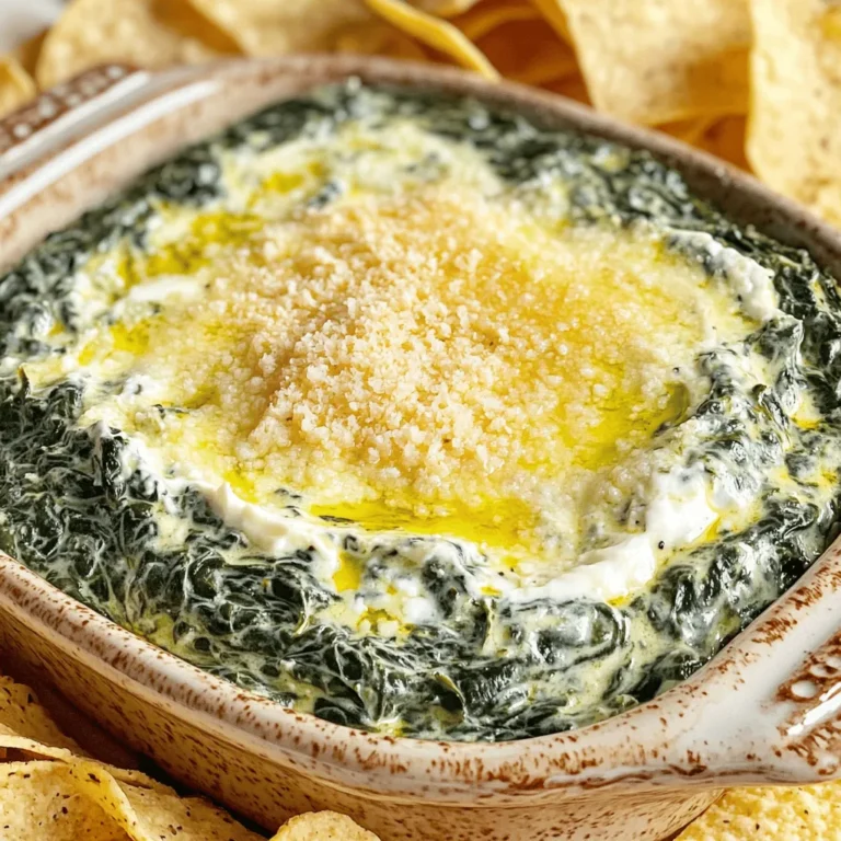 For the best Creamy Parmesan Spinach Dip, you need fresh spinach. Use one cup of chopped spinach. Fresh spinach gives the dip a bright taste. It adds a nice color too. Make sure to wash the spinach well before chopping. Next, gather your dairy products. You will need: - 1 cup cream cheese, softened - 1/2 cup sour cream - 1/2 cup mayonnaise - 1 cup grated Parmesan cheese - 1/4 cup grated mozzarella cheese These creamy ingredients create the dip's rich texture. Softened cream cheese blends well and makes it smooth. Sour cream and mayonnaise add tanginess. The Parmesan and mozzarella cheeses give it a tasty, cheesy flavor. Don't forget the spices! You will need: - 2 cloves garlic, minced - 1 teaspoon onion powder - 1/2 teaspoon crushed red pepper flakes (optional) - Salt and pepper to taste Garlic adds a savory kick. Onion powder brings depth to the flavor. If you like heat, add crushed red pepper flakes. Salt and pepper help to balance the flavors. Adjust them to suit your taste for the perfect dip. Start by preheating your oven to 350°F (175°C). This warms up the oven for baking. In a medium bowl, mix the softened cream cheese, sour cream, and mayonnaise. You want this to be smooth. Use a spatula or a whisk to combine well. Next, stir in the chopped fresh spinach. Add the grated Parmesan cheese and the mozzarella cheese. Mince two cloves of garlic and toss that in too. Sprinkle in the onion powder and crushed red pepper flakes if you like some spice. Mix everything well until it's all blended. Don’t forget to add salt and pepper to taste. Once you combine all the ingredients, transfer the dip to a baking dish. Spread it evenly. Bake in your preheated oven for about 20-25 minutes. Look for a bubbly and slightly golden top. When it’s ready, take it out and let it cool for a few minutes. Serve it warm with tortilla chips or sliced bread. For a nice touch, sprinkle extra Parmesan on top and drizzle some olive oil over it. Enjoy the creamy goodness! To get the right dip texture, mix the cream cheese, sour cream, and mayonnaise well. Make sure they are soft and smooth. This base keeps the dip creamy. If it's too thick, add a bit of milk. If it's too runny, add more cheese. The right mix makes it easy to dip. I love adding a bit of garlic for a strong taste. Minced garlic gives a nice kick. You can also add crushed red pepper flakes if you want heat. The onion powder adds depth. Adjust salt and pepper to fit your taste. Experiment with spices to find your perfect mix. Serve the dip warm in a nice dish. Add extra Parmesan on top for a great look. A drizzle of olive oil adds flavor and shine. Pair it with tortilla chips or slices of bread. You can also serve fresh vegetables for a colorful platter. This dip is perfect for parties or gatherings! {{image_2}} You can easily add some heat to your spinach dip. Just include 1/2 teaspoon of crushed red pepper flakes in your mix. This small change gives the dip a nice kick. If you like it even spicier, add more red pepper flakes. You can also use jalapeños. Fresh or pickled, they add bold flavor and crunch. Cheese lovers will enjoy these tasty extras. Try mixing in some feta cheese for a tangy twist. You can also add cream cheese for a richer texture. Another option is to use a blend of cheeses. Mixing mozzarella, cheddar, and Parmesan creates a creamy and cheesy delight. This combination makes each bite extra satisfying. If you're looking for a lighter version, swap out sour cream and mayo for Greek yogurt. This option keeps the dip creamy while reducing calories. You can also use low-fat cream cheese. Fresh herbs, like parsley or basil, add flavor without extra calories. Lastly, serve the dip with veggie sticks instead of chips. Carrots, cucumbers, and bell peppers are great choices. After your gathering, let the dip cool down. Store it in an airtight container. It stays fresh in the fridge for about 3-4 days. Make sure to keep it covered to avoid drying out. If you see any change in color or smell, it’s best to toss it. You can freeze this dip if you have leftovers. Use a freezer-safe container. Leave some space at the top, as it expands when frozen. It will stay good for about 2-3 months. When you’re ready to enjoy it again, thaw it in the fridge overnight before reheating. To reheat, place the dip in an oven-safe dish. Preheat your oven to 350°F (175°C). Heat for about 15-20 minutes, or until warm and bubbly. You can also use a microwave. Heat it in short bursts, stirring in between. Enjoy it warm with your favorite tortilla chips or bread! Creamy Parmesan Spinach Dip lasts about 3 to 5 days in the fridge. Make sure to store it in an airtight container. When kept cold, the flavors stay fresh. If you notice any changes in smell or texture, it’s best to toss it. Yes, you can make this dip ahead of time. Prepare the dip and place it in a baking dish. Cover it tightly with plastic wrap. Store it in the fridge for up to two days. When ready to serve, bake it as usual. This saves time on busy days. You can serve this dip with various items. Here are some great options: - Tortilla chips - Sliced bread - Pita chips - Veggie sticks, like carrots or celery - Crackers These pair well and add fun to your gathering. Enjoy mixing and matching! This blog post covered how to create a tasty creamy parmesan spinach dip. Start with fresh ingredients, dairy, and spices. Follow the step-by-step guide for the best results. I shared tips to get the perfect dip and suggested fun variations. Storing your dip is easy with my fridge and freezer tips. Lastly, I answered common questions about the dip’s shelf life and serving ideas. Enjoy making this dip and impress your friends and family with your skills!