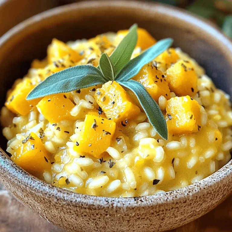 - 1 medium butternut squash, peeled and diced - 1 cup Arborio rice - 4 cups vegetable broth - 1 small onion, finely chopped - 2 cloves garlic, minced - 1 tablespoon fresh sage, chopped (or 1 teaspoon dried) - 1 tablespoon olive oil - 1 tablespoon unsalted butter - ½ cup grated Parmesan cheese (or nutritional yeast for a vegan option) - Salt and pepper to taste - Fresh sage leaves for garnish Butternut squash makes this risotto sweet and creamy. Arborio rice gives it that perfect texture. Vegetable broth adds depth. Onion and garlic create a great base flavor. Fresh sage brings a warm, earthy note. Olive oil and butter keep things rich and smooth. Parmesan cheese enhances creaminess, while salt and pepper round out the taste. You can also use nutritional yeast as a vegan option. - Vegan alternatives: Use nutritional yeast instead of Parmesan cheese. Omit the butter or replace it with more olive oil. - Gluten-free options: This recipe is already gluten-free, but always check your broth. - Seasonal variations: Try using pumpkin or sweet potatoes instead of butternut squash in fall. Add peas or spinach in spring for a fresh touch. These substitutions let you adjust the dish to meet your needs and taste preferences. - Preparing the butternut squash: Start by peeling and dicing your butternut squash into small cubes. This helps it cook faster and blend well with the rice. Aim for about 1-inch pieces for even cooking. - Chopping onions and garlic: Next, finely chop one small onion and mince two cloves of garlic. These will add great flavor to your risotto. - Heating the vegetable broth: In a medium saucepan, heat 4 cups of vegetable broth over low heat. Keeping it warm helps the rice cook evenly. - Sautéing onion and garlic: In a large skillet, pour in 1 tablespoon of olive oil and heat it over medium heat. Add the chopped onion and cook for about 5 minutes. Stir until the onion turns translucent. Then, add the minced garlic and cook for another minute until it smells great. - Incorporating butternut squash and sage: Now, stir in the diced butternut squash and 1 tablespoon of fresh chopped sage. Cook this mixture for about 5 to 7 minutes. You want the squash to start softening. - Adding Arborio rice and broth gradually: Add 1 cup of Arborio rice to the skillet. Stir it well to coat the rice with the oil and mix it with the squash. Cook for 2 to 3 minutes. The rice will become slightly translucent. Then, start adding the warm vegetable broth one ladle at a time. Keep stirring until the rice absorbs the liquid. Repeat this until the rice is creamy and just tender, about 18 to 20 minutes. - Mixing in butter and Parmesan: Once the rice is cooked to your liking, take it off the heat. Stir in 1 tablespoon of unsalted butter and ½ cup of grated Parmesan cheese. Mix until everything is melted and creamy. - Seasoning to taste: Taste your risotto and add salt and pepper as needed. This step brings out all the flavors. - Letting risotto rest before serving: Let your risotto sit for a few minutes to thicken up. This resting time helps meld the flavors together and makes it even more delicious. To make the best risotto, you must stir. Stirring helps release the starch from the rice. This starch makes the risotto creamy. If you do not stir, the rice may stick and not cook evenly. Using warm broth is also key. Adding cold broth stops the cooking process. Keep the broth on low heat while you cook. This way, you maintain a steady temperature. It leads to a perfect creamy risotto every time. Cooking time is important too. Risotto takes about 18-20 minutes to cook. You want the rice to be al dente, which means it should have a slight bite. Test the rice near the end of cooking to see if it’s ready. Adding white wine boosts flavor. Use a dry white wine after cooking the onion and garlic. This step adds depth to your risotto. The alcohol cooks off, leaving a rich taste. Incorporating herbs and spices can change the dish. Try thyme or rosemary for a twist. A hint of nutmeg can also add warmth to your risotto. Experiment to find your favorite combination. For a richer taste, mix in some cream or extra butter. You can also use a bit more Parmesan cheese. These ingredients enhance the creaminess and flavor. Enjoy playing around with different flavors! {{image_2}} You can make this risotto vegetarian by using vegetable broth. For a vegan twist, swap the Parmesan cheese for nutritional yeast. Nutritional yeast gives a nice cheesy flavor without any dairy. You can also add more vegetables like spinach or mushrooms. These veggies add color and flavor, making your dish even tastier. If you want to try different grains, consider quinoa or barley. Quinoa cooks faster and has a nice nutty taste. Barley adds a chewy texture to your dish. When cooking these grains, use the same method as for Arborio rice. Just adjust the liquid and cooking time based on the grain you choose. Using seasonal vegetables makes this dish even better. In fall, add some roasted Brussels sprouts or carrots. In spring, you might include peas or asparagus. Adjust the flavors based on the season. For instance, you can use lemon zest in spring for a fresh taste. This keeps your risotto exciting all year round! To store your butternut squash sage risotto, follow these steps for best results: - Let the risotto cool down to room temperature. - Place it in an airtight container. - Refrigerate it for up to three days. This method keeps the risotto fresh and tasty. If you want to keep it longer, freezing is a great option. When it's time to enjoy leftovers, here are my top tips for reheating risotto: - Use a stovetop method for the best texture. - Add a splash of vegetable broth or water to keep it moist. - Heat it over low to medium heat, stirring gently. This helps to revive the creamy texture and rich flavor. You can freeze butternut squash sage risotto for later. Here’s how to do it properly: - Cool the risotto completely first. - Scoop portions into freezer-safe bags or containers. - Label them with the date before placing them in the freezer. To thaw, move the risotto to the fridge overnight. Reheat it using the stovetop method I mentioned earlier. This way, you can enjoy that creamy comfort food even weeks later! The best rice for risotto is Arborio rice. This rice has a high starch content. It gives risotto its creamy texture. Other good options include Carnaroli and Vialone Nano. These types also create a rich and creamy dish. They absorb broth well and cook evenly. Yes, you can make butternut squash risotto ahead of time. Cook it and let it cool. Then, store it in an airtight container. This way, you can keep it in the fridge for up to three days. When ready to eat, reheat it on the stove. Add a splash of broth to bring back its creamy texture. You can make risotto with less stirring by using the oven. Preheat your oven to 375°F (190°C). Cook the onion and garlic on the stove. Then, add the rice and broth to an oven-safe pot. Cover it and transfer it to the oven. Cook for 25 minutes, stirring once halfway through. This method gives you creamy risotto with less effort. In this blog post, we explored how to make a delicious butternut squash risotto. We covered the key ingredients, alternative options, and easy cooking steps. Tips for achieving a creamy texture and flavor enhancements were also shared. You can customize your risotto with seasonal additions and various grains. Remember, storing leftovers correctly ensures they taste great later. I hope you feel ready to try this dish and enjoy every bite! Happy cooking!