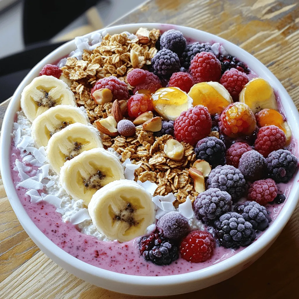 - 1 cup cottage cheese - 1 banana, sliced - 1/2 cup frozen mixed berries (strawberries, blueberries, raspberries) - 2 tablespoons honey or maple syrup - 1 tablespoon chia seeds - 1/2 teaspoon vanilla extract - 1/4 cup almond milk (or any milk of choice) - Toppings: granola, fresh fruits (sliced bananas, berries), nuts, seeds, and coconut flakes Cottage cheese is rich in protein. It helps build and repair muscles. One cup gives you about 25 grams of protein. This is great for energy and fullness. Bananas add natural sweetness and fiber. They provide potassium, which supports heart health. One banana gives you a quick energy boost. Frozen mixed berries are full of vitamins. They are high in antioxidants, which fight free radicals. They also have fiber to aid digestion. Honey or maple syrup is a natural sweetener. They add flavor and energy. Maple syrup has minerals like manganese and zinc. Chia seeds are tiny powerhouses. They add omega-3 fatty acids and fiber. They help you feel full longer and support digestion. Vanilla extract enhances flavor without added sugar. It adds warmth and sweetness to your bowl. Almond milk is a low-calorie option. It is dairy-free and has healthy fats. You can use any milk you like. Toppings like granola, fresh fruits, nuts, seeds, and coconut flakes add texture and flavor. They make your bowl fun and colorful. You can swap cottage cheese with Greek yogurt for a tangy flavor. Instead of a banana, use avocado for healthy fats. Fresh berries work well if you don’t have frozen ones. Just add ice to cool the bowl. For sweeteners, agave syrup is a great alternative to honey or maple syrup. Use flax seeds instead of chia seeds for a similar texture. Coconut milk can replace almond milk for a creamy taste. Feel free to mix up your toppings based on what you have. Enjoy customizing your smoothie bowl! To start, gather your ingredients. You will need: - 1 cup cottage cheese - 1 banana, sliced - 1/2 cup frozen mixed berries - 2 tablespoons honey or maple syrup - 1 tablespoon chia seeds - 1/2 teaspoon vanilla extract - 1/4 cup almond milk Add all these ingredients to your blender. The cottage cheese gives this smoothie bowl a creamy base. The banana adds natural sweetness and a smooth texture. The frozen mixed berries bring a burst of flavor and color. Blend the mixture on high until it turns smooth and creamy. If it gets stuck, stop and scrape down the sides. This step is key. You want a thick, smooth blend that is easy to eat with a spoon. Taste it before you pour it out. If you want it sweeter, add more honey or syrup. Blend again for a few seconds to mix it well. Pour the smoothie into a bowl. Now comes the fun part: toppings! Arrange your toppings in a pretty way. Use granola for crunch, fresh fruits for color, and nuts for healthy fats. Don’t forget seeds and coconut flakes for extra texture. Serve it right away for the best taste and enjoy every bite! When picking cottage cheese, look for smooth and creamy options. I prefer low-fat or full-fat, depending on my taste. Check the label for fresh dates. Freshness matters! If you want a thicker bowl, try using a small curd type. For a silkier texture, go for larger curds. Both choices work well in smoothies. You can boost flavor with simple add-ins. Consider adding a spoonful of nut butter for richness. A few grams of cocoa powder can add a chocolate twist. If you like spice, try a pinch of cinnamon or nutmeg. Fresh herbs like mint can also add a fun touch. I enjoy using honey for sweetness, but maple syrup works too! For a smooth and creamy bowl, blend your ingredients well. Start with the liquids, then add the cottage cheese and fruits. Blend until you achieve a creamy texture. If it’s too thick, add a splash of almond milk to loosen it up. For a thicker bowl, use less liquid. This way, you can pile on your toppings without a mess! {{image_2}} You can mix and match fruits to make your smoothie bowl unique. Some great choices include: - Mango: Adds a tropical twist. - Peaches: Gives a juicy sweetness. - Pineapple: Brings a refreshing zing. - Kiwi: Adds a fun green color. Feel free to use any fruit you love. Just remember to keep the balance of sweetness and tartness. If you prefer a dairy-free version, use plant-based cottage cheese. You can find brands that make this from almonds or soy. Substitute almond milk with oat or coconut milk for a creamy texture. Sweeten with maple syrup for a vegan option. This way, you still get the protein while enjoying the smoothie bowl. Change your toppings with the seasons. In spring, add fresh strawberries and mint. Summer is perfect for peaches and blueberries. For fall, think about pumpkin spice and pecans. In winter, use pomegranate seeds and citrus slices. Seasonal toppings keep your smoothie bowl exciting and fresh all year long! After enjoying your cottage cheese smoothie bowl, you may have some left. Store any leftovers in an airtight container. This keeps the bowl fresh and tasty. Place it in the fridge. Consume within two days for the best flavor and texture. You can freeze smoothie bowls to enjoy later! Pour the mixture into freezer-safe containers. Leave a little space at the top, as the mix expands when frozen. Smoothie bowls can last in the freezer for up to one month. When ready to eat, thaw in the fridge overnight or use the microwave in short bursts. Freshness depends on storage. In the fridge, your smoothie bowl stays good for two days. If you freeze it, it can last about a month. Always check for changes in smell or texture before consuming. Enjoy your smooth, protein-packed delight whenever you want! Cottage cheese is a great choice for smoothies. It is packed with protein, which helps you feel full longer. It also has calcium, good for your bones. The creamy texture makes your smoothie rich and smooth. Plus, it adds a mild flavor that blends well with fruits. Using cottage cheese can boost your breakfast or snack. Yes, you can use fresh fruits! Fresh bananas and berries can give the smoothie a bright taste. However, frozen fruits make your smoothie cold and thick. If you choose fresh fruits, you may want to add ice. This keeps your smoothie refreshing and cool. Fresh fruits will also keep the nutrients intact, so feel free to mix it up! To lower the calories, you can make a few easy swaps. First, use low-fat cottage cheese instead of regular. This change cuts down on fat without losing protein. Second, replace honey or maple syrup with a sugar-free sweetener. You can also skip the nuts and granola toppings, as they add extra calories. Finally, use less almond milk to reduce the overall calorie count. These small changes can help you enjoy a lighter smoothie bowl! You learned about creating tasty smoothies with cottage cheese. We covered key ingredients and their health benefits. I provided tips for perfect texture and flavor. Plus, you discovered fun variations and storage tips. Remember, making these smoothies can be a healthy and easy choice. Play with ingredients to find what you love. Enjoy your smoothie journey and keep exploring new flavors!