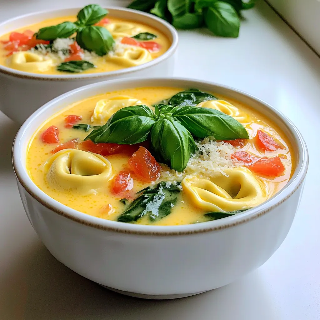 For this creamy tortellini soup, you need: - 1 package (9 oz) cheese tortellini - 1 medium onion, diced - 3 cloves garlic, minced - 1 cup diced tomatoes (canned or fresh) - 1 cup baby spinach, roughly chopped These ingredients form the heart of the soup. The tortellini adds a nice bite, while the onion and garlic give a great flavor base. You also need: - 4 cups vegetable broth - 1 cup heavy cream - 2 teaspoons Italian seasoning - 1 teaspoon salt - ½ teaspoon black pepper The vegetable broth serves as the soup's base. Heavy cream makes it rich and smooth. Italian seasoning brings in that classic taste. Don't forget the salt and pepper to enhance the flavors. For a lovely finish, consider: - ¼ cup grated Parmesan cheese - Fresh basil leaves, for garnish Parmesan cheese adds depth and richness. Fresh basil gives a pop of color and freshness to each bowl. These garnishes make your soup look as good as it tastes! Start by getting your slow cooker ready. Add one medium onion, diced, to the bottom. Next, toss in three cloves of minced garlic. Then, sprinkle two teaspoons of Italian seasoning on top. This mix builds a strong flavor base. Now, pour in four cups of vegetable broth and one cup of diced tomatoes. Stir everything well to blend the flavors. Once your base is ready, it’s time for the tortellini. Grab one package of cheese tortellini, about 9 ounces. Add the tortellini to the slow cooker. Make sure the tortellini is well submerged in the broth. Cover the slow cooker. Cook on low for four hours or on high for two hours. You want the tortellini to be tender and cooked through. After cooking, lift the lid and stir the soup. Now, add one cup of heavy cream to make it rich and creamy. Toss in one cup of roughly chopped baby spinach. Add one teaspoon of salt and half a teaspoon of black pepper. Stir again and cover. Let this cook on low for an extra 15 to 30 minutes. This step wilts the spinach and blends the flavors. Finally, mix in a quarter cup of grated Parmesan cheese for that extra yum. Taste the soup and adjust the seasoning if needed. To boost the taste of your creamy tortellini soup, start with fresh ingredients. Fresh garlic and onion add a nice punch. You can also use homemade vegetable broth for deeper flavor. Add a squeeze of lemon juice before serving. It brightens the soup and adds a fresh twist. If you love heat, mix in red pepper flakes. This adds warmth without overshadowing the other flavors. Lastly, don't skip the Parmesan cheese. It adds creaminess and umami that makes this dish shine. One mistake is overcooking the tortellini. Cook it just until tender. If you cook it too long, it gets mushy. Another common issue is skimping on seasoning. Taste your soup before serving. Adjust salt and pepper as needed. Don’t forget to stir in the cream at the end. If you add it too early, the soup may curdle. Lastly, avoid adding spinach too soon. It wilts fast and loses color. Add it in the last 30 minutes of cooking for the best results. Serve this soup hot in rustic bowls. A sprinkle of extra Parmesan on top adds a nice touch. You can also drizzle olive oil for extra richness. Pair the soup with crusty bread or a side salad. This makes a complete meal. For a fun twist, you can add a dollop of pesto on top. It adds a burst of flavor and looks great. Garnish with fresh basil leaves for color and aroma. Enjoy your creamy tortellini soup with friends or family. {{image_2}} You can easily add meat to this soup. Cooked chicken or sausage works great. Just chop the meat into small pieces. Add it to the slow cooker with the onions and garlic. This will make your soup heartier. You can also use ground beef or turkey. Just brown the meat first, then mix it in. The flavors blend well with the cheese tortellini. Feel free to mix in other vegetables too. Carrots, zucchini, or bell peppers add color and taste. Chop them into small pieces for even cooking. Add these veggies at the same time as the tortellini. This helps them become tender. You can also toss in some frozen peas or corn for a sweet crunch. Each vegetable will give your soup a new twist. Want a gluten-free version? Use gluten-free tortellini. Many stores sell this option now. For a dairy-free soup, swap heavy cream for coconut milk or almond milk. The soup will still be creamy and delicious. Just make sure to check labels for any hidden gluten or dairy. These simple changes let everyone enjoy this tasty soup. Store any leftover creamy tortellini soup in an airtight container. Let the soup cool first. You can keep it in the fridge for up to three days. If you want to keep it longer, consider freezing it. To reheat, pour the soup into a pot over medium heat. Stir it often until it's warm. You can also use the microwave. Heat in 30-second bursts, stirring in between. If you freeze the soup, use a freezer-safe container. Leave some space at the top because it will expand. The soup can last for up to three months in the freezer. When you’re ready to eat, thaw it in the fridge overnight before reheating. Yes, you can use frozen tortellini. Just add them straight to the slow cooker. They will cook well in the broth. Frozen tortellini may take a bit longer to heat through. Check them after cooking for the right texture. There are many options to replace heavy cream. You can use half-and-half, milk, or coconut milk. Each gives a different flavor and texture. If you want a lighter option, use evaporated milk. Just remember, it will change the creaminess of the soup. This creamy tortellini soup lasts about 3 to 4 days in the fridge. Store it in an airtight container to keep it fresh. If you want to keep it longer, freeze it instead. It will last for up to 3 months in the freezer. You’ve learned how to make a great tortellini soup, from the main ingredients to the steps involved. We explored ways to enhance flavor and avoid common mistakes. Remember to try different variations, like adding meat or veggies, to keep it fresh. Store your leftovers well, and know how to reheat them easily. This soup is not just tasty; it can fit many diets. Try it out and make it your own!