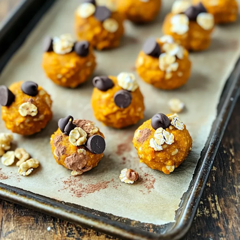 To make Pumpkin Chocolate Chip Energy Bites, you need a few key items. Gather these essential ingredients: - 1 cup rolled oats - 1/2 cup canned pumpkin puree - 1/3 cup almond butter or nut butter These ingredients form the base of your energy bites. The oats give you fiber, while pumpkin adds moisture and nutrients. Almond butter offers healthy fat and protein. Next, you’ll need some sweeteners and spices to enhance the flavor. These ingredients are: - 1/4 cup honey or maple syrup - 1/2 teaspoon cinnamon - 1/4 teaspoon nutmeg - 1/4 teaspoon sea salt The honey or maple syrup provides sweetness. Cinnamon and nutmeg give warmth and depth. Sea salt balances the flavors, making them pop. Now, let’s talk about optional add-ins. These can boost taste and nutrition. Consider these: - 1/2 cup mini chocolate chips - 1/4 cup chopped walnuts or pecans - 1 tablespoon chia seeds Mini chocolate chips add sweetness and fun. Walnuts or pecans give crunch and healthy fats. Chia seeds boost fiber and omega-3s. You can mix and match based on your taste. To start, grab a large mixing bowl. Combine 1 cup of rolled oats, 1/2 cup of canned pumpkin puree, 1/3 cup of almond butter, and 1/4 cup of honey or maple syrup. Mix these ingredients well. Add 1/2 teaspoon of cinnamon, 1/4 teaspoon of nutmeg, and 1/4 teaspoon of sea salt. Keep mixing until the mixture reaches a dough-like consistency. This step is crucial for binding everything together. Next, it’s time to add some fun! Stir in 1/2 cup of mini chocolate chips. If you want a crunch, add 1/4 cup of chopped walnuts or pecans, along with 1 tablespoon of chia seeds if you choose. Make sure everything is evenly mixed. This gives each bite a delicious, rich flavor. Now, refrigerate the mixture for about 30 minutes. This will help it firm up and make it easier to handle. After chilling, scoop out small portions, about 1 tablespoon each. Roll them into bite-sized balls. This step makes them perfect for snacking! Place the energy bites on a baking sheet lined with parchment paper. Enjoy them fresh or store them in an airtight container in the fridge for up to a week. To get the right texture for your energy bites, aim for a dough that sticks together but is not overly wet. If it feels too dry, add a touch more pumpkin or nut butter. If too wet, add a bit more oats. This balance is key! You can also try different nut butters like peanut or cashew. Each will give a unique flavor. Before you shape the bites, refrigerate the mixture for about 30 minutes. This helps firm it up and makes it easier to handle. Another trick is to use damp hands when rolling the bites. This prevents the mixture from sticking to your fingers and helps form perfect balls. To boost the flavor, consider adding spices like ginger or cloves for a warm kick. You can also mix in vanilla extract for a sweeter taste. When it comes to chocolate chips, mini ones work best, but feel free to use dark or milk chocolate for a richer flavor. Each choice adds a special twist to your energy bites. {{image_2}} You can make these bites even better by adding protein powder. This gives a nice boost for energy. Just mix in your favorite flavor. It blends well with pumpkin. Using seeds is another great idea. You can add chia, flax, or pumpkin seeds. They add good fats and fiber. Plus, they give a nice crunch. Want to change the flavor? Try different nut butters! Cashew, peanut, or sunflower seed butter all work great. Each offers a unique taste. So, feel free to experiment. If you want a vegan option, swap honey for agave syrup. It’s a sweet alternative and keeps the bites tasty. You can bake these bites if you prefer. Form them into small balls and place them on a baking sheet. Bake at 350°F for about 10 minutes. This gives a warm, cookie-like treat. Another idea is to make energy bars. Just press the mixture into a lined baking dish. After chilling, cut them into bars. This makes for easy snacking. To keep your pumpkin chocolate chip energy bites fresh, store them in an airtight container. This helps prevent moisture and air from affecting the flavor. In the fridge, they stay fresh for up to a week. If you want a quick snack, just grab one from the container! Freezing is a great way to store these bites for longer. To freeze them properly, place the energy bites in a single layer on a tray. Once they are frozen, transfer them to a freezer-safe bag. When you want to eat them, thaw the bites in the fridge overnight. You can also let them sit at room temperature for a quick snack. For best results, follow these simple tips. Keep your energy bites in a cool, dry place. If they start to smell off or feel sticky, they may have spoiled. Always check for any signs of mold before eating. Enjoy your tasty bites while they are fresh! Yes, you can use fresh pumpkin. Fresh pumpkin gives a brighter flavor and texture. However, you must cook and puree it first. Canned pumpkin is easy and saves time. It has a smooth consistency, which mixes well. Both options work, but canned is more convenient for busy cooks. To make the bites vegan, swap honey for maple syrup. Use almond butter or any nut butter that is vegan. Check labels to ensure no animal products are in your ingredients. These simple changes keep the taste amazing and fit a vegan diet. These energy bites are packed with nutrition. - Rolled oats: Great source of fiber and energy. - Pumpkin puree: Full of vitamins A and C. - Almond butter: Provides healthy fats and protein. - Chia seeds: Offer omega-3 fatty acids and fiber. - Chocolate chips: Add a sweet treat but should be used in moderation. Overall, these bites are tasty and healthy, making them a smart snack choice. You learned how to make tasty Pumpkin Chocolate Chip Energy Bites with simple steps. We covered key ingredients, tips for perfect texture, and variations for every taste. Remember, these bites are easy to customize for fun flavors and health needs. Store them well for fresh snacks on the go. Enjoy creating these delicious bites that fuel your day!