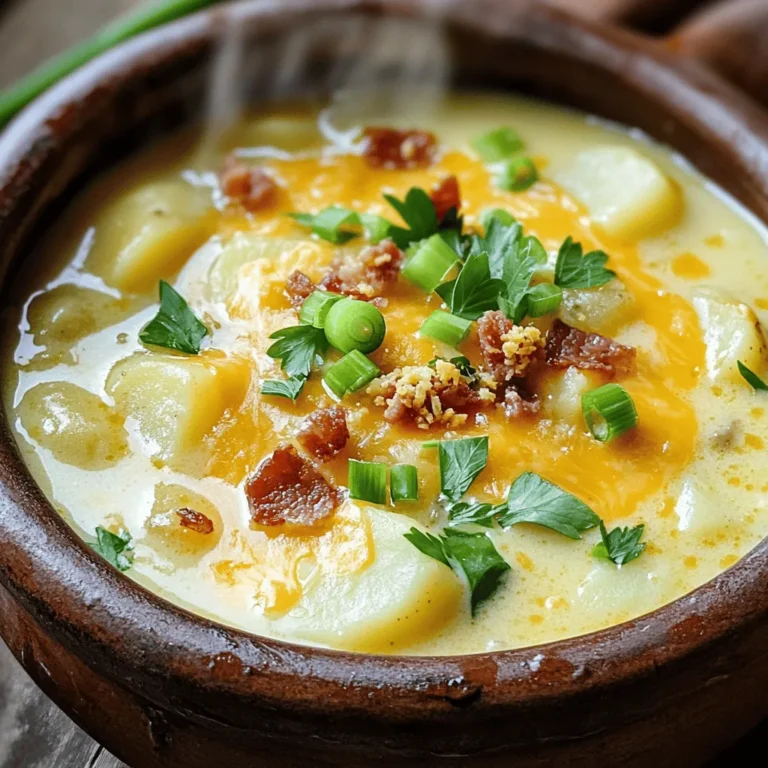 To make a hearty loaded baked potato soup, you need simple ingredients. Here is the list: - 4 large russet potatoes, peeled and diced - 1 medium onion, chopped - 3 garlic cloves, minced - 4 cups low-sodium chicken broth - 1 cup heavy cream - 1 cup sharp cheddar cheese, grated - 1/2 cup sour cream - 1/2 teaspoon smoked paprika - 1/2 teaspoon black pepper - Salt to taste - 6 strips of cooked turkey bacon, crumbled (optional for topping) - 2 green onions, sliced (for garnish) - Fresh parsley, chopped (for garnish) Each ingredient plays a key role. The russet potatoes give a creamy texture. The onion and garlic bring depth of flavor. Low-sodium chicken broth adds a savory base while keeping it light. Heavy cream makes it rich and smooth. Sharp cheddar cheese delivers a bold taste. Spices like smoked paprika and black pepper enhance the overall flavor. Sour cream adds a tangy touch, making it even more delicious. For extra flair, you can top the soup with crumbled turkey bacon, green onions, and parsley. These toppings add color and crunch. Gathering these ingredients will set you up for a cozy dish. Each bite will warm you up and leave you wanting more. - Start by peeling and dicing 4 large russet potatoes. - Chop 1 medium onion into small pieces. - Mince 3 garlic cloves until fine. These steps set the stage for a creamy and delicious soup. Dicing the potatoes gives them a nice size for cooking. The onion and garlic add great flavor to the broth. - In your slow cooker, mix the diced potatoes, chopped onion, minced garlic, and 4 cups of low-sodium chicken broth. Stir it well to combine. - Cover the slow cooker and set it to low. Cook for 6 to 7 hours, or until the potatoes are tender. This method allows the flavors to blend and the potatoes to soften. Cooking on low makes it easy to have a warm meal ready when you are. - After cooking, use a potato masher to mash some of the potatoes. Leave some chunks for texture. - Stir in 1 cup of heavy cream, 1 cup of grated sharp cheddar cheese, and 1/2 cup of sour cream. Add 1/2 teaspoon of smoked paprika, 1/2 teaspoon of black pepper, and salt to taste. Mix until the cheese melts and everything blends together. - Let the soup cook for another 30 minutes on low for a nice heat. - Taste your soup and adjust the seasoning if needed. These final touches enhance the flavor and creaminess. You can then serve it hot, topped with crumbled turkey bacon, sliced green onions, and fresh parsley for that extra flair. Enjoy your cozy delight! To get the right texture, start by mashing your potatoes. Use a potato masher and mash about half of the potatoes. This way, you keep some chunks for a hearty bite. For the best results, check the potatoes after cooking for 6 hours. They should be soft enough to easily mash, but not mushy. Spices can make a big difference. I recommend adding smoked paprika and black pepper for a kick. If you like it cheesy, try using different cheese types. Gouda or Monterey Jack can give a unique twist. Garnishing is key for a beautiful soup. Top your bowls with crumbled turkey bacon and sliced green onions. Fresh parsley will add a pop of color. For sides, consider serving with warm bread or a fresh salad. It makes for a great meal! {{image_2}} You can change the heavy cream and sour cream. Use plain yogurt or coconut cream instead. These options keep the soup rich but lighter. For a vegetarian version, skip the chicken broth. Use vegetable broth instead. This gives great flavor without meat. If you want more protein, add cooked bacon, chicken, or sausage. Crumbled turkey bacon works well for a tasty topping. For a heartier meal, mix in shredded rotisserie chicken. This makes the soup filling and satisfying. You can use seasonal vegetables in your soup. Try adding corn in summer or kale in winter. These choices add color and nutrients. Also, if someone has dietary needs, swap in dairy-free options. This way, everyone can enjoy the soup. To store leftovers, let the soup cool first. Then, place it in an airtight container. I recommend using glass containers for easy heating. Make sure to leave some space at the top, as the soup may expand when frozen. If you want to freeze the soup, use freezer-safe containers. Portion the soup into smaller amounts for easy use. When you are ready to eat, thaw it overnight in the fridge. To reheat, pour the soup into a pot over medium heat. Stir it often until hot. You can also use the microwave, but stir every minute for even heating. In the fridge, the soup lasts about 3 to 4 days. If you freeze it, it can last for up to 3 months. Just make sure it is sealed well to avoid freezer burn. Always check for any off smells or changes in color before eating. Can I use frozen potatoes? Yes, you can use frozen potatoes. They will cook well in the slow cooker. Just add them straight in. Keep in mind, frozen potatoes may take a little longer to cook. How do I thicken the soup? To thicken the soup, mash some of the potatoes in the slow cooker. This gives a creamy texture. You can also add a little more cheese or cream. What can I substitute for chicken broth? You can use vegetable broth for a vegetarian option. Water is another choice, but it may lack flavor. You can also use beef broth for a different taste. Can I make this in a regular pot? Yes, you can use a regular pot on the stove. Just cook on medium heat until the potatoes are tender. Stir often and keep an eye on it. What’s the difference between low and high settings? The low setting cooks food slowly for a longer time. The high setting cooks food faster. Use low for about 6-7 hours and high for 3-4 hours. Can I add additional toppings? Absolutely! You can add crumbled bacon, extra cheese, or even jalapeños. Sliced green onions and fresh parsley also add great flavor and color. Can I make this soup spicy? Yes, you can add spices like cayenne pepper or crushed red pepper. Adjust the amount based on your spice level preference. Enjoy experimenting! This blog post covers how to make loaded baked potato soup. You learned about key ingredients like russet potatoes, cream, and cheese. I shared step-by-step instructions for prepping, cooking, and enhancing flavors. You found tips for texture and creative variations to suit your taste. Proper storage and common questions were also answered. Now, you can enjoy this warm, hearty soup anytime. Try your own twists, and don’t forget those tasty toppings!