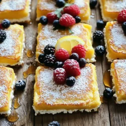 To make these fluffy baked lemon ricotta pancakes, gather the following items: - 1 cup ricotta cheese - 2 large eggs - 1/4 cup granulated sugar - 1 lemon, zested and juiced - 1 teaspoon vanilla extract - 1/2 cup all-purpose flour - 1 teaspoon baking powder - 1/4 teaspoon salt - 1/2 cup milk (or milk alternative) - Cooking spray or butter for greasing - Powdered sugar and fresh berries for serving (optional) You can easily swap some ingredients for others. Here are a few ideas: - Use Greek yogurt instead of ricotta for a tangy flavor. - If you want it dairy-free, try almond milk or oat milk instead of regular milk. - Coconut sugar works well if you prefer a less refined sweetener. - You can replace all-purpose flour with a gluten-free blend to make it gluten-free. Ricotta cheese adds a light, creamy texture to the pancakes. Here are some reasons to include it: - High in Protein: Ricotta is packed with protein, which helps you feel full. - Calcium Source: It offers calcium, which is great for bone health. - Low in Fat: When compared to other cheeses, ricotta is lower in fat. - Versatile Flavor: It pairs well with sweet and savory dishes, making it a great ingredient for many recipes. Using ricotta cheese in pancakes gives them a unique twist and keeps them light and fluffy. Enjoy the delightful taste! To start, gather your ingredients. You will need: - 1 cup ricotta cheese - 2 large eggs - 1/4 cup granulated sugar - 1 lemon, zested and juiced - 1 teaspoon vanilla extract - 1/2 cup all-purpose flour - 1 teaspoon baking powder - 1/4 teaspoon salt - 1/2 cup milk (or milk alternative) - Cooking spray or butter for greasing First, preheat your oven to 375°F (190°C). This step is key for baking. Next, grease your 8x8 inch baking dish with cooking spray or butter. It helps the pancakes not stick. In a large bowl, whisk together the ricotta cheese, eggs, sugar, lemon zest, lemon juice, and vanilla extract. You want this mixture to be smooth and creamy. In another bowl, mix the flour, baking powder, and salt. This helps combine dry ingredients well. Then, slowly fold the dry mix into the ricotta mixture. Be gentle; overmixing makes them dense. Finally, stir in the milk until the batter is smooth. Pour this batter into your greased dish and spread it evenly. Now, it’s time to bake! Place your dish in the preheated oven. Bake for 25 to 30 minutes. You want the pancakes to be set and slightly golden on top. To check, insert a toothpick in the center. If it comes out clean, they are ready. Once done, take them out and let them cool for a few minutes. This helps them set more and makes slicing easier. For light and fluffy pancakes, remember these tips: - Don’t overmix: Gently combine the wet and dry ingredients. This keeps air in the batter. - Check your oven: Every oven is different. Keep an eye on the pancakes to avoid overbaking. - Let them cool: Allowing them to rest a bit helps firm up the texture. If you want a special touch, sprinkle powdered sugar on top before serving. Fresh berries also add color and flavor. Enjoy these delightful pancakes! When making baked lemon ricotta pancakes, avoid these common mistakes: - Overmixing the batter: Mix only until combined. Overmixing makes the pancakes tough. - Not measuring ingredients: Use precise measurements for the best results. A kitchen scale helps. - Skipping the lemon zest: This adds a bright flavor. Don’t leave it out! - Using low-quality ricotta: Choose fresh, creamy ricotta. It makes a big difference in taste and texture. To store leftover pancakes, follow these steps: - Cool completely: Let them cool to room temperature first. - Wrap tightly: Use plastic wrap or place them in an airtight container. This keeps them fresh. - Refrigerate: Store in the fridge for up to three days. When you want to reheat, use these methods: - Microwave: Place on a plate and cover with a damp paper towel. Heat in 30-second intervals until warm. - Oven: Preheat your oven to 350°F (175°C). Wrap pancakes in foil and heat for about 10 minutes. Make your pancakes even better with these ideas: - Powdered sugar: Dust some on top for a sweet touch. - Fresh berries: Add strawberries, blueberries, or raspberries for color and flavor. - Honey or maple syrup: Drizzle on top for extra sweetness. - Greek yogurt: Add a dollop for creaminess and protein. These tips will help you enjoy your baked lemon ricotta pancakes to the fullest! {{image_2}} You can play with flavors in your baked lemon ricotta pancakes. Try adding fresh herbs like basil or mint for a unique twist. A pinch of cinnamon or nutmeg can also add warmth. For a sweeter touch, consider mixing in chocolate chips or diced fruit. Each option brings new joy to every bite. Toppings can make your pancakes shine. Try fresh berries like strawberries or blueberries for brightness. A drizzle of honey or maple syrup adds sweetness. You can also use whipped cream for a creamy finish. For a fun twist, serve with yogurt or a fruit compote. Mix and match to find your favorite combination. If you need gluten-free pancakes, replace all-purpose flour with a gluten-free blend. Almond flour or oat flour can work well, too. For a dairy-free option, swap ricotta with a dairy-free cheese or silken tofu. Adjust the milk to fit your needs. These modifications keep the pancakes delicious and accessible for everyone. To keep your pancakes fresh, place them in an airtight container. Make sure they are cool before sealing. You can store them in the fridge for up to three days. If you want to enjoy them later, freezing is a great option. You can freeze these pancakes for up to two months. Start by letting them cool completely. Then, stack them with parchment paper in between each pancake. Place the stack in a freezer-safe bag. Squeeze out as much air as you can before sealing the bag. This helps prevent freezer burn. To reheat pancakes, you have a few options. The oven is a great choice. Preheat it to 350°F (175°C). Place the pancakes on a baking sheet and cover them with foil. Heat for about 10 minutes. You can also use the microwave. Heat one pancake for about 30 seconds. Check if it’s warm enough. If not, heat for a few more seconds. Enjoy your pancakes warm and fluffy! Yes, you can prepare the batter ahead. Keep it in the fridge for up to one day. Just stir it well before baking. This saves time for busy mornings. You can also bake them and then store. Place them in an airtight container in the fridge. Reheat them in the oven or microwave before serving. You can use mashed banana or unsweetened applesauce. Each egg can be replaced with 1/4 cup of either. This keeps pancakes moist and adds a hint of flavor. Flaxseed meal mixed with water also works well. Mix 1 tablespoon of flaxseed meal with 2.5 tablespoons of water. Let it sit for a few minutes to thicken before adding. The pancakes are done when they are set and golden. Insert a toothpick in the center; it should come out clean. If it has batter on it, bake for a few more minutes. Also, look for a slight puffing and a firm texture. These signs mean your pancakes are ready to enjoy! You’ve learned about key ingredients, step-by-step instructions, and tips for making pancakes. Remember to explore variations to customize your dish and avoid common mistakes for the best results. Proper storage helps keep pancakes fresh. You can make these pancakes ahead or alter ingredients to fit your needs. Experiment with flavors and toppings. Enjoy the process and share your delicious pancakes with others. Now, you have everything you need to create tasty pancakes that impress!