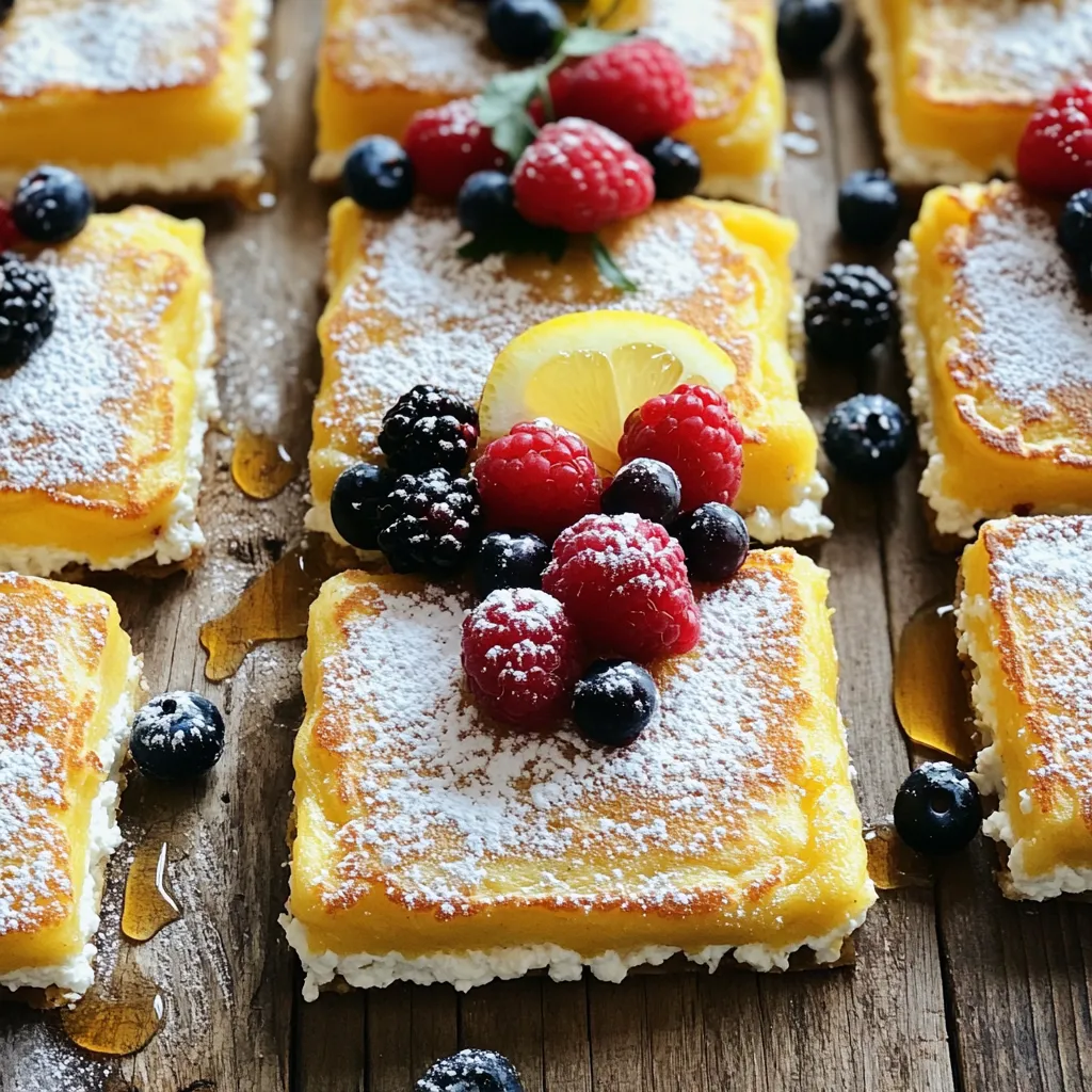 To make these fluffy baked lemon ricotta pancakes, gather the following items: - 1 cup ricotta cheese - 2 large eggs - 1/4 cup granulated sugar - 1 lemon, zested and juiced - 1 teaspoon vanilla extract - 1/2 cup all-purpose flour - 1 teaspoon baking powder - 1/4 teaspoon salt - 1/2 cup milk (or milk alternative) - Cooking spray or butter for greasing - Powdered sugar and fresh berries for serving (optional) You can easily swap some ingredients for others. Here are a few ideas: - Use Greek yogurt instead of ricotta for a tangy flavor. - If you want it dairy-free, try almond milk or oat milk instead of regular milk. - Coconut sugar works well if you prefer a less refined sweetener. - You can replace all-purpose flour with a gluten-free blend to make it gluten-free. Ricotta cheese adds a light, creamy texture to the pancakes. Here are some reasons to include it: - High in Protein: Ricotta is packed with protein, which helps you feel full. - Calcium Source: It offers calcium, which is great for bone health. - Low in Fat: When compared to other cheeses, ricotta is lower in fat. - Versatile Flavor: It pairs well with sweet and savory dishes, making it a great ingredient for many recipes. Using ricotta cheese in pancakes gives them a unique twist and keeps them light and fluffy. Enjoy the delightful taste! To start, gather your ingredients. You will need: - 1 cup ricotta cheese - 2 large eggs - 1/4 cup granulated sugar - 1 lemon, zested and juiced - 1 teaspoon vanilla extract - 1/2 cup all-purpose flour - 1 teaspoon baking powder - 1/4 teaspoon salt - 1/2 cup milk (or milk alternative) - Cooking spray or butter for greasing First, preheat your oven to 375°F (190°C). This step is key for baking. Next, grease your 8x8 inch baking dish with cooking spray or butter. It helps the pancakes not stick. In a large bowl, whisk together the ricotta cheese, eggs, sugar, lemon zest, lemon juice, and vanilla extract. You want this mixture to be smooth and creamy. In another bowl, mix the flour, baking powder, and salt. This helps combine dry ingredients well. Then, slowly fold the dry mix into the ricotta mixture. Be gentle; overmixing makes them dense. Finally, stir in the milk until the batter is smooth. Pour this batter into your greased dish and spread it evenly. Now, it’s time to bake! Place your dish in the preheated oven. Bake for 25 to 30 minutes. You want the pancakes to be set and slightly golden on top. To check, insert a toothpick in the center. If it comes out clean, they are ready. Once done, take them out and let them cool for a few minutes. This helps them set more and makes slicing easier. For light and fluffy pancakes, remember these tips: - Don’t overmix: Gently combine the wet and dry ingredients. This keeps air in the batter. - Check your oven: Every oven is different. Keep an eye on the pancakes to avoid overbaking. - Let them cool: Allowing them to rest a bit helps firm up the texture. If you want a special touch, sprinkle powdered sugar on top before serving. Fresh berries also add color and flavor. Enjoy these delightful pancakes! When making baked lemon ricotta pancakes, avoid these common mistakes: - Overmixing the batter: Mix only until combined. Overmixing makes the pancakes tough. - Not measuring ingredients: Use precise measurements for the best results. A kitchen scale helps. - Skipping the lemon zest: This adds a bright flavor. Don’t leave it out! - Using low-quality ricotta: Choose fresh, creamy ricotta. It makes a big difference in taste and texture. To store leftover pancakes, follow these steps: - Cool completely: Let them cool to room temperature first. - Wrap tightly: Use plastic wrap or place them in an airtight container. This keeps them fresh. - Refrigerate: Store in the fridge for up to three days. When you want to reheat, use these methods: - Microwave: Place on a plate and cover with a damp paper towel. Heat in 30-second intervals until warm. - Oven: Preheat your oven to 350°F (175°C). Wrap pancakes in foil and heat for about 10 minutes. Make your pancakes even better with these ideas: - Powdered sugar: Dust some on top for a sweet touch. - Fresh berries: Add strawberries, blueberries, or raspberries for color and flavor. - Honey or maple syrup: Drizzle on top for extra sweetness. - Greek yogurt: Add a dollop for creaminess and protein. These tips will help you enjoy your baked lemon ricotta pancakes to the fullest! {{image_2}} You can play with flavors in your baked lemon ricotta pancakes. Try adding fresh herbs like basil or mint for a unique twist. A pinch of cinnamon or nutmeg can also add warmth. For a sweeter touch, consider mixing in chocolate chips or diced fruit. Each option brings new joy to every bite. Toppings can make your pancakes shine. Try fresh berries like strawberries or blueberries for brightness. A drizzle of honey or maple syrup adds sweetness. You can also use whipped cream for a creamy finish. For a fun twist, serve with yogurt or a fruit compote. Mix and match to find your favorite combination. If you need gluten-free pancakes, replace all-purpose flour with a gluten-free blend. Almond flour or oat flour can work well, too. For a dairy-free option, swap ricotta with a dairy-free cheese or silken tofu. Adjust the milk to fit your needs. These modifications keep the pancakes delicious and accessible for everyone. To keep your pancakes fresh, place them in an airtight container. Make sure they are cool before sealing. You can store them in the fridge for up to three days. If you want to enjoy them later, freezing is a great option. You can freeze these pancakes for up to two months. Start by letting them cool completely. Then, stack them with parchment paper in between each pancake. Place the stack in a freezer-safe bag. Squeeze out as much air as you can before sealing the bag. This helps prevent freezer burn. To reheat pancakes, you have a few options. The oven is a great choice. Preheat it to 350°F (175°C). Place the pancakes on a baking sheet and cover them with foil. Heat for about 10 minutes. You can also use the microwave. Heat one pancake for about 30 seconds. Check if it’s warm enough. If not, heat for a few more seconds. Enjoy your pancakes warm and fluffy! Yes, you can prepare the batter ahead. Keep it in the fridge for up to one day. Just stir it well before baking. This saves time for busy mornings. You can also bake them and then store. Place them in an airtight container in the fridge. Reheat them in the oven or microwave before serving. You can use mashed banana or unsweetened applesauce. Each egg can be replaced with 1/4 cup of either. This keeps pancakes moist and adds a hint of flavor. Flaxseed meal mixed with water also works well. Mix 1 tablespoon of flaxseed meal with 2.5 tablespoons of water. Let it sit for a few minutes to thicken before adding. The pancakes are done when they are set and golden. Insert a toothpick in the center; it should come out clean. If it has batter on it, bake for a few more minutes. Also, look for a slight puffing and a firm texture. These signs mean your pancakes are ready to enjoy! You’ve learned about key ingredients, step-by-step instructions, and tips for making pancakes. Remember to explore variations to customize your dish and avoid common mistakes for the best results. Proper storage helps keep pancakes fresh. You can make these pancakes ahead or alter ingredients to fit your needs. Experiment with flavors and toppings. Enjoy the process and share your delicious pancakes with others. Now, you have everything you need to create tasty pancakes that impress!